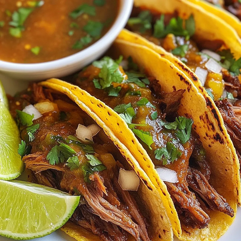 - 2 lbs beef chuck roast, cut into chunks - 5 dried guajillo chilies, stemmed and seeds removed - 3 dried ancho chilies, stemmed and seeds removed - 1 medium onion, chopped - 4 cloves garlic, minced The beef chuck roast gives the tacos rich flavor. The guajillo and ancho chilies add depth. Onions and garlic bring a sweet and savory touch. - 1 teaspoon ground cumin - 1 teaspoon dried oregano - 1 teaspoon black pepper - 1 teaspoon salt Cumin adds warmth, while oregano brings a fresh taste. Black pepper and salt enhance all flavors. These seasonings unite the dish. - 2 cups beef broth - 1 tablespoon apple cider vinegar - 12 small corn tortillas - Fresh cilantro, chopped (for garnish) - Diced onions (for garnish) - Lime wedges (for serving) Beef broth keeps the meat moist and flavorful. Apple cider vinegar adds a tangy kick. Corn tortillas are perfect for holding the beef. Fresh cilantro and diced onions brighten each bite. Lime wedges are great for squeezing over the tacos. {{ingredient_image_1}} To start, I toast the dried chilies. I heat them in a skillet over medium heat. This takes about 2 minutes. I turn them often until they smell great. Next, I soak the chilies in hot water. I let them sit for 15 to 20 minutes. They should soften nicely. Now, I blend the soaked chilies with other ingredients. I put them in a blender with onion, garlic, cumin, oregano, black pepper, salt, beef broth, and apple cider vinegar. I blend it all until the mix is smooth. This is the marinade. I place the beef chunks in a large bowl. I pour the chili marinade over the meat. I make sure all the beef is covered well. I let it marinate for at least 2 hours. For the best flavor, I like to marinate overnight. Next, I preheat my oven to 325°F. I transfer the beef and marinade to a Dutch oven. I cover it tightly with a lid. I bake it for 3 to 4 hours. The meat should be very tender and easy to shred. After the beef cooks, I remove it from the pot. I use two forks to shred the meat. It should fall apart easily. I strain the cooking liquid and save it for later. This will be great for dipping. To make the tacos, I heat some oil in a skillet. I dip each corn tortilla into the reserved cooking liquid. Then, I place shredded beef on one half of the tortilla. I fold it over and cook until crispy, about 2 to 3 minutes on each side. I take the tacos out of the skillet and place them on a plate. I like to garnish them with fresh cilantro and diced onions. I serve the tacos with lime wedges and a bowl of the reserved broth for dipping. Enjoy your delicious Birria Tacos! Marinating your meat overnight gives it deep flavor. This time allows the spices to soak in. If you only marinate for two hours, you miss out on this. Use a zip-top bag for easy coating. Make sure the marinade covers every piece of beef. A Dutch oven is your best friend for braising. It holds heat well and helps tenderize the meat. Keep the lid on tight to trap moisture. Check the temperature after three hours. The beef should easily shred with a fork. If not, give it more time. To crisp tortillas, heat oil in a skillet. Dip each tortilla in the reserved broth. This adds flavor and keeps them soft. Cook each side for two to three minutes. Don’t soak too long; you want them firm. This way, they won’t tear when you fill them. Pro Tips Choose the Right Cut: Beef chuck roast is ideal for birria due to its rich marbling, ensuring tender and flavorful meat after long cooking times. Soak the Chilies: Soaking the dried chilies not only softens them but also enhances their flavor, making your marinade more aromatic and vibrant. Let It Marinate: Marinating overnight allows the beef to absorb the flavors of the spices and chilies, resulting in a more robust taste. Make It Crispy: For extra texture, fry the tacos in a bit of oil after dipping in the broth; this will create a delightful crispy exterior. {{image_2}} You can switch up the meat in birria tacos. Instead of beef, use lamb for a richer taste. Lamb brings its own unique flavor. Chicken is another great option. It cooks faster and is lighter. For a vegetarian version, try jackfruit or mushrooms. Both options soak up flavors well. They make a hearty and tasty filling. To make your birria tacos even better, add spices. Smoked paprika gives a nice depth. It adds a subtle smokiness that pairs well with the chilies. Roasted tomatoes can also enhance the dish. They add sweetness and richness. Blend them into your chili paste for a fuller flavor. These simple additions can elevate your tacos to new heights. You can serve birria tacos in different ways. Try a burrito-style taco. Just wrap the filling in a larger tortilla. It makes for a filling meal. You can also experiment with toppings from around the world. Add kimchi for a spicy twist, or fresh salsa for brightness. Each variation brings its own flair to the dish. Enjoy the fun of mixing cultures in your cooking! To keep your leftover Birria tacos fresh, use airtight containers. Glass or plastic containers work well. Store them in the fridge. The tacos stay good for up to three days. If you want to keep them longer, freezing is a great option. You can freeze the cooked beef and tortillas separately. Wrap the beef tightly in plastic wrap or foil before placing it in a freezer bag. For tortillas, stack them with parchment paper between each one. This helps keep them from sticking. When you’re ready to eat, thaw the beef in the fridge overnight. For the tortillas, let them thaw at room temperature. The best way to reheat tacos is in a skillet. Heat it on medium. Add a little oil for crispiness. Place the tacos in the skillet for 2-3 minutes on each side. This keeps them crunchy. You can also microwave the beef, but it may make the tortillas soft. If you prefer crispy tacos, stick to the skillet method. Birria tacos come from Mexico, specifically Jalisco. They use a rich meat stew as a filling. Traditionally, birria is made with goat meat. Today, beef is popular too. The dish has roots in special events and celebrations. Over time, it became a street food favorite. People love the juicy meat and savory flavors. The tacos are often served with broth for dipping. To make your birria tacos spicy, choose hot chilies. Guajillo and ancho chilies offer mild heat. For more spice, add dried chipotle or arbol chilies. Adjust the amount based on your taste. Start with one or two if you’re unsure. Taste the marinade before adding more. This way, you keep control over the heat level. You can use store-bought tortillas for convenience. They save time and effort. Look for fresh corn tortillas for the best taste. However, homemade tortillas can taste better. Store-bought may have preservatives. Fresh tortillas can enhance the flavor of your tacos. Choose what fits your schedule and taste. Birria tacos can last up to three days in the fridge. Store them in an airtight container. Keep the filling separate from the tortillas. This helps the tortillas stay crispy. If you want to keep them longer, freeze the filling. Frozen birria can last up to three months. Birria tacos pair well with many side dishes. Try refried beans or Mexican rice. A fresh salad adds a nice crunch. For drinks, consider a cold horchata or agua fresca. Lime wedges add brightness to the meal. These pairings enhance the flavors of the tacos. Birria tacos combine bold flavors and simple steps. We explored key ingredients, like beef chuck and dried chilies, and how to create a rich chili paste. You learned about marinating beef for maximum flavor and tips on cooking and serving delicious tacos. In the end, experimenting with variations opens the door to unique tastes. Whether using different meats or spices, the possibilities are endless. Enjoy this tasty dish with friends and family!