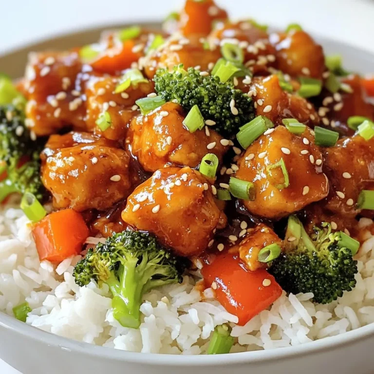- 2 lbs boneless, skinless chicken thighs - ½ cup soy sauce - ¼ cup hoisin sauce - ¼ cup sweet chili sauce - 2 tablespoons rice vinegar - 1 tablespoon sesame oil - 3 cloves garlic, minced - 1-inch piece fresh ginger, grated - 1 red bell pepper, chopped - 1 cup broccoli florets - 2 tablespoons cornstarch - 1 tablespoon water - 2 green onions, chopped (for garnish) - Toasted sesame seeds (for garnish) Gather these ingredients to make a delicious general Tso's chicken. Start with the chicken thighs; they stay juicy and tender. The soy sauce adds saltiness, while hoisin sauce brings sweet and savory notes. Sweet chili sauce adds a hint of heat, balanced by rice vinegar's tang. Finally, sesame oil rounds out the flavors with a nutty aroma. For aromatics, garlic and ginger are key. They create a rich base for the dish. The red bell pepper and broccoli not only add color but also bring crunch and nutrition. Together, these ingredients form a delightful blend that makes this meal a favorite at home. To thicken the sauce, cornstarch mixed with water works wonders. It gives the dish a luscious texture. Garnish with green onions and toasted sesame seeds to add freshness and crunch. These small touches elevate your meal, making it look and taste gourmet. Enjoy your cooking! {{ingredient_image_1}} To start, gather your ingredients for the sauce. In a large bowl, mix together: - ½ cup soy sauce - ¼ cup hoisin sauce - ¼ cup sweet chili sauce - 2 tablespoons rice vinegar - 1 tablespoon sesame oil - 3 cloves garlic, minced - 1-inch piece fresh ginger, grated Stir these ingredients well. This blend adds depth and sweetness to the dish. Next, place 2 lbs of boneless, skinless chicken thighs into the crockpot. Pour the sauce mixture over the chicken. Stir to coat each piece well. Now, set your crockpot. You can choose to cook on low for 4-6 hours or on high for 2-3 hours. The longer cook time makes the chicken very tender. About 30 minutes before serving, add the chopped red bell pepper and 1 cup of broccoli florets to the crockpot. This timing lets the veggies steam while soaking up the sauce's flavor. To thicken the sauce, mix 2 tablespoons of cornstarch with 1 tablespoon of water in a small bowl. Stir this slurry into the crockpot. Cook for an additional 10-15 minutes. This step gives your dish a nice, glossy finish. Once everything is cooked, stir gently. This meal is perfect over a bed of rice or noodles. Enjoy your flavorful homemade General Tso's Chicken! To get the best tender chicken, marinate it well. Marinating helps the chicken soak in all the flavors. I recommend marinating the chicken for at least 30 minutes. If you have more time, let it sit longer in the fridge. Cooking times are also key. For juicy chicken, cook on low for 4-6 hours. If you're short on time, you can cook on high for 2-3 hours. Just make sure it's fully cooked and tender before serving. To boost the flavor of your General Tso's chicken, consider adding spices. A dash of red pepper flakes can give it some heat. You can also try a splash of orange juice for a bit of sweetness. If you like it sweeter, add more sweet chili sauce. For extra depth, a hint of five-spice powder can work wonders. Feel free to mix and match to find your favorite taste. When it comes to serving, presentation matters. Serve the chicken over a bed of fluffy rice or noodles. This makes for a hearty meal. For an attractive plate, add the steamed red bell pepper and broccoli on top. Garnish with chopped green onions and a sprinkle of toasted sesame seeds. These small touches make the dish pop. You might also want to include extra steamed veggies on the side for color and nutrition. Pro Tips Marinate for More Flavor: For an even richer taste, marinate the chicken in the sauce mixture for at least 30 minutes before cooking. Use Fresh Ingredients: Fresh garlic and ginger will enhance the flavor profile of the dish significantly, so opt for fresh rather than pre-minced versions. Add Heat if Desired: If you enjoy a spicier kick, consider adding a teaspoon of red pepper flakes or some sliced fresh chili peppers to the sauce mixture. Pair with Perfect Sides: Serve with steamed jasmine rice or lo mein noodles, and consider a side of stir-fried vegetables for a balanced meal. {{image_2}} You can swap ingredients to suit your taste. For the sauces, try coconut aminos instead of soy sauce for a milder flavor. If you want a vegan option, use firm tofu instead of chicken. You can also use chicken breasts if you prefer a leaner cut. Just remember to adjust cooking times. You can cook General Tso's chicken in an Instant Pot. This method saves time. Cook on high pressure for 10 minutes, then let it naturally release for 10 minutes. This gives you tender chicken and thick sauce. The flavors still shine through, just like the crockpot version. For a gluten-free meal, use tamari in place of soy sauce. You can also find gluten-free hoisin sauce. To make it low-sodium, look for low-sodium soy sauce and reduce the amount of added salt. These small changes keep the dish tasty and healthy. To keep your General Tso's chicken fresh, store it in airtight containers. Divide it into smaller portions for easy access. Let it cool down before sealing, then refrigerate. If you want to keep it longer, freeze it in freezer-safe bags. Remove as much air as you can to prevent freezer burn. This will help keep the flavors intact. You can reheat General Tso’s chicken easily. For the microwave, place your portion in a bowl. Cover it with a lid or a damp paper towel. Heat it for about 1-2 minutes, stirring halfway through. If you prefer the stove, add a little water in a pan. Heat it on medium-low, stirring often until warm. This keeps it juicy and tasty. In the fridge, your dish stays good for about 3-4 days. Just make sure it is in a sealed container. For the freezer, it can last up to 2-3 months. After that, the quality may drop. Always check for any off smells or changes in color before eating. You can pair this dish with many tasty sides. Here are some great options: - Steamed white rice - Fried rice - Noodles (like lo mein or chow mein) - Fresh spring rolls - Stir-fried vegetables - A simple salad with sesame dressing These sides balance the flavors of the General Tso’s chicken. They add a nice crunch and freshness to your meal. Yes, you can prep this dish ahead of time. Here are some tips: - Marinate the chicken: You can combine the chicken and sauce in the crockpot and let it marinate overnight in the fridge. This helps deepen the flavor. - Store veggies separately: Keep the chopped bell pepper and broccoli in a container. Add them to the crockpot later for the best texture. - Leftover storage: After cooking, let the chicken cool. Store leftovers in airtight containers in the fridge for up to 3 days. Making this ahead saves time and lets flavors meld together. Check if the chicken is fully cooked by using these tips: - Use a meat thermometer: Check the internal temperature. It should reach 165°F (75°C). - Check the color: The chicken should be white, not pink. Juices should run clear. - Shred test: If you can shred the chicken easily with a fork, it’s done. Always ensure your chicken is safe to eat. Enjoy your meal with peace of mind! This blog post covered the essentials for making Crockpot General Tso’s Chicken. We explored key ingredients like tender chicken, savory sauces, and fresh veggies. I shared step-by-step instructions to help you cook it perfectly every time. Don’t forget to try my tips for flavor and serving! With the right knowledge, you can enjoy a delicious meal that fits your taste. Enjoy your cooking adventure!