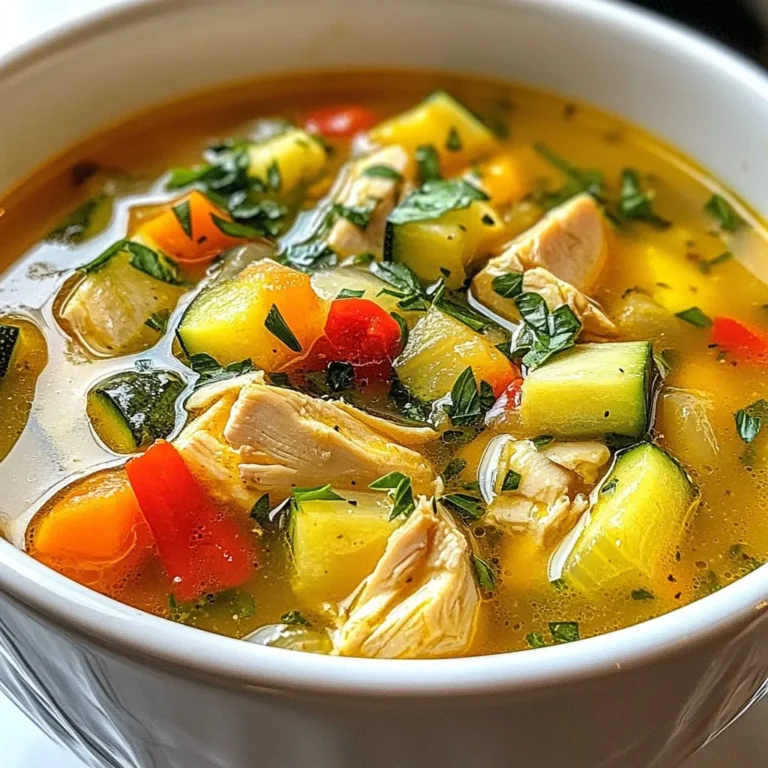 To make a hearty Sicilian chicken soup, you need a few key ingredients. Here’s what you'll need: - 1 lb skinless chicken thighs, cubed - 1 medium onion, diced - 2 cloves garlic, minced - 2 large carrots, sliced - 2 celery stalks, minced - 1 zucchini, diced - 1 cup canned chickpeas, rinsed and drained - 4 cups chicken broth - 1 can (14 oz) diced tomatoes - 1 teaspoon oregano - 1 teaspoon basil - 1 teaspoon red pepper flakes (optional, for heat) - Salt and pepper to taste - 2 tablespoons olive oil - Fresh parsley, chopped, for garnish - Juice of 1 lemon Each ingredient plays a special role in this soup. The chicken thighs provide protein and rich flavor. The vegetables add color and texture. Chickpeas lend a nice creaminess, while the spices bring warmth and depth. Using fresh herbs like parsley at the end adds a burst of freshness. Feel free to customize this list based on what you have. You can swap chicken for turkey or even tofu. Use whatever vegetables are in season or what you enjoy. This soup is flexible and fun to make! {{ingredient_image_1}} 1. Sautéing the vegetables: Start by heating olive oil in a large pot over medium heat. Add the diced onion and sauté until it turns translucent, about 5 minutes. This step builds a flavor base for your soup. Next, stir in the minced garlic, sliced carrots, and minced celery. Cook for another 3 to 4 minutes until the vegetables soften slightly. 2. Browning the chicken thighs: Now, it's time to add the cubed chicken thighs to the pot. Stir the chicken until it browns on all sides, which should take about 5 to 7 minutes. This step locks in the juices and flavors. 3. Combining the broth and vegetables: Pour in the chicken broth and canned diced tomatoes. Give everything a good stir to mix all the ingredients well. This forms the heart of your soup, rich and hearty! 4. Simmering for optimal flavor: Next, add the diced zucchini and rinsed chickpeas. Sprinkle in the oregano, basil, and optional red pepper flakes for heat. Season the mix with salt and pepper to taste. Bring the soup to a simmer and let it cook for 25 to 30 minutes. This allows the flavors to blend perfectly and the chicken to become tender. - Ensuring chicken remains tender: To keep the chicken juicy, avoid cooking it on high heat. Browning it slowly helps maintain its moisture. - Achieving the perfect vegetable texture: Cut the vegetables into uniform sizes. This ensures even cooking. Softer veggies like zucchini can be added later in the process, so they don’t overcook. To make your Sicilian chicken soup even better, try adding more herbs and spices. Fresh herbs like thyme or rosemary can add depth. You can also mix in spices like cumin for warmth. These small changes can create big flavor differences. Another way to boost flavor is to balance acidity with lemon juice. Lemon juice brightens the soup and enhances its taste. Just add the juice at the end for a fresh kick. You can cook this soup on the stovetop or use a slow cooker. The stovetop method is quick and easy, taking about 45 minutes. Simply follow the steps as written. If you prefer a slow cooker, just add all ingredients and let it cook on low for 6-8 hours. This method allows the flavors to develop more fully over time. If you want to make a bigger batch, just double the recipe. Make sure to adjust the pot size. A larger pot will help all ingredients cook evenly. This soup freezes well, so you can save leftovers for later. Pro Tips Marinate the Chicken: For extra flavor, marinate the chicken thighs in olive oil, garlic, and herbs for at least 30 minutes before cooking. Use Homemade Broth: If possible, use homemade chicken broth for a richer flavor and more nutrients in your soup. Add Greens: Consider adding fresh spinach or kale during the last few minutes of cooking for an additional nutrient boost. Adjust Seasoning: Taste the soup before serving and adjust the seasoning as necessary, especially after adding lemon juice. {{image_2}} You can easily switch out the chicken for turkey or tofu. Turkey gives a nice twist, while tofu is great for a vegetarian option. I love using seasonal veggies as well. In winter, add hearty root vegetables like parsnips. In summer, fresh tomatoes and bell peppers shine. These swaps keep the soup fresh and exciting. To make this soup gluten-free, use gluten-free broth. You can also skip the chickpeas if you prefer. For a vegetarian version, replace chicken with more veggies or chickpeas. For vegan options, use vegetable broth and skip any animal products. You can still enjoy this soup while meeting different diet needs. To store Sicilian chicken soup, let it cool first. Transfer it to a sealed container. Make sure to refrigerate within two hours of cooking. The soup will stay fresh for about three to four days. When ready to eat, stir well and reheat it on the stove. This keeps the flavors bright and tasty. If you notice any off smells, it’s best to toss it. To freeze your soup, let it cool completely. Pour it into freezer-safe containers. Leave some space at the top for expansion. Seal tightly and label with the date. The soup can freeze for up to three months. To reheat, thaw it overnight in the fridge. Heat it gently on the stove over low to medium heat. Stir it often for even warming. If the texture seems off, add a splash of chicken broth to restore creaminess. This keeps your soup delicious and comforting, just like fresh! Sicilian Chicken Soup is a warm and hearty dish. It blends rich flavors and textures. This soup reflects Sicily's love for fresh ingredients. The mix of chicken, vegetables, and spices offers comfort. Many families enjoy it during chilly evenings. It symbolizes home and togetherness in Sicilian culture. You can find variations across Italy, each with a unique twist. If you want more heat, add red pepper flakes. Start with half a teaspoon. Taste the soup and add more if needed. You can also use fresh chili peppers. Slice them and add them when cooking the garlic. Another option is to stir in hot sauce at the end. This lets you control the spice level perfectly. Yes, you can make this soup ahead of time. It actually tastes better after resting. Allow the flavors to meld overnight in the fridge. Store in an airtight container to keep it fresh. When you’re ready, reheat on the stove. Add a splash of broth if it thickens too much. You can also freeze it for up to three months. Just remember to cool it completely before freezing. This blog covered how to make a delicious Sicilian chicken soup. We discussed key ingredients, step-by-step instructions, and cooking tips to ensure great flavor and texture. You can customize the soup with swaps for proteins or veggies and adjust it for special diets. Proper storage makes it easy to enjoy leftovers. If you have more questions, check out our FAQs for extra tips. Enjoy your cooking journey and savor the warm, tasty soup!