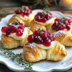 For Cranberry Cream Cheese Crescent Bites, you will need: - 1 can (8 oz) refrigerated crescent roll dough - 4 oz cream cheese, softened - 1/4 cup canned whole cranberry sauce - 1 tablespoon honey - 1/2 teaspoon vanilla extract - 1/4 teaspoon cinnamon - 1 egg, beaten (for egg wash) - Powdered sugar (for dusting) - Fresh thyme leaves (for garnish) These ingredients work well together to create a sweet and savory bite. You can easily swap some ingredients if needed: - Use Greek yogurt instead of cream cheese for a lighter option. - If you want a sugar-free option, choose sugar-free cranberry sauce. - Maple syrup can replace honey for a different sweet flavor. - Use store-bought puff pastry if you cannot find crescent roll dough. These swaps keep the flavor while fitting your diet. Garnishes add a nice touch: - Fresh thyme leaves give a pop of color and flavor. - A sprinkle of chopped walnuts or pecans adds crunch. - You can also use a drizzle of balsamic glaze for a gourmet touch. These garnishes make your bites look fancy and taste even better. {{ingredient_image_1}} To start, gather all your ingredients. This will make cooking easier and more fun. Preheat your oven to 375°F (190°C). Line a baking sheet with parchment paper. This helps keep your bites from sticking. Next, take a medium bowl. Add softened cream cheese, honey, vanilla extract, and cinnamon. Mix these until smooth and creamy. Now, unroll the crescent roll dough. It comes in a can, so be careful when you pop it open. Separate the dough into triangles along the perforated lines. Each triangle is ready for filling. Spoon about a tablespoon of your cream cheese mix onto the wide end of each triangle. On top of that, add a small dollop of cranberry sauce. This adds a sweet and tart flavor. Roll the crescent dough from the wide end to the pointed end. Make sure to seal the filling inside. Place the rolled crescents on your prepared baking sheet. Leave some space between each to allow for rising. Brush the tops with the beaten egg. This will give them a nice golden color when baked. Now, it’s time to bake! Place the baking sheet in your preheated oven. Bake for 12 to 15 minutes. Keep an eye on them; you want them golden brown. Once they’re done, take them out of the oven. Let them cool slightly before serving. Before serving, dust your crescent bites with powdered sugar. This adds a lovely touch. Garnish with fresh thyme leaves for color and flavor. It looks pretty and tastes great! These bites are perfect for holiday gatherings. Serve them warm for the best taste. Enjoy the smiles they bring to your table! To get golden crescents, preheat your oven to 375°F (190°C). This hot oven helps the dough rise and brown well. Brush the tops with the beaten egg. This gives them a nice shine and color. Space them evenly on the baking sheet. This allows hot air to flow around each one. Bake for 12 to 15 minutes. Keep an eye on them to avoid burning. They are done when they are a deep golden brown. The smell of baking crescents is simply amazing! You can play with flavors in many ways. Try adding a bit of orange zest to the cream cheese mix. This gives a bright taste that pairs well with cranberry. You can also use different jams. Raspberry or cherry jams work nicely too. If you like nuts, chop some walnuts or pecans. Sprinkle them on top of the cream cheese before rolling. This adds crunch and depth. Explore these ideas to keep your bites fresh and fun! You can make these bites ahead of time, which is great for busy days. Prepare the cream cheese filling and chill it. You can roll the crescents and freeze them before baking. Just place them in a single layer on a baking sheet first. Once frozen, transfer them to a freezer bag. When you want to bake them, no need to thaw. Just brush with egg and bake for a few extra minutes. This way, you have tasty bites ready when guests arrive! Pro Tips Use Cold Cream Cheese: For a smoother mixture, ensure your cream cheese is at room temperature before mixing. This will help it blend easily with the other ingredients. Don't Overfill: Be mindful not to overfill the crescent rolls with the cream cheese mixture and cranberry sauce; otherwise, they may burst during baking. Watch the Bake Time: Keep an eye on the bites in the oven, as baking times may vary by oven. Look for a golden brown color for the perfect finish. Experiment with Flavors: Feel free to add other spices like nutmeg or swap the cranberry sauce for other fruit preserves to customize your bites! {{image_2}} You can change the flavor of your bites easily. Instead of cream cheese, try goat cheese for a tangy twist. Swap out the canned cranberry sauce for homemade cranberry relish to brighten the taste. If you like a bit of heat, add a dash of jalapeño jelly on top of the cream cheese mix. You can even use different herbs, like rosemary or sage, to give your bites a unique touch. To make these bites vegetarian, keep the cream cheese and honey. For a vegan option, use vegan cream cheese and maple syrup instead of honey. You can also skip the egg wash, or replace it with a plant-based milk wash for color. These swaps keep the bites tasty while fitting different diets. These bites fit many occasions. For casual get-togethers, serve them warm on a platter. Add a bowl of cranberry sauce for dipping. If you're hosting a fancy dinner, arrange them on a tiered stand. Dust the tops with powdered sugar for a pretty touch. For holiday parties, sprinkle fresh thyme leaves on top for a festive look. These ideas make your Cranberry Cream Cheese Crescent Bites shine at any event! To store leftover Cranberry Cream Cheese Crescent Bites, place them in an airtight container. Make sure they cool completely before sealing. This helps keep them fresh and prevents sogginess. You can also wrap them tightly in plastic wrap. Store them in the fridge for up to three days. Reheating is easy! Preheat your oven to 350°F (175°C). Place the bites on a baking sheet. Heat them for about 10 minutes. This warms them through and makes them crispy again. You can microwave them too, but they may get a bit soft. These bites are best fresh but can be frozen. If you want to freeze them, wrap each bite in plastic wrap. Then, place them in a freezer bag. They can last up to three months in the freezer. When you’re ready to enjoy them, thaw in the fridge overnight. Reheat as mentioned above for delicious results! Yes, you can use fresh cranberries. First, cook them with sugar and water. Simmer until they burst and thicken. This makes a great fresh sauce. Fresh sauce gives a bright taste and fun texture. You can also add spices for extra flavor. To make these bites gluten-free, swap the crescent roll dough. Use gluten-free dough from a store. Or, you can make your own if you like baking. Just follow the same steps as the regular dough. This way, everyone can enjoy these tasty bites. These bites are perfect for many occasions. They shine at holiday parties. Serve them at family gatherings or potlucks. Their sweet and savory flavor fits any festive table. You can also enjoy them for brunch or casual get-togethers. Guests will love these little treats! This post covered ingredients, step-by-step instructions, and tips for making delicious Cranberry Cream Cheese Crescent Bites. You learned about key ingredients, substitutions, and garnishes. I provided baking tips, serving ideas, and storage advice. These bites are versatile and great for many occasions. With a few simple changes, you can make them your own. Get ready to impress your guests with ease. Enjoy making these tasty treats!