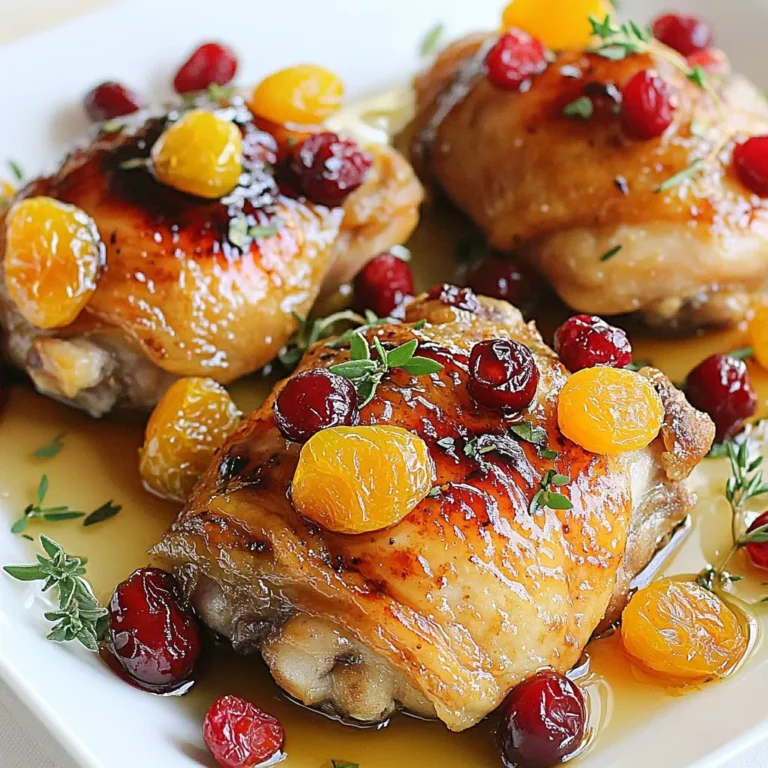- 4 boneless, skinless chicken thighs - 1 cup fresh or frozen cranberries - 1/2 cup chopped dried apricots - 1/4 cup honey - 2 tablespoons balsamic vinegar - 2 tablespoons olive oil - 1 teaspoon garlic powder - 1 teaspoon onion powder - 1/2 teaspoon black pepper - 1/4 teaspoon salt - Fresh thyme leaves for garnish To make Sweet and Savory Cranberry Apricot Chicken, you need basic but tasty ingredients. The chicken thighs are the star. They stay juicy and soak up flavors well. I use fresh or frozen cranberries. They add a nice tart taste. Dried apricots bring sweetness and chewiness to the dish. Honey is key. It balances the tartness of the cranberries and the sour balsamic vinegar. Olive oil helps keep the chicken moist. Garlic and onion powders add depth. Finally, black pepper and salt boost all the flavors. Fresh thyme leaves give a fresh touch when serving. Gather these items before you start cooking. Having everything ready makes cooking smoother. You’ll enjoy the process and the final dish! {{ingredient_image_1}} Set your oven to 375°F (190°C). This temperature helps the chicken cook evenly. In a mixing bowl, combine the honey, balsamic vinegar, olive oil, garlic powder, onion powder, black pepper, and salt. Stir well to mix all the flavors together. This marinade will give your chicken a sweet and tangy taste. Take the chicken thighs and place them in a large resealable plastic bag or a shallow dish. Pour the marinade over the chicken. Make sure each piece is well coated. Seal the bag or cover the dish. Refrigerate for at least 30 minutes or up to 2 hours. The longer you marinate, the more flavor the chicken will have. In a separate bowl, toss together the cranberries and chopped apricots. This fruity mix will add a nice balance to the savory chicken. You want the sweet and tart flavors to blend. Transfer the marinated chicken to a baking dish. Sprinkle the cranberry-apricot mix evenly over the top of the chicken thighs. Pour any leftover marinade over everything. This adds more moisture and flavor during baking. Bake the dish in the preheated oven for 30-35 minutes. Check that the chicken reaches an internal temperature of 165°F (75°C). The cranberries will burst open, creating a tasty sauce. After baking, allow the chicken to rest for 5 minutes. This helps keep the juices inside. Serve warm, spooning the cranberry-apricot mixture over the chicken. Enjoy the sweet and savory goodness! To get the best flavor, marinate the chicken for at least 30 minutes. If you have time, try to marinate it for up to 2 hours. This lets the chicken soak up all the tasty flavors from the marinade. If you want more flavor, add fresh herbs like rosemary or thyme to the marinade. You can cook this chicken in different ways. Grilling adds a nice smoky flavor. Just make sure to keep an eye on it so it doesn't dry out. Slow cooking is another great option. It makes the chicken very tender, and the flavors blend well. Cook on low for about 4 hours, or until the chicken is done. If you don’t have honey, you can use maple syrup or agave nectar. They give a similar sweetness. For apricots, try dried peaches or figs. If you prefer a different protein, turkey thighs work well too. Just adjust the cooking time as needed. Pro Tips Marination Time: The longer you marinate the chicken, the more flavorful it will be. Aim for at least 2 hours, or even overnight for best results. Fresh vs. Frozen Cranberries: If using frozen cranberries, there is no need to thaw them before adding them to the dish; they will cook perfectly in the oven. Thickening the Sauce: If you prefer a thicker sauce, you can remove the chicken once cooked and simmer the sauce on the stovetop for a few minutes until it reduces to your liking. Serving Suggestions: This dish pairs beautifully with a side of wild rice or quinoa, which will absorb the delicious sauce and enhance the overall meal. {{image_2}} You can spice up this dish easily. Just add a sprinkle of cayenne or chili flakes. This will bring warmth and kick to the sweet flavors. Start with a small amount, then taste. Adjust the heat to your liking. Don’t feel limited to just cranberries and apricots. You can mix in other fruits too! Try peaches for a juicy twist or apples for a crunchy bite. Each fruit adds its own special touch to the dish. What can you serve with this chicken? Rice is always a good choice. It absorbs the tasty sauce well. Mashed potatoes also work great, giving a creamy contrast. You might even try a fresh salad for a crisp side. Each option can make your meal feel special! To store leftovers, let the chicken cool down first. Place the chicken and fruit mixture in an airtight container. This keeps the flavors fresh. You can store it in the fridge for up to three days. Make sure to cover it tightly to prevent odors from other foods. If you want to keep the dish longer, freezing works well. Place the chicken and cranberry-apricot mix in a freezer-safe bag or container. Remove as much air as possible to avoid freezer burn. You can freeze it for up to three months. When you're ready to eat, thaw it in the fridge overnight. To reheat, use the oven for the best results. Preheat it to 350°F (175°C). Place the chicken in an oven-safe dish, cover with foil, and heat for about 20 minutes. Check that it reaches 165°F (75°C) inside. This keeps the chicken juicy and flavorful. You can also microwave it, but use medium heat and check often to avoid drying it out. You can serve this dish with rice or mashed potatoes. These sides soak up the tasty sauce well. A fresh green salad or steamed vegetables also add a nice crunch. Choose sides that balance the sweet and savory flavors. Yes, you can use bone-in chicken thighs. Just adjust the cooking time. Bone-in thighs take longer to cook than boneless ones. Make sure they reach an internal temperature of 165°F (75°C) to be safe. Marinate the chicken for at least 30 minutes. For better flavor, try to marinate for up to 2 hours. This time allows the chicken to absorb the sweet and tangy marinade well. Yes, you can prepare this dish ahead of time. Marinate the chicken and store it in the fridge. You can bake it later when you're ready to eat. This makes it a great option for busy days. A light white wine pairs nicely with this dish. Try a Sauvignon Blanc or a Pinot Grigio. Both wines enhance the sweet and savory notes of the chicken and sauce. This recipe for Sweet and Savory Cranberry Apricot Chicken combines simple ingredients for a delicious meal. You learned how to prepare the marinade, bake the chicken, and mix in fruits for added flavor. I hope these tips help you make it your own. Don’t shy away from trying different fruits or cooking methods. This dish is all about your taste. Enjoy every bite and share it with friends or family!