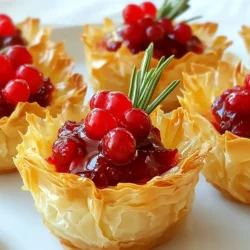 - Phyllo pastry sheets - Fresh cranberries - Sugar - Water - Orange zest - Brie cheese - Fresh rosemary - Egg (for egg wash) - Salt and pepper - Optional honey Gather these fresh ingredients to make your phyllo bites shine. Phyllo pastry sheets are light and flaky. They create a crisp texture that pairs well with creamy Brie. Fresh cranberries give a tart kick to balance the rich cheese. Sugar and water are key to making a sweet cranberry sauce. Orange zest adds a bright flavor that complements the dish. Cut your Brie cheese into small cubes. This makes it easy to fit inside the phyllo cups. Fresh rosemary adds a nice herbal touch. It brings a fragrant aroma to the bites. You will need one egg for an egg wash. This will help the pastry get a golden color. Don't forget to season with salt and pepper. They enhance all the flavors. If you like a hint of sweetness, honey is a great option. It adds a lovely drizzle on top. With these ingredients, you can create a delightful treat. Enjoy the process of making these tasty bites! {{ingredient_image_1}} To start, gather your fresh cranberries, sugar, water, and orange zest. Place them in a medium saucepan. Cook on medium heat for about 10 minutes. Stir occasionally as the cranberries burst. You want the mixture to thicken nicely. Once done, remove it from heat and let it cool. This sweet-tart sauce is the star of your bites. Now, let’s work on the phyllo pastry. Unroll the sheets on a clean surface. It’s key to keep the sheets covered with a damp cloth to stop them from drying out. Take one sheet and brush it lightly with melted butter or olive oil. Layer a second sheet on top. Repeat this step until you have 3-4 sheets stacked. This layering gives your bites a crispy texture. Next, we will cut and shape the pastry. Use a sharp knife or pizza cutter to slice the layered phyllo into squares, about 3 inches by 3 inches. Gently press each square into a muffin tin cup. This creates little cups for your filling. Make sure to press them in well to hold the shape. Before baking, preheat your oven to 375°F (190°C). Line a baking sheet with parchment paper. Now, let’s fill those phyllo cups! Place a small cube of Brie cheese at the bottom of each cup. Add a spoonful of your cooled cranberry sauce on top. Sprinkle with chopped rosemary and season lightly with salt and pepper. Brush the edges of the phyllo cups with the beaten egg. This gives them a beautiful golden color. Bake them for 15-20 minutes. Keep an eye on them; they should turn golden brown and crispy when done. Enjoy the wonderful aroma that fills your kitchen! To make your cranberry sauce just right, you might want to adjust the sweetness. If you like it sweeter, add more sugar. You can also use honey or maple syrup for a different flavor. For a twist, try adding a splash of orange juice or a pinch of cinnamon. These options can bring out new tastes in your sauce. When you have leftover phyllo sheets, store them well. Wrap them tightly in plastic wrap to keep them fresh. If you don't, they can dry out and become hard to work with. A common mistake is not using enough layers. Phyllo needs layers to stay crispy when baked. Aim for three to four sheets for each cup to get that nice crunch. Pair these phyllo bites with a refreshing salad or a glass of bubbly drink. The sweet and savory mix shines next to a light dish. For a festive touch, arrange the bites on a colorful platter. You can add herbs or edible flowers for a beautiful look. Drizzling honey on top adds a sweet finish and makes them shine. Pro Tips Use Fresh Cranberries: For the best flavor, opt for fresh cranberries over canned sauce. They provide a tartness that balances beautifully with the creamy Brie. Keep Phyllo Covered: Always keep your phyllo dough covered with a damp cloth while you work to prevent it from drying out and becoming brittle. Experiment with Cheese: While Brie is classic, feel free to experiment with other soft cheeses like Camembert or goat cheese for a unique twist on flavor. Perfect Portioning: Use a small cookie scoop to portion out the cranberry sauce for each phyllo cup, ensuring each bite has the perfect amount of filling. {{image_2}} You can change up the flavors in these bites easily. Adding different cheeses makes a big difference. Try goat cheese for a tangy twist or sharp cheddar for a rich taste. You can also mix in nuts like walnuts or pecans for extra crunch. Spices like cinnamon or nutmeg can add warmth and depth. Each choice gives a new layer of flavor to enjoy. If you need gluten-free options, look for gluten-free phyllo dough. Many brands now offer this. It allows everyone to enjoy these bites. For vegan alternatives, swap the Brie cheese with cashew cheese or a creamy vegan spread. Use a plant-based egg wash made from almond milk and flour for the same golden finish. These small changes keep your guests happy and satisfied. To keep your phyllo bites fresh, place them in an airtight container. You can use a glass or plastic container with a tight lid. Make sure they cool completely before placing them inside. This helps prevent moisture from making them soggy. Store them in the fridge for up to three days. After that, they may lose some of their crispness. To reheat your phyllo bites, the oven works best. Preheat the oven to 350°F (175°C). Place the bites on a baking sheet. Bake for about 10 minutes. This method keeps them crispy and warm. You can also use an air fryer for the same time and temperature. Avoid the microwave, as it makes the phyllo soft and chewy. You can prepare the phyllo bites a few hours in advance. Just follow the recipe until you fill the phyllo cups. Cover them with plastic wrap and store them in the fridge. When you're ready to serve, brush them with egg wash and bake them. Yes, you can freeze these bites. After assembling them, place them on a baking sheet and freeze until firm. Then, transfer them to a freezer-safe bag. When you're ready to enjoy them, bake from frozen. Just add a few extra minutes to the baking time. You can use various sauces. Try fig jam, apple butter, or even a sweet chili sauce. Each will add a unique twist. Experiment to find your favorite flavor pairing with the Brie cheese. Fresh cranberries give the best taste and texture. However, you can use canned cranberry sauce in a pinch. Just adjust the sugar since canned versions may already be sweetened. To keep phyllo crispy, avoid letting it sit too long after baking. Serve them right away. Also, make sure to brush the phyllo with oil or butter. This helps create a nice, crispy layer. These Holiday Cranberry Brie Phyllo Bites blend sweet and savory flavors. You learned about each ingredient, the steps to prepare them, and tips for success. Remember to adjust sweetness in the cranberry sauce and store phyllo correctly. Whether you try a flavor twist or prepare them in advance, these bites will impress. Enjoy sharing them at your next gathering.