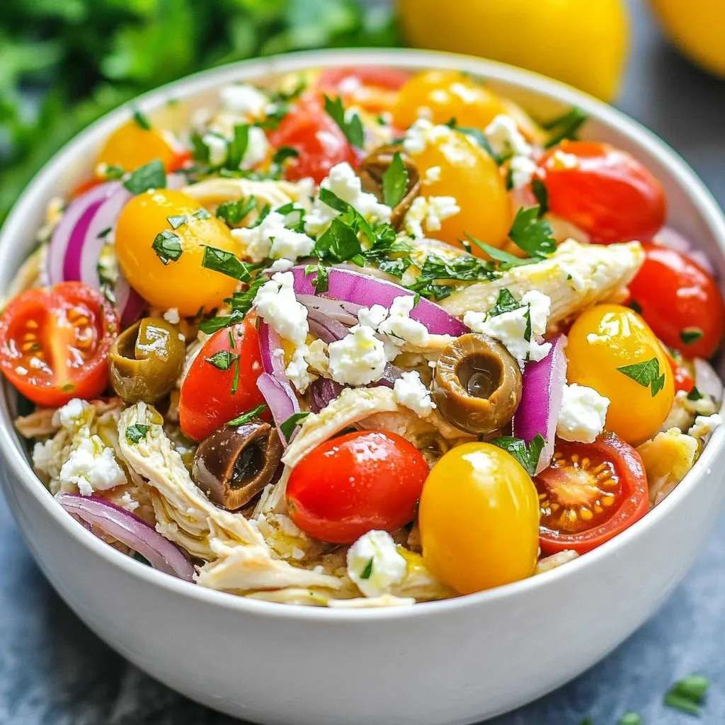 - 4 boneless, skinless chicken breasts - 1 cup cherry tomatoes, halved - 1 red onion, sliced - 1 red bell pepper, sliced - 1 cup Kalamata olives, pitted and halved - 3 cloves garlic, minced - 2 tablespoons olive oil - 1 tablespoon dried oregano - 1 teaspoon salt - ½ teaspoon black pepper - Juice of 1 lemon The main ingredients in this recipe focus on fresh, vibrant flavors. Chicken breasts serve as the hearty base, while the colorful veggies add texture. I love using cherry tomatoes for their sweetness and red bell peppers for their crunch. Kalamata olives give a briny kick, and garlic adds depth to the dish. - Feta cheese - Fresh herbs For toppings, feta cheese brings a creamy, tangy finish. I recommend crumbling it on top just before serving. Fresh herbs, like parsley, add a pop of color and freshness. You can sprinkle them generously for added flavor. - Pita bread - Greek salad When serving, warm pita bread pairs perfectly with this dish. It’s great for scooping up the chicken and veggies. A light Greek salad on the side adds a crisp, refreshing contrast. It makes the meal feel complete and balanced. Enjoy your Slow Cooker Greek Chicken with these simple sides for a delightful dinner! {{ingredient_image_1}} 1. Prepare the Chicken: Start by placing the boneless chicken breasts at the bottom of your slow cooker. This helps the chicken stay juicy as it cooks. 2. Add Vegetables: Next, layer the halved cherry tomatoes, sliced red onion, and sliced red bell pepper over the chicken. These fresh veggies add color and flavor. 3. Season: Now, sprinkle the Kalamata olives and minced garlic evenly across the top. This adds a nice salty bite and depth to the dish. 4. Create the Marinade: In a small bowl, whisk together the olive oil, dried oregano, salt, black pepper, and lemon juice until combined. This mix will flavor everything beautifully. 5. Pour Over Ingredients: Drizzle the marinade over the chicken and vegetables in the slow cooker. Make sure everything gets coated well for maximum flavor. 1. Slow Cooking Method and Time: Cover the slow cooker and set it to low. Cook for 6-8 hours, or until the chicken is tender and easily shreds with a fork. The long cooking time gives deep flavor. 2. Shredding the Chicken: Once fully cooked, use two forks to shred the chicken right in the slow cooker. Mix it with the vegetables for a delicious blend of flavors. 1. Presentation Tips: Serve the Greek chicken in bowls. Add a side of warm pita bread and a light Greek salad for a complete meal that looks great. 2. Garnishing for Flavor: Top each bowl with crumbled feta cheese and a sprinkle of fresh parsley. This adds a burst of flavor and a lovely fresh look. To ensure tender chicken, always start with quality meat. I use boneless, skinless chicken breasts. These cook well in the slow cooker and stay juicy. Place them at the bottom of the slow cooker. This helps them soak up all the flavors. For an even coating of marinade, whisk together olive oil, oregano, salt, pepper, and lemon juice. Pour this mix over the chicken and veggies. Make sure every piece gets some love. This way, every bite bursts with flavor. Using fresh herbs can boost the taste of your dish. I love adding parsley at the end. It adds a bright touch and fresh flavor. You can also try fresh oregano or basil for a twist. Adjusting seasoning preferences is key. Taste the dish before serving. If you want more salt or pepper, add a little. You can also squeeze in more lemon for extra zing! For this recipe, I recommend a sturdy slow cooker. A 6-quart model works great for this meal. It gives enough space for all the ingredients. When it’s time to shred the chicken, use two forks. This method helps break the meat apart easily. If you want, you can use a hand mixer for a faster option. Just be careful not to overdo it! Pro Tips Marinate for More Flavor: If you have time, marinate the chicken in the olive oil, lemon juice, and spices for a few hours or overnight before cooking. This will enhance the flavors and make the chicken even more tender. Use Fresh Herbs: Fresh oregano can elevate the dish significantly. If available, substitute dried oregano with fresh for a brighter flavor profile. Customize the Vegetables: Feel free to add other vegetables like zucchini, artichokes, or spinach for a more colorful and nutritious dish. Just be sure to adjust cooking times accordingly. Leftover Storage: Store any leftovers in an airtight container in the refrigerator for up to 3 days. This dish also freezes well, so consider making a double batch for future meals! {{image_2}} You can change up the protein in this dish. Try turkey or pork instead of chicken. Both work well with the Greek flavors. You can also swap out the vegetables. Use zucchini, artichokes, or even spinach for a new twist. Different olives, like green olives, can add a nice flavor change too. If you need a gluten-free option, this dish is already safe! Just make sure your olives and feta cheese are gluten-free. For lower sodium, use low-sodium olives and skip the added salt. You can still enjoy great flavor with these small swaps. Want to explore new flavors? Add spices from other cuisines! A pinch of cumin or paprika can give a fun twist. For a fusion recipe, try mixing in some taco seasoning. The Greek chicken will surprise your taste buds in a good way! To keep your Slow Cooker Greek Chicken fresh, use proper storage techniques. First, let the dish cool down. Then, place it in an airtight container. Make sure to separate the chicken from the vegetables if you prefer. This helps maintain texture. The recommended storage time in the fridge is about three to four days. If you want to save leftovers, freezing is a great option. Divide the chicken and veggies into smaller portions. Use freezer-safe bags or containers. Squeeze out as much air as you can. This helps prevent freezer burn. You can freeze the dish for up to three months. When you’re ready to eat, thaw it overnight in the fridge. Reheat in the microwave or on the stove until hot. Batch cooking makes life easier. Prepare a big batch of Greek chicken on the weekend. You can enjoy it throughout the week. Portion the meals into containers for easy grab-and-go options. This helps you stay on track with healthy eating. It also saves time on busy days. How long to cook chicken in a slow cooker? You should cook chicken in a slow cooker for 6-8 hours on low. This allows it to become tender and juicy. If you use high, it may cook in about 3-4 hours. Always check if it's done before serving. Can I use frozen chicken for this recipe? Yes, you can use frozen chicken. Just remember to add an extra hour to cooking time. Make sure it cooks fully before serving. What to do if chicken is tough? If your chicken turns out tough, it may have cooked too long or at too high a heat. Try shredding it while it's still warm. Mixing it with the sauce can help make it tender. How to fix an overly salty dish? If your dish is too salty, add more veggies or a splash of water. This can help tone down the saltiness without losing flavor. You can also serve it over rice or pasta to balance it out. What sides pair well with Greek chicken? Greek chicken goes great with warm pita bread, Greek salad, or rice. You can also serve it with roasted veggies for a healthy touch. Can this be made in an Instant Pot? Yes, you can make this in an Instant Pot. Cook on high pressure for 10-12 minutes. Let the pressure release naturally for the best results. This blog post explored creating a delicious Greek chicken dish. We covered key ingredients, including chicken breasts, fresh veggies, and seasonings. You learned the steps for preparation, cooking, and serving. We also shared helpful tips, variations for dietary needs, and proper storage methods. Use these insights to make your meals exciting and easy. Remember, customizing your dish can enhance flavor and fit your tastes. Enjoy your cooking journey and impress others with your skills!