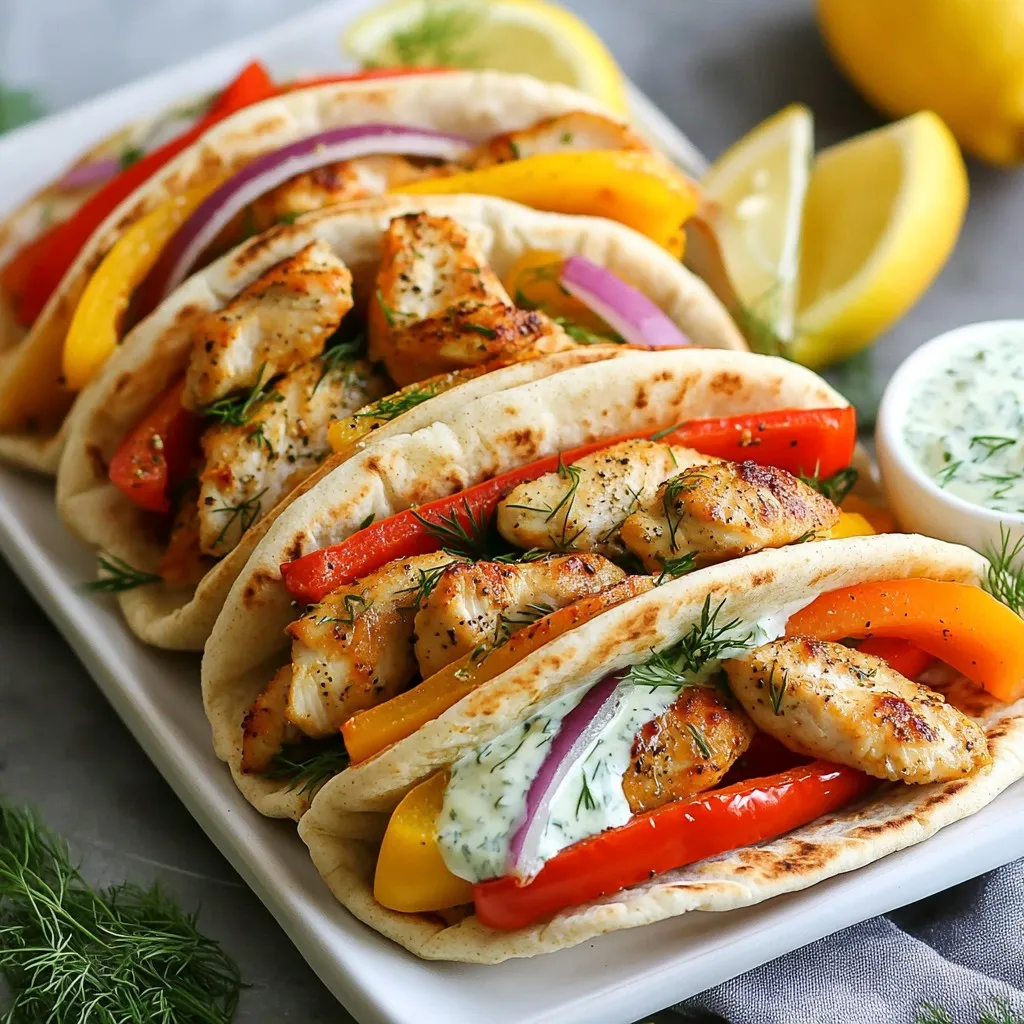 - 2 large chicken breasts, diced - 1 red bell pepper, sliced - 1 yellow bell pepper, sliced - 1 red onion, sliced - 1 teaspoon garlic powder - 1 teaspoon paprika - 1 teaspoon cumin - 1 tablespoon olive oil - Salt and pepper to taste - 1 cup Greek yogurt - 2 tablespoons mayonnaise - 1 tablespoon fresh dill, chopped - 1 tablespoon fresh parsley, chopped - 1 teaspoon lemon juice - 1 garlic clove, minced In this dish, the chicken is the star. I use two large chicken breasts, diced to cook evenly. The bright colors of red and yellow bell peppers add crunch and sweetness. Sliced red onion brings a mild zing that balances the flavors. For seasoning, I keep it simple yet tasty. Garlic powder, paprika, and cumin add depth. Olive oil helps the spices stick and gives a nice golden color when baked. Don’t forget salt and pepper; they enhance all the flavors. The herby ranch sauce is a game-changer. I mix Greek yogurt and mayonnaise for a creamy base. Fresh dill and parsley add a garden-fresh taste. A splash of lemon juice brightens it all up. Minced garlic adds an extra kick. This sauce ties everything together and makes each bite a delight. {{ingredient_image_1}} 1. Preheat your oven to 400°F (200°C). This helps cook the chicken and veggies evenly. 2. In a large bowl, combine the diced chicken, garlic powder, paprika, cumin, olive oil, salt, and pepper. Toss until the chicken gets a nice, even coating. 1. Spread the seasoned chicken on one half of the sheet pan. 2. On the other half, arrange the sliced red and yellow bell peppers and red onion. Drizzle a bit of olive oil over the veggies and season with salt and pepper. 3. Bake in the preheated oven for about 20-25 minutes. The chicken should be fully cooked, and the veggies should be tender and slightly caramelized. 1. While the chicken and veggies bake, prepare the herby ranch sauce. 2. In a medium bowl, mix Greek yogurt, mayonnaise, dill, parsley, lemon juice, garlic, salt, and pepper. This sauce adds a fresh, zesty touch to your pitas. 3. Mix well and set aside until your chicken and veggies are ready. - Ensure chicken is cooked through: Use a meat thermometer to check for 165°F (74°C). This ensures the chicken is safe to eat. If you don’t have a thermometer, cut into a piece. The meat should be white, not pink. - Achieving perfect roasted vegetables: Cut the veggies into even pieces. This helps them cook at the same rate. Toss them in olive oil and season with salt and pepper before roasting. This brings out their natural sweetness. - Presentation tips for serving pitas: Serve the pitas on a large platter. You can garnish them with fresh herbs and lemon wedges. This makes the dish look fresh and vibrant. - Suggested sides to pair with the dish: Pair with a light salad or some crunchy carrot sticks. A side of hummus adds a nice touch, too! - Additional spices or herbs to try: Experiment with smoked paprika for a deeper flavor. You could also add chili flakes for a little heat. Fresh basil or cilantro are great herbs to mix in for extra freshness. Pro Tips Use Fresh Herbs: Fresh herbs like dill and parsley not only enhance flavor but also add a vibrant look to your dish. Marinate Chicken: For even more flavor, marinate the chicken in the spices and olive oil for at least 30 minutes before cooking. Customize Your Veggies: Feel free to swap in your favorite vegetables, such as zucchini or cherry tomatoes, for a personalized touch. Serve Warm: Enjoy the pitas warm for the best texture and taste, and consider wrapping them in a clean kitchen towel to keep them warm until serving. {{image_2}} You can switch the chicken for turkey. Turkey still gives you that juicy flavor. It's a great choice for a leaner meal. If you prefer plant-based options, try tofu. Tofu absorbs flavors well. Just press it to remove extra water. Then, season and cook it the same way as chicken. Feel free to mix in other veggies. Zucchini and asparagus work great. You can also use broccoli or carrots for a crunch. Just remember to cut them into similar sizes. This way, they cook evenly. A colorful mix makes your pitas look even more appealing. Want to change up the sauce? Try ranch dressing with a twist. Add some hot sauce for heat or swap Greek yogurt for sour cream. You can also mix in avocado for a creamy touch. Each of these options adds a new layer of flavor to your pitas. Don't be afraid to experiment! To store your leftover chicken pitas, place them in an airtight container. Keep them in the fridge. They will stay fresh for about three days. If you want to keep the herby ranch sauce separate, store it in a small jar. This way, the pita bread won't get soggy. If you want to save chicken pitas for later, you can freeze them. First, let the chicken and veggies cool completely. Then, wrap each filled pita in plastic wrap. Place them in a freezer bag or container. They can last up to three months in the freezer. Just remember to label the bag with the date. When it’s time to eat your pitas again, reheat them carefully. The best method is to use an oven or toaster oven. Preheat it to 350°F (175°C). Remove the pitas from the plastic wrap and place them on a baking sheet. Heat for about 10 minutes or until warm. This keeps the pitas soft and the filling moist. Avoid using a microwave, as it can make the bread tough. Enjoy your tasty leftovers! Can I make this recipe ahead of time? Yes, you can make the chicken and veggies a day before. Store them in the fridge. When ready to eat, just reheat and fill the pitas. This saves time and keeps your meal fresh. What should I serve with sheet pan chicken pitas? These pitas pair well with a green salad or some crunchy veggies. You can also add some sweet potato fries for a fun twist. A light dip or hummus works great too! What can I use instead of Greek yogurt? If you don’t have Greek yogurt, try sour cream or a dairy-free yogurt. You can also mix plain yogurt with a little lemon juice. This keeps the sauce creamy and tangy. How do I know when the chicken is fully cooked? To check if the chicken is done, cut a piece in half. The meat should be white and the juices should run clear. You can also use a meat thermometer to check for 165°F (75°C). This ensures your chicken is safe to eat. This recipe shows you how to create tasty sheet pan chicken pitas. We covered the key ingredients, fun tips, and easy steps to make it. You learned to mix a herby ranch sauce and how to store leftovers. I hope you feel ready to try this dish. Feel free to make it your own with different proteins or veggies. Enjoy the cooking adventure and share it with friends!