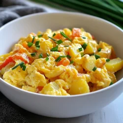 - 2 medium russet potatoes, peeled and diced - 4 large eggs - 1 cup shredded cheddar cheese - 1 small onion, finely chopped - 1 bell pepper (red or green), diced - 2 tablespoons olive oil - 1 teaspoon paprika - Salt and pepper to taste - Fresh chives or parsley, for garnish The ingredients for cheesy potato egg scramble are simple yet flavorful. You start with russet potatoes. They are perfect because they hold their shape. Next, you need large eggs. They add richness and protein. Shredded cheddar cheese brings a creamy texture. Onion and bell pepper add sweetness and crunch. Olive oil is key for sautéing. Paprika gives a nice warmth and color. Don’t forget salt and pepper to enhance all the flavors. Finally, fresh chives or parsley brighten the dish. This mix of ingredients makes a hearty breakfast. Each bite is packed with flavor. Plus, it's quick and easy to prepare. You can serve this dish to family or friends. They will love how tasty and filling it is! {{ingredient_image_1}} Begin by bringing a medium pot of water to a boil. Once the water is bubbling, add 2 medium russet potatoes, peeled and diced. Cook the potatoes for about 10 to 12 minutes. You want them tender but not mushy. Test for tenderness by poking a piece with a fork. If it goes in easily, they're ready. Drain the potatoes and set them aside for later. Next, heat 2 tablespoons of olive oil in a large non-stick skillet over medium heat. Add 1 small onion, finely chopped, and 1 bell pepper, diced. Sauté these for about 5 minutes. You want the onions and peppers to become soft and fragrant. This step adds a wonderful flavor base for your scramble. Now, it’s time to combine everything. Add the cooked potatoes to the skillet with the sautéed onions and bell peppers. Sprinkle in 1 teaspoon of paprika, and season with salt and pepper to taste. Stir gently for about 3 to 4 minutes. This helps the potatoes get slightly crispy and absorb all those lovely flavors. In a bowl, whisk together 4 large eggs until they are well blended. Pour the eggs over the potato mixture in the skillet. Stir frequently for about 2 to 3 minutes. You want the eggs to cook but still be fluffy. Take care not to overcook them. Once the eggs are fluffy, sprinkle 1 cup of shredded cheddar cheese over the top. Stir until the cheese melts and coats everything evenly. This step is key for achieving that creamy, cheesy texture that makes this dish so delightful. When serving, remove the skillet from heat. Garnish with fresh chives or parsley for a pop of color. Serve the cheesy potato egg scramble hot for the best taste. Enjoy this flavorful breakfast delight! To get the best potatoes, start by dicing them evenly. This helps them cook at the same rate. I like to peel my russet potatoes first. Then, cut them into small cubes. Aim for pieces about ½ inch wide. When you cook them, bring water to a boil first. Add the diced potatoes and cook for 10-12 minutes. Test the potatoes with a fork; they should be tender but not mushy. If overcooked, they can turn soft and break apart. Drain them well after cooking to avoid excess water. To make your cheesy potato egg scramble shine, add spices. I love using paprika for a hint of warmth. You can also try garlic powder or onion powder for extra depth. Fresh herbs like chives or parsley add brightness too. If you want to switch things up, try different cheeses. Gouda or pepper jack can bring a new twist. These options will change the flavor and make the dish your own. Prepping your ingredients ahead of time can save you a lot of minutes. Dice your potatoes and chop your veggies the night before. Store them in the fridge for easy use in the morning. I also recommend using leftover potatoes. If you have some from last night's dinner, they work perfectly here. You can even add other leftover veggies for extra flavor and nutrients. Pro Tips Perfectly Cooked Potatoes: Ensure your potatoes are diced evenly for uniform cooking. Test for doneness by piercing them with a fork; they should be tender but not mushy. Fluffy Scrambled Eggs: Whisk your eggs thoroughly before adding them to the skillet. This incorporates air, resulting in fluffier scrambled eggs. Cheese Melting Tip: For a more intense cheese flavor, consider using a mix of cheeses such as cheddar and Monterey Jack, and add them in stages while cooking. Garnishing Like a Pro: Use fresh herbs like chives or parsley not just for garnish but also for an added layer of flavor. Chop them finely to distribute their taste evenly. {{image_2}} You can make your cheesy potato egg scramble even better by adding more veggies. Try zucchini or spinach for a fresh twist. Both add great flavor and nutrients. You can also switch up the cheese. Instead of cheddar, use feta or pepper jack for a new taste. Want to add some meat? Bacon or sausage works great in this dish. They add a savory kick. Cook the meat first, then set it aside. After sautéing the vegetables, mix the meat back in. This keeps everything warm. Adjust the cooking time by a few minutes to ensure the meat is fully cooked. Think outside the plate! Serve your scramble over grains like quinoa or rice. This adds texture and makes it filling. You can also turn it into a breakfast burrito. Just scoop the mixture into a tortilla and roll it up. It’s perfect for on-the-go meals! To keep your cheesy potato egg scramble fresh, use airtight containers. Glass containers work best, but BPA-free plastic ones are fine too. Store leftovers in the fridge for up to three days. After that, the taste and texture may decline. You can freeze this dish for later. First, let it cool completely. Then, transfer it to a freezer-safe container. Seal tightly to avoid freezer burn. It can last for up to two months in the freezer. When ready to enjoy, thaw it in the fridge overnight. To reheat, use a microwave or a skillet. If using a microwave, cover it with a damp paper towel. This keeps it fluffy and moist. If you prefer a skillet, heat it on low. Stir occasionally to prevent sogginess. Enjoy your reheated meal just like the first time! Yes, you can use different cheeses! Try mozzarella for a mild flavor. Feta adds a tangy touch. Pepper jack gives it a spicy kick. Always shred your cheese for easy melting. This recipe is naturally gluten-free. Just ensure that your seasoning and any added ingredients are gluten-free. Check labels on packaged items, like cheese or spices, to avoid gluten. You can serve it with fresh fruit for sweetness. Toast or whole grain bread makes a great side. A light salad adds crunch and freshness. Consider pairing with yogurt for creaminess. Yes, you can prep ahead! Cook the potatoes and veggies the night before. Store them in the fridge. You can scramble the eggs in the morning. Just reheat the potatoes and veggies before adding the eggs. In this blog post, we covered a simple and tasty cheesy potato egg scramble. We shared key ingredients, step-by-step instructions, and tips for perfecting the dish. You can explore variations too, such as adding meats or veggies. Remember to store leftovers properly and reheat them to keep the flavors intact. Enjoy making this meal as a quick breakfast or lunch. With these techniques, you will create a dish that satisfies both your taste buds and your family. Happy cooking!