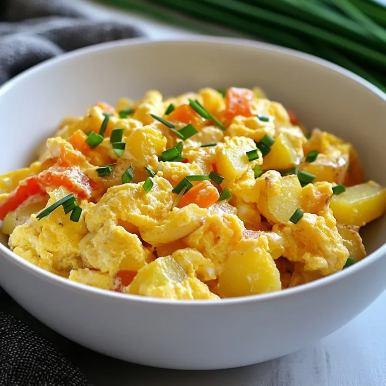 - 2 medium russet potatoes, peeled and diced - 4 large eggs - 1 cup shredded cheddar cheese - 1 small onion, finely chopped - 1 bell pepper (red or green), diced - 2 tablespoons olive oil - 1 teaspoon paprika - Salt and pepper to taste - Fresh chives or parsley, for garnish The ingredients for cheesy potato egg scramble are simple yet flavorful. You start with russet potatoes. They are perfect because they hold their shape. Next, you need large eggs. They add richness and protein. Shredded cheddar cheese brings a creamy texture. Onion and bell pepper add sweetness and crunch. Olive oil is key for sautéing. Paprika gives a nice warmth and color. Don’t forget salt and pepper to enhance all the flavors. Finally, fresh chives or parsley brighten the dish. This mix of ingredients makes a hearty breakfast. Each bite is packed with flavor. Plus, it's quick and easy to prepare. You can serve this dish to family or friends. They will love how tasty and filling it is! {{ingredient_image_1}} Begin by bringing a medium pot of water to a boil. Once the water is bubbling, add 2 medium russet potatoes, peeled and diced. Cook the potatoes for about 10 to 12 minutes. You want them tender but not mushy. Test for tenderness by poking a piece with a fork. If it goes in easily, they're ready. Drain the potatoes and set them aside for later. Next, heat 2 tablespoons of olive oil in a large non-stick skillet over medium heat. Add 1 small onion, finely chopped, and 1 bell pepper, diced. Sauté these for about 5 minutes. You want the onions and peppers to become soft and fragrant. This step adds a wonderful flavor base for your scramble. Now, it’s time to combine everything. Add the cooked potatoes to the skillet with the sautéed onions and bell peppers. Sprinkle in 1 teaspoon of paprika, and season with salt and pepper to taste. Stir gently for about 3 to 4 minutes. This helps the potatoes get slightly crispy and absorb all those lovely flavors. In a bowl, whisk together 4 large eggs until they are well blended. Pour the eggs over the potato mixture in the skillet. Stir frequently for about 2 to 3 minutes. You want the eggs to cook but still be fluffy. Take care not to overcook them. Once the eggs are fluffy, sprinkle 1 cup of shredded cheddar cheese over the top. Stir until the cheese melts and coats everything evenly. This step is key for achieving that creamy, cheesy texture that makes this dish so delightful. When serving, remove the skillet from heat. Garnish with fresh chives or parsley for a pop of color. Serve the cheesy potato egg scramble hot for the best taste. Enjoy this flavorful breakfast delight! To get the best potatoes, start by dicing them evenly. This helps them cook at the same rate. I like to peel my russet potatoes first. Then, cut them into small cubes. Aim for pieces about ½ inch wide. When you cook them, bring water to a boil first. Add the diced potatoes and cook for 10-12 minutes. Test the potatoes with a fork; they should be tender but not mushy. If overcooked, they can turn soft and break apart. Drain them well after cooking to avoid excess water. To make your cheesy potato egg scramble shine, add spices. I love using paprika for a hint of warmth. You can also try garlic powder or onion powder for extra depth. Fresh herbs like chives or parsley add brightness too. If you want to switch things up, try different cheeses. Gouda or pepper jack can bring a new twist. These options will change the flavor and make the dish your own. Prepping your ingredients ahead of time can save you a lot of minutes. Dice your potatoes and chop your veggies the night before. Store them in the fridge for easy use in the morning. I also recommend using leftover potatoes. If you have some from last night's dinner, they work perfectly here. You can even add other leftover veggies for extra flavor and nutrients. Pro Tips Perfectly Cooked Potatoes: Ensure your potatoes are diced evenly for uniform cooking. Test for doneness by piercing them with a fork; they should be tender but not mushy. Fluffy Scrambled Eggs: Whisk your eggs thoroughly before adding them to the skillet. This incorporates air, resulting in fluffier scrambled eggs. Cheese Melting Tip: For a more intense cheese flavor, consider using a mix of cheeses such as cheddar and Monterey Jack, and add them in stages while cooking. Garnishing Like a Pro: Use fresh herbs like chives or parsley not just for garnish but also for an added layer of flavor. Chop them finely to distribute their taste evenly. {{image_2}} You can make your cheesy potato egg scramble even better by adding more veggies. Try zucchini or spinach for a fresh twist. Both add great flavor and nutrients. You can also switch up the cheese. Instead of cheddar, use feta or pepper jack for a new taste. Want to add some meat? Bacon or sausage works great in this dish. They add a savory kick. Cook the meat first, then set it aside. After sautéing the vegetables, mix the meat back in. This keeps everything warm. Adjust the cooking time by a few minutes to ensure the meat is fully cooked. Think outside the plate! Serve your scramble over grains like quinoa or rice. This adds texture and makes it filling. You can also turn it into a breakfast burrito. Just scoop the mixture into a tortilla and roll it up. It’s perfect for on-the-go meals! To keep your cheesy potato egg scramble fresh, use airtight containers. Glass containers work best, but BPA-free plastic ones are fine too. Store leftovers in the fridge for up to three days. After that, the taste and texture may decline. You can freeze this dish for later. First, let it cool completely. Then, transfer it to a freezer-safe container. Seal tightly to avoid freezer burn. It can last for up to two months in the freezer. When ready to enjoy, thaw it in the fridge overnight. To reheat, use a microwave or a skillet. If using a microwave, cover it with a damp paper towel. This keeps it fluffy and moist. If you prefer a skillet, heat it on low. Stir occasionally to prevent sogginess. Enjoy your reheated meal just like the first time! Yes, you can use different cheeses! Try mozzarella for a mild flavor. Feta adds a tangy touch. Pepper jack gives it a spicy kick. Always shred your cheese for easy melting. This recipe is naturally gluten-free. Just ensure that your seasoning and any added ingredients are gluten-free. Check labels on packaged items, like cheese or spices, to avoid gluten. You can serve it with fresh fruit for sweetness. Toast or whole grain bread makes a great side. A light salad adds crunch and freshness. Consider pairing with yogurt for creaminess. Yes, you can prep ahead! Cook the potatoes and veggies the night before. Store them in the fridge. You can scramble the eggs in the morning. Just reheat the potatoes and veggies before adding the eggs. In this blog post, we covered a simple and tasty cheesy potato egg scramble. We shared key ingredients, step-by-step instructions, and tips for perfecting the dish. You can explore variations too, such as adding meats or veggies. Remember to store leftovers properly and reheat them to keep the flavors intact. Enjoy making this meal as a quick breakfast or lunch. With these techniques, you will create a dish that satisfies both your taste buds and your family. Happy cooking!
