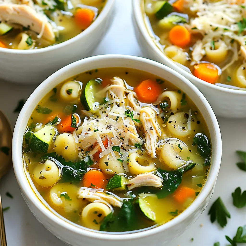 - 1 cup small pasta (like acini di pepe or couscous) - 4 cups chicken broth - 2 cups fresh spinach - 1 cup cooked chicken, shredded (or meatballs) - ½ cup grated Parmesan cheese The main ingredients are the heart of this soup. The small pasta gives it a nice texture. Chicken broth adds warmth and flavor. Fresh spinach brings color and nutrients. You can use shredded chicken or meatballs for protein. Parmesan cheese adds a rich, salty finish. - 1 tablespoon olive oil - 1 medium onion, finely chopped - 2 cloves garlic, minced - 1 medium carrot, diced - 1 medium zucchini, diced - Dried oregano, thyme, salt, black pepper These additional ingredients make the soup flavorful. Olive oil adds a smooth richness. Onion and garlic create a savory base. Carrot and zucchini provide sweetness and crunch. Oregano and thyme give it that classic Italian taste. Salt and pepper enhance all the flavors. - Fresh parsley - Extra Parmesan cheese Garnishes make your soup look great and taste better. Fresh parsley adds a pop of color. Extra Parmesan cheese offers a cheesy bite. A simple garnish can elevate your dish and impress your guests. {{ingredient_image_1}} - Start by boiling salted water in a large pot. - Add the small pasta and cook until it is al dente. This usually takes about 8-10 minutes. - Drain the pasta and set it aside. - In a large pot, heat one tablespoon of olive oil over medium heat. - Add the finely chopped onion and cook until it looks translucent, about 3-4 minutes. - Now, add two minced garlic cloves to the pot. Sauté for one more minute to release the flavor. - Pour in four cups of chicken broth into the pot. - Add one diced carrot and one diced zucchini. - Season with one teaspoon of dried oregano, one teaspoon of dried thyme, one teaspoon of salt, and half a teaspoon of black pepper. - Bring everything to a boil, then reduce the heat and let it simmer for about 10 minutes. This cooks the vegetables until they are tender. - Stir in two cups of roughly chopped spinach and one cup of shredded cooked chicken. - Let the soup simmer for an additional five minutes until the spinach wilts and the chicken heats through. - Finally, gently fold in the cooked pasta to combine all the flavors. Adjust the seasoning as needed before serving. - Using homemade broth: Homemade broth makes the soup taste richer. It adds depth. If you have time, simmer bones, veggies, and herbs for hours. This adds amazing flavor. - Adjusting seasoning levels: Taste as you cook. If it seems bland, add salt or pepper. A little pinch can change everything. Don't be shy with flavors! - Adding more herbs for depth: Fresh herbs like basil or parsley can brighten the soup. Dried herbs work too. Just remember to add them early to let flavors bloom. - Best ways to cook pasta for soups: Cook the pasta separately. This keeps it from getting mushy. Add it just before serving for a perfect bite. - Tips for sautéing vegetables properly: Heat the oil before adding onions. This brings out their sweetness. Cook until soft but not brown. Add garlic last to keep it fragrant. - Serving in rustic bowls: Use bowls that look homemade. This makes the soup feel cozy and warm. - Drizzling olive oil on top: A little drizzle of olive oil adds shine and flavor. It makes the soup look fancy! - Pairing with crusty Italian bread: Serve with a slice of bread. It’s great for dipping and adds texture. Enjoy the meal with family or friends! Pro Tips Cook Pasta Al Dente: Be sure to cook the pasta just until al dente, as it will continue to cook when added to the hot soup. Fresh Herbs for Flavor: For an extra burst of flavor, use fresh herbs instead of dried when possible, especially basil and parsley. Customize Ingredients: Feel free to customize the soup by adding other vegetables or proteins, such as beans or different types of meat. Garnish with Style: Garnish with a drizzle of high-quality olive oil and additional grated Parmesan for a restaurant-quality presentation. {{image_2}} You can make Italian Wedding Soup meat-free. Start by using vegetable broth instead of chicken broth. This gives a nice base flavor without meat. Next, add beans like cannellini or chickpeas for protein. They will make the soup hearty and filling. If you need a gluten-free version, swap in gluten-free pasta. Options like rice pasta or quinoa pasta work well. Make sure all your ingredients are gluten-free. This includes checking the broth and any seasonings. For a twist, you can swap chicken for turkey or sausage. Both options add unique flavor to the soup. If you like, use homemade turkey meatballs instead of shredded chicken. These add a fun texture and taste. To store your Italian Wedding Soup, let it cool first. Transfer the soup into an airtight container. This helps keep it fresh. You can store it in the fridge for up to three days. If the soup thickens, add a little broth or water before reheating. To freeze the soup, make sure it is cool. Pour it into freezer-safe containers. Leave some space at the top. This allows for expansion when it freezes. You can freeze the soup for up to three months. To thaw, move it to the fridge overnight. When ready to eat, heat it on the stove or microwave. After thawing, check the soup's texture. If it looks thick, add fresh broth or water. Stir well and heat until hot. I love to add fresh spinach or a sprinkle of parsley before serving. This brightens the dish and adds flavor. Enjoy your warm and tasty soup! The name Italian Wedding Soup does not mean it is for weddings. It comes from the Italian phrase "minestra maritata," which means "married soup." This name reflects the tasty blend of flavors from meat and greens. This soup mixes rich chicken broth with meatballs or chicken and fresh veggies. The flavors come together like a beautiful marriage. Yes, you can make Italian Wedding Soup ahead of time. It tastes better after sitting for a bit. To prep, cook the soup but leave out the pasta. Store the soup in the fridge for up to three days. When ready to serve, reheat the soup and add cooked pasta. This keeps the pasta from getting mushy. Small pasta works best for Italian Wedding Soup. I often use acini di pepe or couscous. These tiny shapes soak up the broth well. Other good options include orzo or ditalini. Make sure to cook the pasta al dente so it holds its shape in the soup. To add heat, try these tips. You can add red pepper flakes while cooking the veggies. For more flavor, toss in diced jalapeños or chopped fresh chili. You might also try a dash of hot sauce before serving. Adjust the heat to match your taste. This blog post shared a simple and tasty recipe for Italian Wedding Soup. You learned about key ingredients, cooking steps, and tips to boost flavor. I highlighted variations for diets and smart storage tricks. As you cook this soup, remember to have fun and make it yours. Enjoy the warmth and comfort it brings to your table. This soup is more than a meal; it’s a way to connect and share. Keep experimenting and savor every bowl!