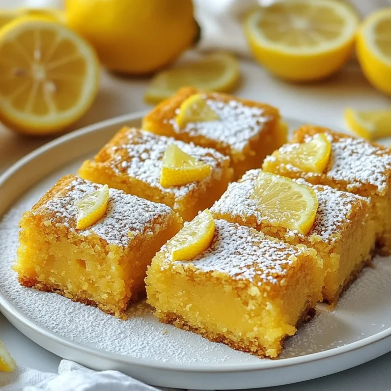 - 1 cup unsalted butter, melted - 1 1/2 cups granulated sugar - 3 large eggs - 1 tablespoon lemon zest (from about 2 lemons) - 1/2 cup fresh lemon juice (about 2 lemons) - 1 teaspoon vanilla extract - 2 cups all-purpose flour - 1/2 teaspoon baking powder - 1/4 teaspoon salt - Powdered sugar for dusting Each ingredient plays a key role in making these brownies shine. - Butter adds richness and moisture. It helps create a tender texture. - Granulated sugar gives sweetness and helps with browning. It makes the top crisp. - Eggs bind the mix and improve texture. They add a nice lift. - Lemon zest brings bright flavor. It makes the brownies taste fresh and zesty. - Fresh lemon juice adds tartness. It balances the sweetness well. - Vanilla extract rounds out the flavors. It adds warmth to the taste. - All-purpose flour provides structure. It holds everything together. - Baking powder helps the brownies rise. It makes them soft and fluffy. - Salt enhances flavors. A little goes a long way. Getting your measurements right is very important. Here are some tips: - Use dry measuring cups for flour and sugar. Fill the cup, then level off with a knife. - For butter, use the stick markings. They show you how much to use. - When measuring liquids, use a clear liquid measuring cup. Check at eye level for accuracy. - For lemon zest and juice, use fresh lemons. They have the best taste. Follow these tips, and your brownies will turn out great! {{ingredient_image_1}} Start by preheating your oven to 350Β°F (175Β°C). While it heats, grab a 9x13-inch baking dish. Grease it well and line it with parchment paper. Leave some paper hanging over the edges. This makes it easy to lift out the brownies later. In a large mixing bowl, add 1 cup of melted unsalted butter and 1 1/2 cups of granulated sugar. Stir them together until they blend well. Let this cool for a few minutes. Next, add 3 large eggs, 1 tablespoon of lemon zest, 1/2 cup of fresh lemon juice, and 1 teaspoon of vanilla extract. Whisk everything until it looks smooth and well mixed. In a separate bowl, take 2 cups of all-purpose flour, 1/2 teaspoon of baking powder, and 1/4 teaspoon of salt. Whisk these dry ingredients until they are combined. Gradually add this mixture to the wet ingredients. Stir gently to mix. Be careful not to overmix; a few lumps are okay. Pour the batter into the prepared baking dish. Spread it out evenly with a spatula. Bake in your preheated oven for 20-25 minutes. Check for doneness by inserting a toothpick into the center. If it comes out clean, the brownies are done. The edges should be lightly golden. Once baked, remove the dish from the oven. Let it cool in the pan for about 15 minutes. Then, use the parchment paper to lift the brownies out. Transfer them to a wire rack to cool completely. After they cool, dust the top with powdered sugar. Cut into squares and enjoy your bright lemon brownies! To get the right texture in your lemon brownies, focus on mixing. You want a soft and chewy brownie, not a cake. Mix the wet and dry ingredients just until they blend. Overmixing can lead to dryness. Also, make sure your butter is melted but not hot. A cooler temperature helps keep the brownies moist. To boost the lemon flavor, use fresh lemon juice and zest. The zest adds a strong, bright taste. You can also add a bit of lemon extract for extra zing. Another tip is to let the batter sit for a few minutes before baking. This resting time allows the flavors to meld and deepen. When serving these lemon brownies, presentation matters. Dust them with powdered sugar for a nice touch. You can also add lemon slices around the plate for color. Consider pairing them with a scoop of vanilla ice cream. The cool ice cream balances the bright lemon flavor and makes for a delightful treat. Pro Tips Use Fresh Ingredients: Always opt for fresh lemons for zest and juice to enhance the flavor of your brownies. Don't Overmix: Mix the wet and dry ingredients just until combined to keep the brownies tender and avoid a dense texture. Cool Completely: Allow the brownies to cool completely before cutting to ensure clean edges and a perfect presentation. Experiment with Toppings: Consider adding a drizzle of lemon glaze or sprinkles of sea salt on top for an added flavor contrast. {{image_2}} You can make your Bright Lemon Brownies even more delightful by adding lemon icing. To make the icing, mix powdered sugar with fresh lemon juice until smooth. Drizzle the icing over the cooled brownies for a sweet and tangy touch. This adds a nice shine and extra lemon flavor. Plus, it looks beautiful on the brownies! If you want to mix things up, try adding other citrus fruits. Orange or lime juice can replace some lemon juice. You can also add zest from these fruits for a new flavor. This twist makes your brownies unique and exciting. Just remember not to overpower the lemon taste. Balance is key! For those who need gluten-free options, there are easy swaps. Use almond flour or a gluten-free all-purpose blend. Be sure to check that your baking powder is gluten-free too. The texture might change slightly, but the taste will still be bright and delicious. Enjoy these brownies without worry! To keep your Bright Lemon Brownies fresh, store them in an airtight container. This helps them stay soft and moist. You can place parchment paper between layers to avoid sticking. Keep the container in a cool, dry place. If your kitchen is warm, consider using the fridge. When stored properly, these brownies can last up to a week. If you keep them in the fridge, they may stay fresh for about ten days. Always check for any signs of spoilage. If they look dry or hard, itβs time to toss them out. You can freeze these delicious brownies for later. First, cut them into squares. Wrap each square tightly in plastic wrap. Then, place the wrapped brownies in a freezer-safe bag. They can stay good for three months in the freezer. When ready to eat, thaw them in the fridge overnight or at room temperature for a few hours. Enjoy them fresh! Yes, you can use bottled lemon juice. However, fresh juice gives a brighter taste. Bottled juice may lack that fresh zing. If you want true lemon flavor, stick to fresh lemons. Check the edges of the brownies. They should be lightly golden. Insert a toothpick into the center. If it comes out clean, your brownies are done. If it has batter on it, bake a bit longer. Yes, you can make these brownies a day in advance. Just store them in an airtight container. This keeps them fresh and moist. Dust with powdered sugar just before serving for a nice touch. Powdered sugar is a classic topping. You can also add lemon zest for extra flavor. Fresh berries like raspberries or blueberries taste great too. They add color and tartness, making your brownies pop! In this post, we covered how to make bright lemon brownies. We explored the ingredients, key features, and measuring tips for great results. I shared step-by-step instructions to ensure success, along with tips for perfect texture and flavor. We also discussed fun variations and how to store them properly. Lemon brownies are a fun twist on dessert. With these tips, you can enjoy delicious treats anytime. Keep experimenting with flavors, and enjoy every bite. Happy baking!