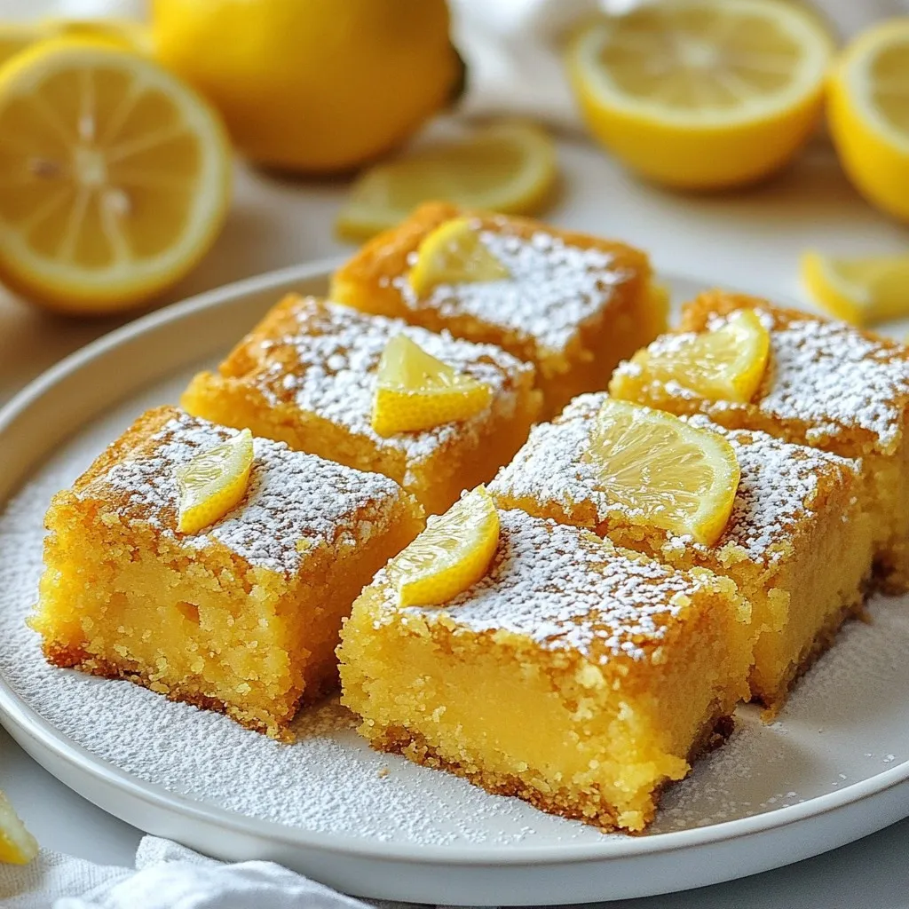 - 1 cup unsalted butter, melted - 1 1/2 cups granulated sugar - 3 large eggs - 1 tablespoon lemon zest (from about 2 lemons) - 1/2 cup fresh lemon juice (about 2 lemons) - 1 teaspoon vanilla extract - 2 cups all-purpose flour - 1/2 teaspoon baking powder - 1/4 teaspoon salt - Powdered sugar for dusting Each ingredient plays a key role in making these brownies shine. - Butter adds richness and moisture. It helps create a tender texture. - Granulated sugar gives sweetness and helps with browning. It makes the top crisp. - Eggs bind the mix and improve texture. They add a nice lift. - Lemon zest brings bright flavor. It makes the brownies taste fresh and zesty. - Fresh lemon juice adds tartness. It balances the sweetness well. - Vanilla extract rounds out the flavors. It adds warmth to the taste. - All-purpose flour provides structure. It holds everything together. - Baking powder helps the brownies rise. It makes them soft and fluffy. - Salt enhances flavors. A little goes a long way. Getting your measurements right is very important. Here are some tips: - Use dry measuring cups for flour and sugar. Fill the cup, then level off with a knife. - For butter, use the stick markings. They show you how much to use. - When measuring liquids, use a clear liquid measuring cup. Check at eye level for accuracy. - For lemon zest and juice, use fresh lemons. They have the best taste. Follow these tips, and your brownies will turn out great! {{ingredient_image_1}} Start by preheating your oven to 350°F (175°C). While it heats, grab a 9x13-inch baking dish. Grease it well and line it with parchment paper. Leave some paper hanging over the edges. This makes it easy to lift out the brownies later. In a large mixing bowl, add 1 cup of melted unsalted butter and 1 1/2 cups of granulated sugar. Stir them together until they blend well. Let this cool for a few minutes. Next, add 3 large eggs, 1 tablespoon of lemon zest, 1/2 cup of fresh lemon juice, and 1 teaspoon of vanilla extract. Whisk everything until it looks smooth and well mixed. In a separate bowl, take 2 cups of all-purpose flour, 1/2 teaspoon of baking powder, and 1/4 teaspoon of salt. Whisk these dry ingredients until they are combined. Gradually add this mixture to the wet ingredients. Stir gently to mix. Be careful not to overmix; a few lumps are okay. Pour the batter into the prepared baking dish. Spread it out evenly with a spatula. Bake in your preheated oven for 20-25 minutes. Check for doneness by inserting a toothpick into the center. If it comes out clean, the brownies are done. The edges should be lightly golden. Once baked, remove the dish from the oven. Let it cool in the pan for about 15 minutes. Then, use the parchment paper to lift the brownies out. Transfer them to a wire rack to cool completely. After they cool, dust the top with powdered sugar. Cut into squares and enjoy your bright lemon brownies! To get the right texture in your lemon brownies, focus on mixing. You want a soft and chewy brownie, not a cake. Mix the wet and dry ingredients just until they blend. Overmixing can lead to dryness. Also, make sure your butter is melted but not hot. A cooler temperature helps keep the brownies moist. To boost the lemon flavor, use fresh lemon juice and zest. The zest adds a strong, bright taste. You can also add a bit of lemon extract for extra zing. Another tip is to let the batter sit for a few minutes before baking. This resting time allows the flavors to meld and deepen. When serving these lemon brownies, presentation matters. Dust them with powdered sugar for a nice touch. You can also add lemon slices around the plate for color. Consider pairing them with a scoop of vanilla ice cream. The cool ice cream balances the bright lemon flavor and makes for a delightful treat. Pro Tips Use Fresh Ingredients: Always opt for fresh lemons for zest and juice to enhance the flavor of your brownies. Don't Overmix: Mix the wet and dry ingredients just until combined to keep the brownies tender and avoid a dense texture. Cool Completely: Allow the brownies to cool completely before cutting to ensure clean edges and a perfect presentation. Experiment with Toppings: Consider adding a drizzle of lemon glaze or sprinkles of sea salt on top for an added flavor contrast. {{image_2}} You can make your Bright Lemon Brownies even more delightful by adding lemon icing. To make the icing, mix powdered sugar with fresh lemon juice until smooth. Drizzle the icing over the cooled brownies for a sweet and tangy touch. This adds a nice shine and extra lemon flavor. Plus, it looks beautiful on the brownies! If you want to mix things up, try adding other citrus fruits. Orange or lime juice can replace some lemon juice. You can also add zest from these fruits for a new flavor. This twist makes your brownies unique and exciting. Just remember not to overpower the lemon taste. Balance is key! For those who need gluten-free options, there are easy swaps. Use almond flour or a gluten-free all-purpose blend. Be sure to check that your baking powder is gluten-free too. The texture might change slightly, but the taste will still be bright and delicious. Enjoy these brownies without worry! To keep your Bright Lemon Brownies fresh, store them in an airtight container. This helps them stay soft and moist. You can place parchment paper between layers to avoid sticking. Keep the container in a cool, dry place. If your kitchen is warm, consider using the fridge. When stored properly, these brownies can last up to a week. If you keep them in the fridge, they may stay fresh for about ten days. Always check for any signs of spoilage. If they look dry or hard, it’s time to toss them out. You can freeze these delicious brownies for later. First, cut them into squares. Wrap each square tightly in plastic wrap. Then, place the wrapped brownies in a freezer-safe bag. They can stay good for three months in the freezer. When ready to eat, thaw them in the fridge overnight or at room temperature for a few hours. Enjoy them fresh! Yes, you can use bottled lemon juice. However, fresh juice gives a brighter taste. Bottled juice may lack that fresh zing. If you want true lemon flavor, stick to fresh lemons. Check the edges of the brownies. They should be lightly golden. Insert a toothpick into the center. If it comes out clean, your brownies are done. If it has batter on it, bake a bit longer. Yes, you can make these brownies a day in advance. Just store them in an airtight container. This keeps them fresh and moist. Dust with powdered sugar just before serving for a nice touch. Powdered sugar is a classic topping. You can also add lemon zest for extra flavor. Fresh berries like raspberries or blueberries taste great too. They add color and tartness, making your brownies pop! In this post, we covered how to make bright lemon brownies. We explored the ingredients, key features, and measuring tips for great results. I shared step-by-step instructions to ensure success, along with tips for perfect texture and flavor. We also discussed fun variations and how to store them properly. Lemon brownies are a fun twist on dessert. With these tips, you can enjoy delicious treats anytime. Keep experimenting with flavors, and enjoy every bite. Happy baking!