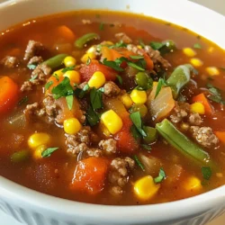 - 1 lb ground beef - 1 medium onion, chopped - 2 cloves garlic, minced - 3 medium carrots, diced - 2 stalks celery, diced - 1 can (14.5 oz) diced tomatoes, with juices - 4 cups beef broth - 1 cup frozen corn - 1 cup green beans, cut into small pieces - 2 teaspoons Italian seasoning - Salt and pepper to taste - 1 tablespoon olive oil - Fresh parsley, chopped (for garnish) You can use ground turkey instead of beef for a lighter soup. If you want a vegetarian option, try lentils or beans. Fresh tomatoes work well in place of canned ones, but remember to adjust the broth. For a gluten-free option, ensure your broth is gluten-free. If you don’t have Italian seasoning, mix equal parts of dried basil, oregano, and thyme. Fresh parsley adds a bright touch to your soup. You can also try shredded cheese for a creamy finish. A dollop of sour cream can add richness. If you like spice, sprinkle some red pepper flakes on top. Serve with crusty bread or crackers for a complete meal experience. {{ingredient_image_1}} Start by heating olive oil in a large pot over medium heat. Once the oil is warm, add chopped onion and minced garlic. Cook them for about 3-4 minutes. You want the onion to turn translucent. This step adds great flavor to your soup. Next, add the ground beef. Use a spoon to break it apart as it cooks. Stir until it turns brown, which takes about 5-7 minutes. Make sure to drain any extra fat. After that, add the diced carrots and celery. Cook them for 3-4 minutes, so they start to soften. Now, pour in the beef broth. Add the can of diced tomatoes with their juices. Stir everything well. Then, it’s time to add frozen corn and green beans. Sprinkle in the Italian seasoning, salt, and pepper. Bring the soup to a gentle boil. Once boiling, lower the heat. Cover the pot and let it simmer for about 20 minutes. Stir occasionally to mix the flavors. Taste the soup and adjust the seasoning if needed. When the soup is ready, it should smell amazing! Serve it hot in bowls. To make it even better, add fresh chopped parsley on top. This adds a nice pop of color and flavor. Enjoy your busy day hamburger soup with some crusty bread or crackers for a complete meal! To boost the taste of your Busy Day Hamburger Soup, use fresh herbs. Add basil or thyme for a nice twist. A splash of Worcestershire sauce can deepen the flavor too. You can also try adding a dash of hot sauce for a kick. Taste before serving, and adjust seasoning as needed. I recommend cooking the soup on the stove. This method helps blend the flavors well. Start with medium heat, then lower it for simmering. If you're short on time, you can use a pressure cooker. Just follow the same steps but adjust the cooking time. One common mistake is not draining the fat after browning the beef. This can make the soup greasy. Another mistake is overcooking the veggies; they should be tender, not mushy. Lastly, don't forget to taste your soup. Adjusting the seasoning will make a big difference! Pro Tips Use Lean Ground Beef: Opt for 90% lean ground beef to reduce excess fat and make the soup healthier without compromising flavor. Vegetable Variability: Feel free to add or substitute other vegetables like bell peppers or zucchini for a personalized touch. Flavor Boost: For an extra depth of flavor, consider adding a splash of Worcestershire sauce or a bay leaf while the soup simmers. Make Ahead: This soup stores well in the fridge for up to 3 days, making it perfect for meal prep or leftovers. {{image_2}} You can easily make this soup meat-free. Swap the ground beef for lentils or chickpeas. Both options add protein and fiber. Use vegetable broth instead of beef broth for great flavor. Add more veggies like bell peppers or zucchini for extra nutrients. This version will taste just as hearty and warm. If you love heat, add red pepper flakes or diced jalapeños. Start with a small amount and taste as you go. You can also use spicy sausage instead of ground beef. This will give the soup a bold kick. Remember, spice can enhance the flavor but be careful not to overdo it. You can switch up the protein in this soup for variety. Ground turkey or chicken works well as a lighter option. For a twist, try diced steak or even shredded rotisserie chicken. Each protein adds a unique flavor. Choose what you like best or what you have on hand. Each option will still keep the soup filling and satisfying. To keep your Busy Day Hamburger Soup fresh, let it cool first. Then, transfer it to an airtight container. Store it in the fridge for up to three days. This soup tastes even better the next day as the flavors blend. When you're ready to enjoy the leftovers, pour the soup into a pot. Heat it over medium heat, stirring often, until it’s hot. You can also use the microwave. Place the soup in a microwave-safe bowl. Heat it for about two minutes, stirring halfway through. If you want to save some soup for later, freezing is a great option. Let the soup cool completely, then pour it into freezer-safe bags. Remove as much air as you can to prevent freezer burn. Label the bags with the date. You can freeze it for up to three months. When you're ready to eat, thaw it in the fridge overnight before reheating. Yes, you can make this soup ahead of time. I often prepare it a day early. Let it cool, then store it in an airtight container in the fridge. The flavors actually get better as they sit. When you're ready to eat, just reheat it on the stove or in the microwave. You can add many vegetables to this soup. Zucchini, bell peppers, or potatoes work well. If you have leftover veggies, toss them in! Just make sure to chop them small so they cook evenly. You can mix and match based on what you like or have on hand. To thicken the soup, there are a few easy methods. You can mash some of the beans or potatoes in the pot. This adds body without changing the flavor. Another option is to mix a tablespoon of cornstarch with water, then stir it in. Let it simmer for a few minutes until it thickens. This blog post covered key ingredients, cooking steps, and helpful tips for your soup. I gave you ingredient options and garnishes to match your taste. Cooking methods and common mistakes were laid out clearly. You can also find ideas for making variations and storing leftovers. Memorize these steps, explore your spice options, and enjoy making your soup better. Cooking can be fun and rewarding. Try it out!