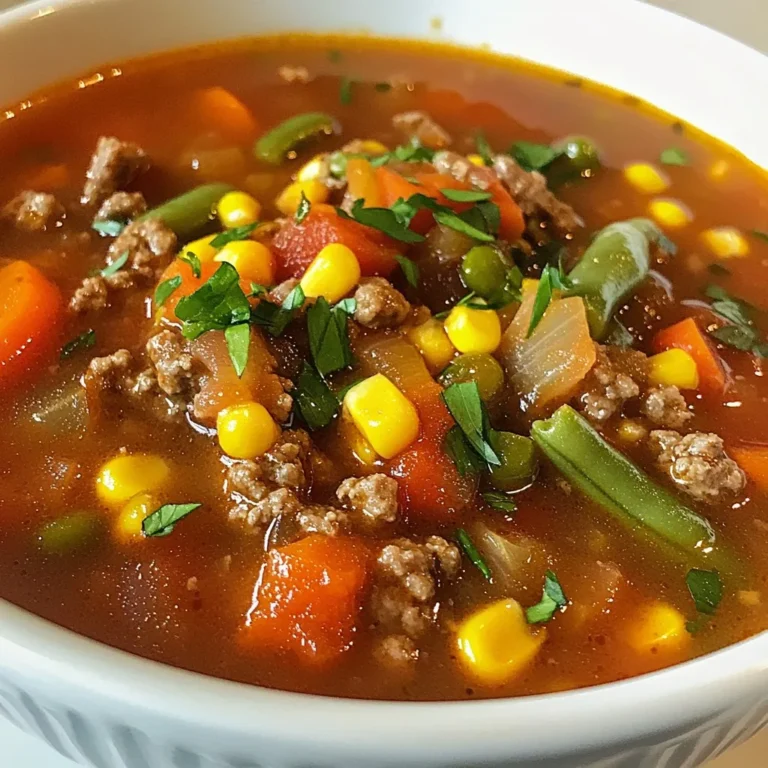 - 1 lb ground beef - 1 medium onion, chopped - 2 cloves garlic, minced - 3 medium carrots, diced - 2 stalks celery, diced - 1 can (14.5 oz) diced tomatoes, with juices - 4 cups beef broth - 1 cup frozen corn - 1 cup green beans, cut into small pieces - 2 teaspoons Italian seasoning - Salt and pepper to taste - 1 tablespoon olive oil - Fresh parsley, chopped (for garnish) You can use ground turkey instead of beef for a lighter soup. If you want a vegetarian option, try lentils or beans. Fresh tomatoes work well in place of canned ones, but remember to adjust the broth. For a gluten-free option, ensure your broth is gluten-free. If you don’t have Italian seasoning, mix equal parts of dried basil, oregano, and thyme. Fresh parsley adds a bright touch to your soup. You can also try shredded cheese for a creamy finish. A dollop of sour cream can add richness. If you like spice, sprinkle some red pepper flakes on top. Serve with crusty bread or crackers for a complete meal experience. {{ingredient_image_1}} Start by heating olive oil in a large pot over medium heat. Once the oil is warm, add chopped onion and minced garlic. Cook them for about 3-4 minutes. You want the onion to turn translucent. This step adds great flavor to your soup. Next, add the ground beef. Use a spoon to break it apart as it cooks. Stir until it turns brown, which takes about 5-7 minutes. Make sure to drain any extra fat. After that, add the diced carrots and celery. Cook them for 3-4 minutes, so they start to soften. Now, pour in the beef broth. Add the can of diced tomatoes with their juices. Stir everything well. Then, it’s time to add frozen corn and green beans. Sprinkle in the Italian seasoning, salt, and pepper. Bring the soup to a gentle boil. Once boiling, lower the heat. Cover the pot and let it simmer for about 20 minutes. Stir occasionally to mix the flavors. Taste the soup and adjust the seasoning if needed. When the soup is ready, it should smell amazing! Serve it hot in bowls. To make it even better, add fresh chopped parsley on top. This adds a nice pop of color and flavor. Enjoy your busy day hamburger soup with some crusty bread or crackers for a complete meal! To boost the taste of your Busy Day Hamburger Soup, use fresh herbs. Add basil or thyme for a nice twist. A splash of Worcestershire sauce can deepen the flavor too. You can also try adding a dash of hot sauce for a kick. Taste before serving, and adjust seasoning as needed. I recommend cooking the soup on the stove. This method helps blend the flavors well. Start with medium heat, then lower it for simmering. If you're short on time, you can use a pressure cooker. Just follow the same steps but adjust the cooking time. One common mistake is not draining the fat after browning the beef. This can make the soup greasy. Another mistake is overcooking the veggies; they should be tender, not mushy. Lastly, don't forget to taste your soup. Adjusting the seasoning will make a big difference! Pro Tips Use Lean Ground Beef: Opt for 90% lean ground beef to reduce excess fat and make the soup healthier without compromising flavor. Vegetable Variability: Feel free to add or substitute other vegetables like bell peppers or zucchini for a personalized touch. Flavor Boost: For an extra depth of flavor, consider adding a splash of Worcestershire sauce or a bay leaf while the soup simmers. Make Ahead: This soup stores well in the fridge for up to 3 days, making it perfect for meal prep or leftovers. {{image_2}} You can easily make this soup meat-free. Swap the ground beef for lentils or chickpeas. Both options add protein and fiber. Use vegetable broth instead of beef broth for great flavor. Add more veggies like bell peppers or zucchini for extra nutrients. This version will taste just as hearty and warm. If you love heat, add red pepper flakes or diced jalapeños. Start with a small amount and taste as you go. You can also use spicy sausage instead of ground beef. This will give the soup a bold kick. Remember, spice can enhance the flavor but be careful not to overdo it. You can switch up the protein in this soup for variety. Ground turkey or chicken works well as a lighter option. For a twist, try diced steak or even shredded rotisserie chicken. Each protein adds a unique flavor. Choose what you like best or what you have on hand. Each option will still keep the soup filling and satisfying. To keep your Busy Day Hamburger Soup fresh, let it cool first. Then, transfer it to an airtight container. Store it in the fridge for up to three days. This soup tastes even better the next day as the flavors blend. When you're ready to enjoy the leftovers, pour the soup into a pot. Heat it over medium heat, stirring often, until it’s hot. You can also use the microwave. Place the soup in a microwave-safe bowl. Heat it for about two minutes, stirring halfway through. If you want to save some soup for later, freezing is a great option. Let the soup cool completely, then pour it into freezer-safe bags. Remove as much air as you can to prevent freezer burn. Label the bags with the date. You can freeze it for up to three months. When you're ready to eat, thaw it in the fridge overnight before reheating. Yes, you can make this soup ahead of time. I often prepare it a day early. Let it cool, then store it in an airtight container in the fridge. The flavors actually get better as they sit. When you're ready to eat, just reheat it on the stove or in the microwave. You can add many vegetables to this soup. Zucchini, bell peppers, or potatoes work well. If you have leftover veggies, toss them in! Just make sure to chop them small so they cook evenly. You can mix and match based on what you like or have on hand. To thicken the soup, there are a few easy methods. You can mash some of the beans or potatoes in the pot. This adds body without changing the flavor. Another option is to mix a tablespoon of cornstarch with water, then stir it in. Let it simmer for a few minutes until it thickens. This blog post covered key ingredients, cooking steps, and helpful tips for your soup. I gave you ingredient options and garnishes to match your taste. Cooking methods and common mistakes were laid out clearly. You can also find ideas for making variations and storing leftovers. Memorize these steps, explore your spice options, and enjoy making your soup better. Cooking can be fun and rewarding. Try it out!