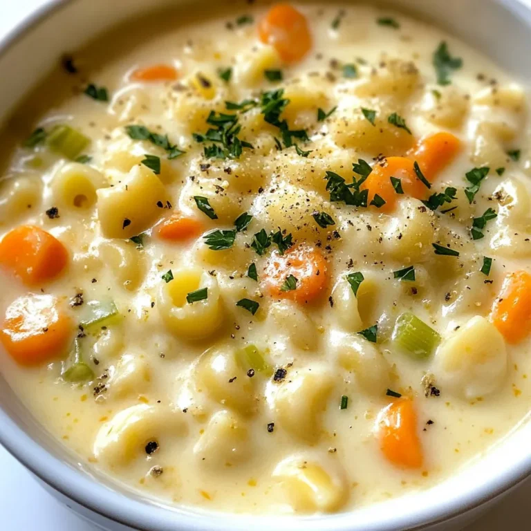 To make a delicious Creamy Parmesan Ditalini Soup, you need some key ingredients. Here is a full list of what you'll need: - 1 cup ditalini pasta - 4 cups vegetable broth - 1 cup heavy cream - 1 cup grated Parmesan cheese - 1 medium onion, diced - 3 cloves garlic, minced - 2 medium carrots, diced - 1 celery stalk, diced - 1 teaspoon dried thyme - 1 teaspoon dried basil - Salt and pepper to taste - 2 tablespoons olive oil - Fresh parsley, chopped for garnish Each ingredient plays an important role in the soup. The ditalini pasta gives it a nice bite. The vegetable broth adds depth and flavor. Heavy cream makes it rich and creamy, while Parmesan cheese brings a savory taste. The vegetables—onion, carrots, and celery—add sweetness and texture. Garlic gives the soup a warm aroma. Thyme and basil elevate the flavor profile with their fragrant notes. Salt and pepper help balance everything out. Olive oil is great for sautéing the vegetables. Finally, fresh parsley not only adds color but also a fresh taste when used as a garnish. With this list, you're ready to create a comforting bowl of soup that warms the soul. {{ingredient_image_1}} To start, grab a large pot and heat the olive oil over medium heat. Add the diced onion, carrots, and celery. Sauté these veggies for about 5-7 minutes. You want them to soften and become fragrant. Next, stir in the minced garlic and cook for one more minute. This step brings out a nice aroma. After that, add dried thyme, dried basil, salt, and pepper to the pot. Mix everything well to blend the flavors. Now, pour in the vegetable broth and bring it to a simmer. Once it starts bubbling, it's time to add the ditalini pasta. Cook it according to the package instructions, which is usually about 8-10 minutes. You want it to be al dente, meaning it should still have a bit of bite. After the pasta is cooked, reduce the heat to low. Stir in the heavy cream and grated Parmesan cheese. Mix until the cheese melts and the soup becomes creamy. This is where the magic happens! Taste your soup and adjust the seasoning if needed. If it feels too thick, add more broth or water to thin it out. When you serve, garnish each bowl with fresh parsley on top. This adds a pop of color and a fresh taste. Enjoy your creamy Parmesan ditalini soup! To adjust the thickness of the soup, you have options. If it's too thick, add more broth or water until it feels just right. A thinner soup feels lighter and is easy to enjoy. If you want it thicker, let it simmer longer to reduce and concentrate the flavors. For al dente pasta, follow the package instructions closely. Ditalini cooks quickly. Start checking a minute or two before the time is up. You want it firm to the bite, not mushy. This keeps the pasta from soaking up all the broth. To boost flavor, consider adding extra herbs or spices. Fresh thyme or basil can add brightness. A pinch of red pepper flakes gives a nice kick too. You can also mix in a squeeze of lemon juice for a zesty finish. Suggested toppings include crispy bacon bits for crunch or a sprinkle of extra Parmesan for richness. Fresh parsley adds color and freshness. These simple additions make the soup even more enjoyable. Pro Tips Use Fresh Herbs: Fresh herbs can elevate the flavor of your soup. Consider adding fresh thyme and basil right before serving for a burst of freshness. Adjust Creaminess: If you prefer a lighter soup, you can substitute half of the heavy cream with more vegetable broth. This will maintain the flavor while reducing the richness. Customize Veggies: Feel free to add other vegetables like spinach, zucchini, or bell peppers to the soup for added nutrition and flavor. Perfect Pasta: To prevent the ditalini from overcooking, add it to the pot when the broth is simmering and check for doneness a minute or two before the package instructions indicate. {{image_2}} You can change up the ditalini pasta to any small pasta you like. Shells or elbows work well too. These shapes catch the soup's creamy goodness. Feel free to use whole wheat or even chickpea pasta for a twist. For cheese, try using different types. Asiago or Gruyère can add a nice flavor. If you want a sharper taste, go for aged cheddar. Each cheese brings its own touch to the soup. To make this soup vegetarian, simply use vegetable broth. You can also swap heavy cream with coconut milk for a vegan version. This will still keep the soup rich and tasty. If you're gluten-free, use gluten-free pasta. There are many brands that work well in soups. Just be sure to check the package instructions for cooking time. You want the pasta to be just right in your creamy soup. To keep your Creamy Parmesan Ditalini Soup fresh, first cool it down. Pour the soup into an airtight container. This helps keep it safe from bacteria. Place the container in the fridge. The soup stays good for up to three days. If you want to save it for later, freeze the soup. Use freezer-safe bags or containers. Leave some space in the container for expansion. The soup can last up to three months in the freezer. When you’re ready to enjoy the soup again, there are a few ways to reheat it. The best way is to use the stove. Pour the soup into a pot and heat it on low. Stir it often to keep it from sticking. You can also use the microwave. Put the soup in a microwave-safe bowl. Heat it in short bursts. Stir between each burst. This helps heat the soup evenly. To keep the creamy texture, add a splash of broth or cream while reheating. This helps restore its smoothness. Enjoy every comforting bite! Can I make this soup ahead of time? Yes, you can make this soup ahead of time. Just store it in the fridge. It tastes great after a day. The flavors blend nicely when it sits. When you reheat it, you may need to add some broth. This helps keep it creamy. What can I serve with this soup? You can serve this soup with crusty bread. A simple salad also pairs well. Try some garlic bread for a tasty side. This soup is filling, so a light side works best. Can I use pre-grated Parmesan? Yes, you can use pre-grated Parmesan. It saves time and still tastes good. However, fresh grated cheese melts better and adds more flavor. If you have fresh cheese, I recommend using it. Can I substitute heavy cream? You can substitute heavy cream with half-and-half or whole milk. This will make the soup lighter. It may not be as rich, but it still tastes great. For a dairy-free option, use coconut milk. This creamy Parmesan Ditalini soup is simple and delicious. You learned about the key ingredients and how to prepare the dish step-by-step. I shared tips for perfect texture and flavor, plus ways to adjust ingredients for different diets. Remember, this soup is versatile and easy to store. You can refrigerate or freeze it for later. Enjoy this warm bowl of comfort anytime you want. It's a recipe you will want to make again and again.