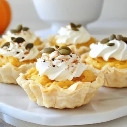 Making mini pumpkin pies starts with gathering the right ingredients. Here’s what you need: - 1 can (15 oz) pure pumpkin puree - 1/2 cup brown sugar - 1/4 cup granulated sugar - 1 teaspoon ground cinnamon - 1/2 teaspoon ground ginger - 1/4 teaspoon ground nutmeg - 1/4 teaspoon ground cloves - 1 teaspoon vanilla extract - 3 large eggs - 1 can (14 oz) sweetened condensed milk - 2 packages of pre-made mini phyllo pastry shells (about 30 shells total) - Optional toppings: whipped cream, pumpkin seeds Each ingredient plays a key role in flavor and texture. The pumpkin puree brings moisture and sweetness. The sugars add depth and balance. Ground spices like cinnamon, ginger, nutmeg, and cloves create that warm, cozy flavor we love in fall desserts. Vanilla extract adds a subtle richness. Eggs help bind everything together, giving the filling a nice structure. Sweetened condensed milk adds creaminess and sweetness, making these pies irresistible. The mini phyllo pastry shells provide a crispy base. You can top your pies with whipped cream for a fluffy finish. Pumpkin seeds add a nice crunch, making each bite even more delightful. {{ingredient_image_1}} - Preheat the oven to 375°F (190°C). - In a large bowl, combine pumpkin puree, brown sugar, and granulated sugar. - Add ground cinnamon, ginger, nutmeg, cloves, and vanilla extract. Mix well until smooth. - Crack the eggs and mix them in one at a time. - Gradually stir in the sweetened condensed milk until creamy and blended. - Place the mini phyllo pastry shells on a baking sheet. Fill each shell about three-quarters full. - Bake the mini pies for 20-25 minutes. The filling should be set and the tops slightly puffed. - Once done, remove them from the oven. Let them cool for a few minutes. - Transfer the pies to a wire rack to cool completely. - Serve the mini pumpkin pies chilled or at room temperature. - Top with a dollop of whipped cream for a creamy finish. - Sprinkle pumpkin seeds on top for a nice crunch. - To ensure the filling sets properly, bake the pies until the edges firm up. The center should still have a slight jiggle. This means it will continue to set as it cools. - For shell handling, be gentle when filling the phyllo pastry. They can break easily. Use a spoon to scoop and fill each shell carefully. - Add a pinch of cardamom or allspice for extra warmth. These spices can elevate the flavor profile. - For a smoother filling, blend the mixture until creamy. This helps to avoid any lumps from the pumpkin or eggs. - Top each pie with a dollop of whipped cream. You can also sprinkle some cinnamon on top for a nice touch. - Consider using small edible flowers or seasonal decorations. They can make your mini pies look stunning and festive. Pro Tips Chill the Filling: For an extra creamy texture, chill the pumpkin filling in the refrigerator for about 30 minutes before filling the phyllo shells. Check for Doneness: The mini pies are done when the filling is set in the center. A toothpick inserted should come out clean. Customize Spices: Feel free to adjust the spices according to your taste. Adding a pinch of allspice or cardamom can enhance the flavor profile. Presentation Matters: For a beautiful presentation, serve the mini pies on a decorative platter and top with freshly whipped cream and a sprinkle of pumpkin seeds. {{image_2}} You can make vegan mini pumpkin pies by using simple substitutes. Instead of eggs, use flaxseed meal or applesauce. Mix 1 tablespoon of flaxseed meal with 2.5 tablespoons of water to replace one egg. For sweetened condensed milk, use coconut cream or a cashew cream. Both options add richness without dairy. These swaps keep the pies creamy and tasty. For gluten-free mini pumpkin pies, choose gluten-free pastry shells. Many brands offer these in stores. You can also make your own with almond flour or oat flour. For the filling, use cornstarch instead of flour for thickening. This keeps the texture smooth and delicious. Ensure all your spices and sugars are also gluten-free. You can give your mini pumpkin pies a twist. Try adding a pumpkin spice latte flavor. Just mix in a bit of brewed espresso or coffee. This adds a lovely depth. For a chocolate version, stir in cocoa powder to the filling before baking. Want something sweeter? Drizzle caramel sauce on top after baking for a rich finish. To keep your unbaked mini pumpkin pies fresh, you have two good options: refrigerate or freeze. If you plan to bake them soon, just cover the filling tightly with plastic wrap. You can store it in the fridge for up to two days. If you want to save them longer, freeze the filling in an airtight container for up to three months. Just remember to defrost it in the fridge before using. Once baked, these mini pumpkin pies need a little care. Let them cool completely first. After cooling, place them in an airtight container. They can stay in the fridge for about four days. If you want to freeze them, wrap each pie in plastic wrap, then place them in a freezer bag. They will last for up to three months. Just remember, the fresher they are, the better they taste! When it's time to enjoy your mini pumpkin pies again, reheating is key. The best method is to use an oven. Preheat your oven to 350°F (175°C). Place the pies on a baking sheet and warm them for about 10-15 minutes. This method helps keep the crust crispy and the filling warm. If you're in a hurry, you can use a microwave. Just heat them for 15-20 seconds, but be careful not to overdo it. Enjoy your tasty treat! Mini pumpkin pies can last up to four days in the fridge. Store them in an airtight container. To keep them fresh, avoid leaving them out at room temperature for too long. If you want to keep them longer, freeze them for up to two months. Just wrap each pie well before freezing. When ready to eat, thaw them in the fridge overnight. Yes, you can make mini pumpkin pies ahead of time. Bake them one or two days before serving. After baking, let them cool completely. Then, store them in the fridge. You can also prepare the filling a few days early. Just store it in the fridge and fill the shells when you're ready to bake. This saves time and makes serving easy. Absolutely! Using fresh pumpkin gives a great flavor. Start with a small pie pumpkin. Roast it until soft, then scoop out the flesh. Blend it until smooth. This fresh puree can replace the canned pumpkin puree in the recipe. Just be sure to measure it correctly. Fresh pumpkin may have a different moisture level, so adjust your spices if needed. You now have all the tools to create delicious mini pumpkin pies. We covered the key ingredients, like pure pumpkin puree and spices, as well as step-by-step instructions for perfect preparation and baking. I shared tips and tricks to enhance flavor and improve presentation. You can even explore variations for vegan or gluten-free choices. Mini pumpkin pies are not only tasty but also fun to make and share. Enjoy your baking journey!