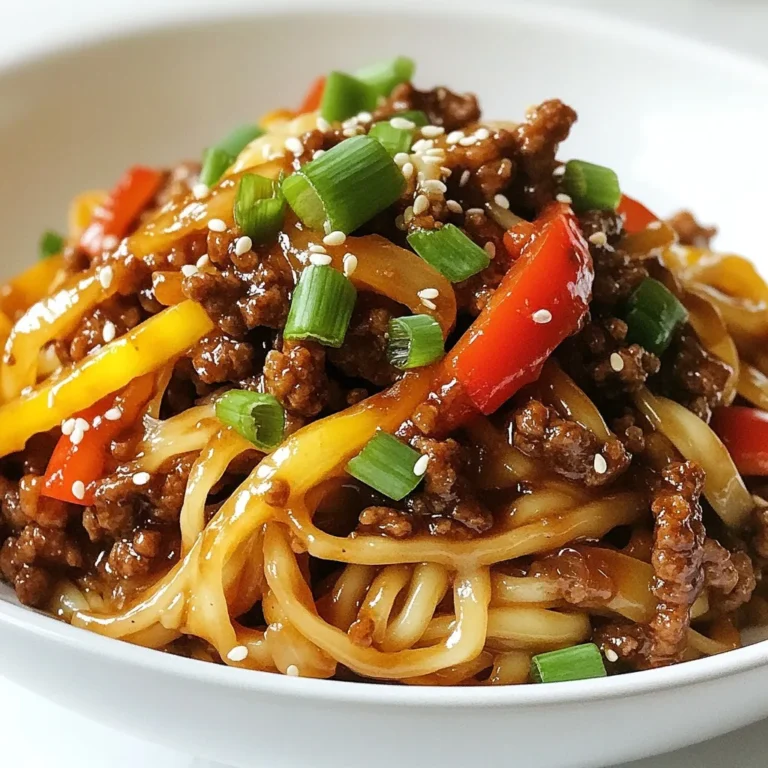 - 1 lb ground beef - 8 oz egg noodles - 1 cup green onions, chopped - 2 cloves garlic, minced - 1 tablespoon fresh ginger, grated - 3 tablespoons soy sauce - 1 tablespoon hoisin sauce - 2 teaspoons sesame oil - 1 teaspoon brown sugar - 1 bell pepper, sliced - 1 carrot, julienned - 1/2 cup beef broth - Salt and pepper to taste - Sesame seeds for garnish Gather these ingredients for a quick and tasty meal. You’ll enjoy how easy it is to put together! If you need to swap out ingredients, here are some ideas: - Use ground turkey or chicken instead of beef for a lighter dish. - Any type of noodle works. Try rice noodles or whole wheat noodles. - Green onions can be replaced with chives or leeks if needed. - Use vegetable broth to make it vegetarian-friendly. - If you don’t have hoisin sauce, mix soy sauce with a bit of sugar. These substitutions help you adapt the recipe to what you have at home. This recipe serves four people. Each serving contains: - Calories: Approximately 450 - Protein: 25g - Carbohydrates: 45g - Fat: 20g - Fiber: 3g This meal is balanced with protein and carbs, making it a filling option. Adjust portions based on your needs! {{ingredient_image_1}} To start, fill a large pot with water and bring it to a boil. Once boiling, add 8 oz of egg noodles. Cook the noodles according to the package directions. This usually takes about 5 to 7 minutes. Once they are tender, drain the noodles in a colander. Set them aside while you prepare the beef and sauce. Next, heat a large skillet over medium-high heat. Add 1 lb of ground beef to the skillet. Cook the beef until it is browned and fully cooked, which should take around 6 to 8 minutes. Make sure to break the meat apart with a spoon as it cooks. If there is excess fat, drain it carefully before moving on. Now, add 2 minced garlic cloves and 1 tablespoon of grated fresh ginger to the beef. Stir well and sauté for about 2 minutes. This will bring out the lovely flavors and aromas. For the sauce, grab a small bowl and mix together 3 tablespoons of soy sauce, 1 tablespoon of hoisin sauce, 2 teaspoons of sesame oil, 1 teaspoon of brown sugar, and 1/2 cup of beef broth. Stir the mixture until it is well combined. Once the beef is ready, toss in 1 sliced bell pepper and 1 julienned carrot. Cook these veggies for about 3 to 4 minutes, just until they are tender. Then, pour the sauce over the beef and vegetables. Mix everything well, letting it simmer for about 5 minutes. Finally, add the cooked egg noodles to the skillet. Toss everything gently to combine. Season with salt and pepper to taste. Now, you’re ready to enjoy this quick and flavorful meal! To enhance the taste of Mongolian Ground Beef Noodles, use fresh ingredients. Fresh garlic and ginger add depth. Soy sauce and hoisin sauce bring saltiness and sweetness. Adjust the amount of brown sugar for your preferred sweetness. You can add more green onions for a fresh bite. To elevate the flavor, try adding a splash of rice vinegar. It adds a nice tang. For tender noodles, avoid overcooking. Follow package instructions carefully. Rinse cooked noodles in cold water. This stops the cooking process and prevents clumping. Toss the noodles with a little sesame oil before mixing them in. This adds flavor and keeps them from sticking together. If you want extra bite, cook your noodles al dente. Here’s a list of tools that can help you make this dish: - Large pot for boiling noodles - Skillet for cooking beef and veggies - Cutting board and knife for chopping - Measuring spoons for sauces - Mixing bowls for sauces and garnishes Having these tools ready makes the cooking process smooth and enjoyable. Enjoy your cooking adventure! Pro Tips Use Fresh Ingredients: Fresh vegetables and herbs will enhance the flavor of your dish, making it more vibrant and delicious. Adjust the Heat: Feel free to add some red pepper flakes or sriracha for a spicy kick, depending on your preference. Marinate the Beef: For an even richer flavor, consider marinating the ground beef in soy sauce and ginger for about 30 minutes before cooking. Customize the Veggies: You can add or substitute other vegetables like snap peas, broccoli, or mushrooms to suit your taste. {{image_2}} You can make a tasty vegetarian version of Mongolian Ground Beef Noodles. Swap ground beef with crumbled tofu or tempeh. Both options soak up flavors well. Use the same seasonings like soy sauce and hoisin sauce. This way, you keep that rich taste. If you want a vegan dish, make sure to choose plant-based sauces. Feel free to use various vegetables to add color and texture. You can pick from bell peppers, carrots, broccoli, or snap peas. Just chop them into bite-sized pieces. Sauté them with garlic and ginger for great flavor. Mix and match based on what you like. The more veggies you add, the more nutrients in your meal! If you crave spice, there are easy ways to heat things up. Add sliced jalapeños or crushed red pepper flakes to the beef while it cooks. You can also drizzle in chili oil for a bold kick. Adjust the spice level to fit your taste. Don’t be afraid to experiment with flavors. Enjoy the journey of making your dish unique! To store leftovers, let the dish cool first. Place the Mongolian Ground Beef Noodles in an airtight container. You can keep them in the fridge for up to three days. Make sure the container seals well to maintain freshness. I love using glass containers, as they help keep the flavors intact. To reheat, you can use a microwave or stovetop. If using a microwave, place the noodles in a bowl. Add a splash of water to keep them moist. Heat for 1-2 minutes, stirring halfway through. For stovetop, warm them in a skillet over medium heat. Stir frequently for even heating. This way, you keep the noodles tasty and prevent drying out. You can freeze Mongolian Ground Beef Noodles for future meals. First, let them cool completely. Then, divide the noodles into portions and place them in freezer bags. Press out as much air as possible before sealing. They can last up to three months in the freezer. When ready to eat, thaw overnight in the fridge and reheat as mentioned above. This makes meal prep easy and fun! Mongolian Ground Beef Noodles are a simple, tasty dish. They feature ground beef, egg noodles, and fresh veggies. The dish gets its bold taste from soy sauce, hoisin sauce, and ginger. It is quick to make and perfect for busy nights. You can serve it hot and enjoy a delicious meal in just 30 minutes. Yes, you can use other noodles! Try rice noodles for a gluten-free option. You can also use udon or spaghetti if you like. Just make sure to adjust the cooking time based on the noodle type. Follow the package instructions for the best results. To spice up your noodles, add red pepper flakes or sriracha. You can also mix in chopped chili peppers for a fresh kick. If you enjoy garlic, try adding more minced garlic. For extra crunch, toss in some crushed peanuts or sesame seeds before serving. We covered the key ingredients and how they work together. I shared easy cooking steps, tips for taste, and variations you can try. Storing leftovers is simple, and reheating keeps them tasty. Experiment with different noodles and spices to make this dish yours. Mongolian Ground Beef Noodles are fun and flexible. Enjoy making this meal your own!