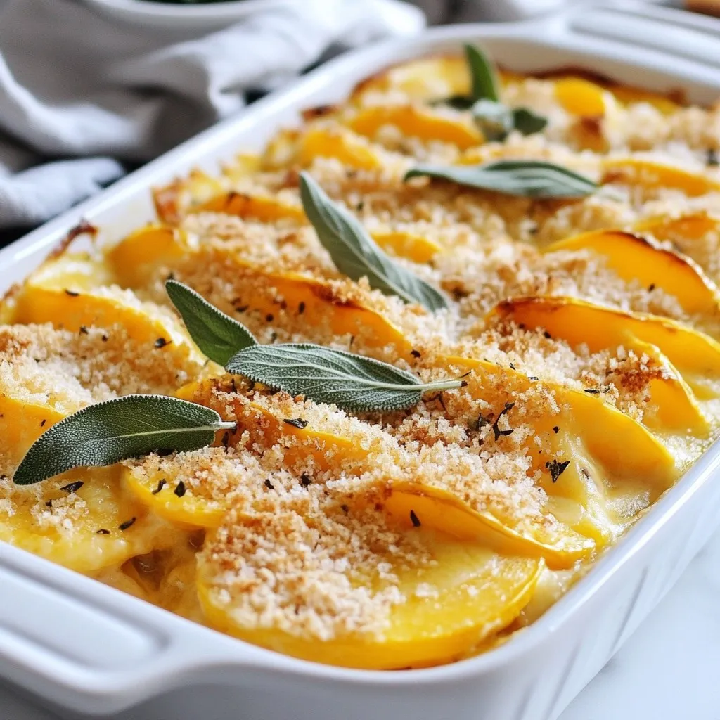 - 2 medium butternut squash, peeled, seeded, and thinly sliced - 1 cup heavy cream - 1 cup grated Gruyère cheese - 1/2 cup grated Parmesan cheese - 4 fresh sage leaves, finely chopped - 2 cloves garlic, minced - 1 teaspoon nutmeg - Salt and pepper to taste - 2 tablespoons olive oil - 1/2 cup breadcrumbs (preferably panko) - Fresh sage leaves for garnish I love how butternut squash brings a sweet and nutty flavor to this dish. The heavy cream adds a rich, velvety texture. Gruyère cheese melts beautifully, creating a creamy layer. Parmesan cheese gives a nice, sharp bite that balances the sweetness of the squash. Fresh sage leaves enhance the dish with a warm, earthy flavor. Minced garlic adds depth with its savory notes. A touch of nutmeg brings a hint of warmth and spice. Don't forget salt and pepper to tie all the flavors together. For the topping, I drizzle olive oil over panko breadcrumbs. This mix creates a crunchy, golden layer on top. I always add some fresh sage leaves for garnish. They not only look great but also boost the flavor! This dish is perfect for holidays or cozy dinners. The blend of flavors makes it a standout on any table. {{ingredient_image_1}} First, preheat your oven to 375°F (190°C). This step warms the oven for even cooking. While the oven heats, grab your baking dish and grease it with olive oil. This helps prevent sticking and gives a nice flavor. Now for the fun part! Start with your first layer of butternut squash. Spread half of the thin slices evenly in the dish. Then, pour half of the cream mixture over the squash. This adds richness and flavor. Next, sprinkle half of the Gruyère cheese on top. It melts beautifully and creates a lovely texture. After that, add another layer of the remaining butternut squash slices. Pour the rest of the cream mixture over this layer. Don't forget to top it with the remaining Gruyère cheese and sprinkle the Parmesan cheese evenly. This combination gives a rich, cheesy flavor. Cover the baking dish with aluminum foil. This keeps moisture in while it cooks. Bake for 30 minutes. After that, remove the foil to let the top brown. Bake for another 15-20 minutes until the top is golden and bubbly. This step gives you that delicious crunch. Once done, take it out and let it cool for about 10 minutes. This helps the layers set. Garnish with fresh sage leaves for a nice finish. Enjoy your Butternut Squash Sage Gratin! Choosing the right butternut squash is key. Look for squash that feels heavy for its size. The skin should be smooth and free of blemishes. A good squash will have a sweet taste when cooked. Layering is very important for a great gratin. Start with a layer of squash, then add the cream mix and cheese. This builds flavor and texture. Repeat this process for even cooking and taste. Adding spices can boost the flavor of your gratin. Nutmeg gives a warm taste, while garlic adds depth. Don't be afraid to experiment! You can also try adding a pinch of cayenne for some heat. If you want a cheese alternative, consider using cheddar or mozzarella. Each will give a unique taste. Mixing different cheeses can also create a more complex flavor profile. This dish pairs well with roasted meats or a crisp salad. It complements turkey and ham nicely during the holidays. For a vegetarian option, serve it with grilled vegetables. For presentation, serve the gratin in the baking dish. Garnish it with fresh sage leaves for a pop of color. A sprinkle of grated cheese on top makes it look even more inviting. Pro Tips Choose the Right Squash: Select butternut squash that feels heavy for its size and has a smooth, unblemished skin for the best flavor and texture. Layering is Key: Ensure even cooking and flavor distribution by layering the squash and cream mixture carefully, allowing the flavors to meld beautifully. Breadcrumb Crunch: Using panko breadcrumbs will give you a lighter, crunchier topping compared to regular breadcrumbs, adding more texture to your gratin. Let it Rest: Allow the gratin to cool for about 10 minutes before serving; this helps it set and makes it easier to slice and serve. {{image_2}} You can change this dish based on the season. Try adding other veggies like sweet potatoes or carrots. These veggies add different colors and tastes. You can mix and match based on what you find fresh at the market. For cheese, Gruyère adds a nice nutty flavor. If you want something sharper, try aged cheddar. You can also experiment with a mix of cheeses for a unique taste. If you need a gluten-free option, swap out the panko breadcrumbs for gluten-free crumbs. This keeps the dish safe for those with gluten sensitivities. For a dairy-free choice, look for plant-based cream and cheese. These alternatives can work well and still taste great. Want to boost the flavor? Try adding cooked bacon or pancetta. This adds a savory depth to the gratin. You can also play with herbs. Besides sage, try thyme or rosemary for a new twist. These herbs can change the dish's overall aroma and taste. To keep your Butternut Squash Sage Gratin fresh, place it in an airtight container. You can store it in the fridge for up to four days. Make sure it cools to room temperature before sealing it up. This helps to avoid moisture build-up, which can make the dish soggy. The best way to reheat this gratin is in the oven. Preheat your oven to 350°F (175°C). Place the gratin in an oven-safe dish and cover it with foil. Heat for about 20 minutes, or until warmed through. This keeps the top nice and crispy. You can also use a microwave, but it may not keep the texture as good. If you want to freeze the gratin, let it cool completely first. Then, wrap it tightly in plastic wrap and foil. This keeps out air and prevents freezer burn. You can freeze it for up to three months. When ready to eat, thaw it in the fridge overnight. Reheat it in the oven as mentioned above for the best results. Butternut Squash Sage Gratin lasts about 3 to 5 days in the fridge. Store it in an airtight container. Make sure it cools down before you put it in the fridge. This helps keep the flavors fresh. Yes, you can prepare this dish in advance. Layer the ingredients and cover it with foil. Then, store it in the fridge for up to two days. Bake it just before serving. This saves time and stress during the holidays. If you don’t have Gruyère cheese, you can use Swiss cheese or cheddar. Both can give a nice flavor. Mozzarella is another option for a milder taste. Just keep in mind that the texture may change a bit. Yes, this gratin is perfect for vegetarians. It uses fresh squash and cheese as the main ingredients. The heavy cream adds richness without any meat. It’s a hearty dish that everyone can enjoy. Absolutely! You can add cooked bacon or sausage for extra flavor. Just layer it in with the squash. Ground turkey or shredded chicken also works well. This adds protein and a savory twist to the dish. This blog post covered how to make a delicious Butternut Squash Sage Gratin. We explored key ingredients like butternut squash and rich cheeses. I shared tips for perfecting the dish and suggested tasty variations. Remember, this gratin can fit many diets and preferences. Whether you serve it with sides or enjoy it on its own, it's a crowd-pleaser. You can make this recipe your own. Experiment with flavors and enjoy cooking!