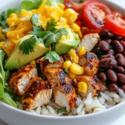 To make tasty chicken burrito bowls, gather these simple ingredients: - 2 chicken breasts, diced - 1 tablespoon olive oil - 1 teaspoon chili powder - 1 teaspoon cumin - 1 teaspoon garlic powder - Salt and pepper to taste - 1 cup brown rice (or quinoa for a lighter option) - 1 can black beans, rinsed and drained - 1 cup corn kernels (frozen or fresh) - 1 medium tomato, diced - 1 avocado, diced - 1 cup romaine lettuce, chopped - ½ cup shredded cheese (cheddar or your choice) - ¼ cup fresh cilantro, chopped - 1 lime, juiced - Salsa and sour cream for serving (optional) You can add more flavor and texture with these optional ingredients: - Jalapeños for heat - Sour cream for creaminess - Guacamole for richness - Extra veggies like bell peppers or onions - Different types of cheese like pepper jack Feel free to change the recipe to fit your diet: - Use tofu or tempeh instead of chicken for a vegetarian option. - Try brown rice or quinoa for a gluten-free base. - Swap black beans with pinto beans or chickpeas. - Choose dairy-free cheese for a vegan meal. This way, you can make chicken burrito bowls that fit your taste and needs! {{ingredient_image_1}} First, gather your chicken breasts. Dice them into small pieces. In a bowl, add the diced chicken, olive oil, chili powder, cumin, garlic powder, salt, and pepper. Mix it all together. Let it marinate for at least 15 minutes. This step adds great flavor to the chicken. Next, cook the brown rice. Follow the package instructions for perfect results. Once the rice is done, fluff it with a fork. Set it aside for later. You can also use quinoa for a lighter option. Now, heat a large skillet over medium-high heat. Add a little olive oil to the pan. Once hot, add your marinated chicken. Cook it for 7-10 minutes until it’s no longer pink. Stir occasionally to ensure even cooking. In serving bowls, start by layering the cooked rice. This acts as your base. Next, add the sautéed chicken on top. Then, layer in the black beans, corn, diced tomatoes, avocado, and shredded lettuce. For the finishing touches, sprinkle chopped cilantro on top. Squeeze lime juice over everything for brightness. Finally, add shredded cheese. If you like, serve with salsa and sour cream for extra flavor. Mix all the ingredients together in the bowl before eating. This blend of flavors makes each bite delicious. Enjoy your zesty chicken burrito bowl! To save time, you can prep your Chicken Burrito Bowls in advance. Start by marinating the chicken. You can do this the night before or the morning of your meal. After marinating, cook the chicken and rice. Let them cool down before storing. Keep the chicken and rice in separate containers in the fridge. You can also pre-chop your veggies, like tomatoes and avocados. This way, you can quickly assemble your bowls when it’s time to eat. If you like heat, add more chili powder or some diced jalapeños. You can also use hot salsa when serving. For milder flavors, cut down on the chili powder. If you want a different taste, try smoked paprika or chipotle powder. Always taste the chicken after cooking. Adjust the spices to find your perfect blend. When sautéing chicken, heat your skillet first. Add olive oil and wait until it shimmers. This helps the chicken sear well, keeping it juicy. Avoid overcrowding the pan. Cook in batches if needed. Stir the chicken only occasionally. This allows it to brown nicely. Cook until no longer pink, about 7-10 minutes. Use a meat thermometer if you want to be sure. The chicken should reach 165°F. Pro Tips Marinate for Flavor: Allow the chicken to marinate for at least 30 minutes or even overnight for more intense flavor. Use Fresh Ingredients: Whenever possible, use fresh tomatoes and corn to enhance the taste and texture of your burrito bowls. Customize Your Toppings: Feel free to add other toppings like jalapeños, sour cream, or your favorite hot sauce to suit your taste. Make it a Meal Prep: Prepare and store each component separately in the fridge for quick assembly during the week. {{image_2}} You can make a tasty vegetarian burrito bowl easily. Swap the chicken for grilled veggies. Bell peppers, zucchini, and mushrooms work well. Use the same spices to keep the flavor strong. You can add extra beans for protein, too. Black beans or pinto beans are great choices. This way, you enjoy all the yummy flavors without meat. Rice is a classic base for burrito bowls, but other grains shine too. Quinoa is a lighter option that adds protein. Cauliflower rice is another great choice for a low-carb meal. You can also try farro or barley for a nutty flavor. Each grain gives the bowl a unique taste and texture. Sauces can change the whole vibe of your burrito bowl. If you like heat, try a spicy salsa. A creamy avocado dressing can add richness. You could also drizzle some chipotle sauce for a smoky kick. Don't forget about classic ranch or a zesty lime vinaigrette. Experimenting with different sauces makes each meal exciting! Storing your chicken burrito bowls is easy! Start by letting them cool. Once cool, place them in airtight containers. This keeps the flavors fresh. You can store them in the fridge for up to three days. Just remember to separate the toppings, like avocado and lettuce. This prevents sogginess. To reheat, you can use a microwave or a stovetop. If using a microwave, place the bowl in for about 1-2 minutes. Stir halfway to heat evenly. If you prefer the stovetop, add a bit of oil to a pan. Heat on medium, stirring often, until warm. This method makes everything nice and tasty! Freezing is a great way to save your chicken burrito bowls for later. Package the bowls in freezer-safe containers. Make sure to leave some space for expansion. You can freeze them for up to two months. When you’re ready to eat, thaw in the fridge overnight. Then reheat as mentioned above. Enjoy tasty meals with less effort! You can use quinoa instead of rice. Quinoa is lighter and adds protein. Cauliflower rice is also a great choice for fewer carbs. You can even use lettuce leaves for a fresh twist. Each option keeps the bowl tasty and satisfying. You can store Chicken Burrito Bowls for up to four days in the fridge. Make sure to keep them in a sealed container. This helps keep the flavors fresh. Just be mindful of the toppings, as some may not hold up well. Yes, you can prepare Chicken Burrito Bowls ahead of time. Cook the chicken and rice in advance. Store them separately from fresh toppings. This way, you can quickly assemble your bowl when you’re ready to eat. Toppings can really elevate your Chicken Burrito Bowls. Here are some great options: - Sliced jalapeños - Sour cream - Guacamole - Pico de gallo - Chopped green onions - Hot sauce Feel free to mix and match to find your favorite combination! In this post, we covered how to create tasty Chicken Burrito Bowls. I shared ingredient lists, cooking steps, and tips for custom spice levels. We explored meal prep and storage advice for leftovers, so you can enjoy this dish multiple times. These bowls are flexible and fun. You can change ingredients and make them fit your taste. Enjoy your cooking, and don't hesitate to experiment!