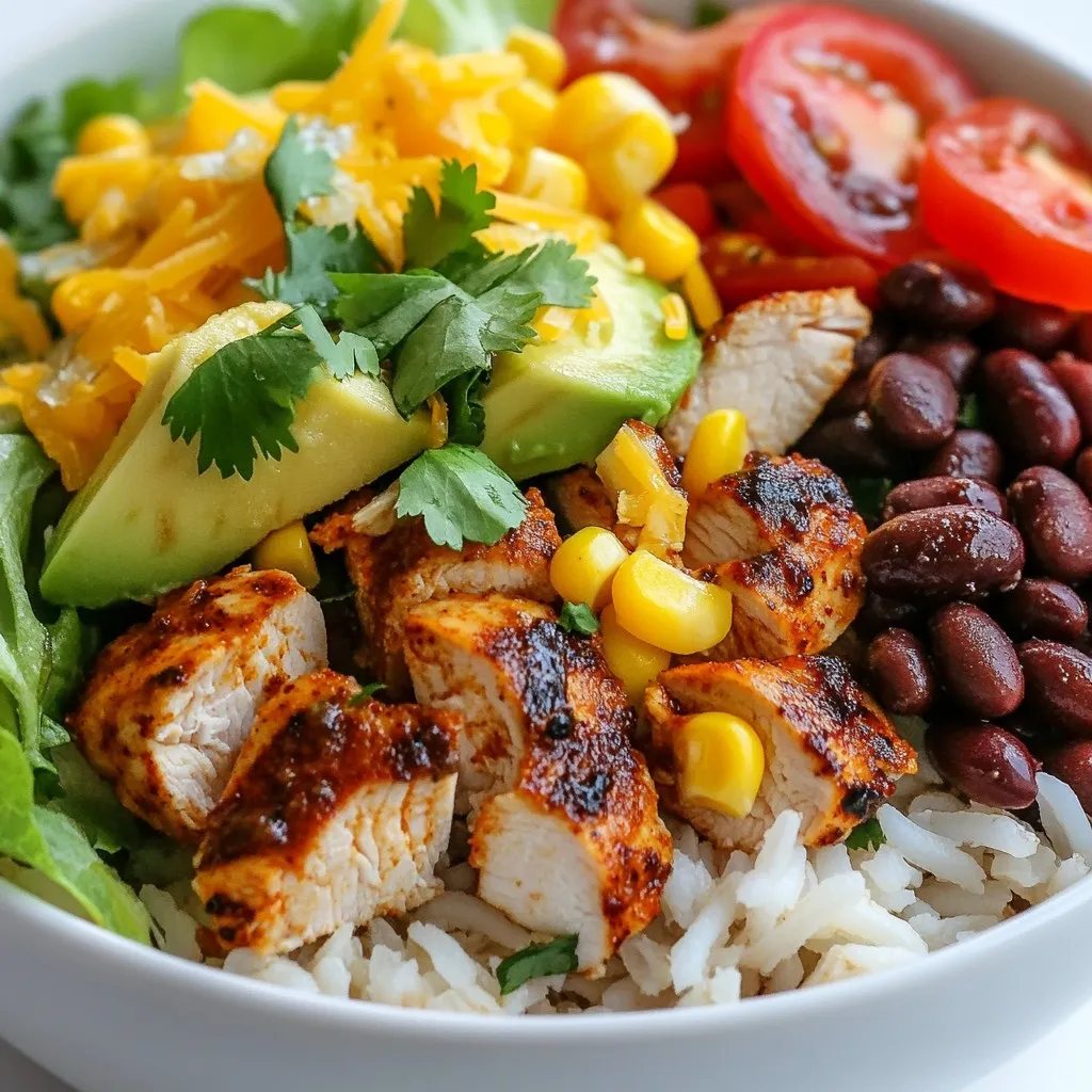 To make tasty chicken burrito bowls, gather these simple ingredients: - 2 chicken breasts, diced - 1 tablespoon olive oil - 1 teaspoon chili powder - 1 teaspoon cumin - 1 teaspoon garlic powder - Salt and pepper to taste - 1 cup brown rice (or quinoa for a lighter option) - 1 can black beans, rinsed and drained - 1 cup corn kernels (frozen or fresh) - 1 medium tomato, diced - 1 avocado, diced - 1 cup romaine lettuce, chopped - ½ cup shredded cheese (cheddar or your choice) - ¼ cup fresh cilantro, chopped - 1 lime, juiced - Salsa and sour cream for serving (optional) You can add more flavor and texture with these optional ingredients: - Jalapeños for heat - Sour cream for creaminess - Guacamole for richness - Extra veggies like bell peppers or onions - Different types of cheese like pepper jack Feel free to change the recipe to fit your diet: - Use tofu or tempeh instead of chicken for a vegetarian option. - Try brown rice or quinoa for a gluten-free base. - Swap black beans with pinto beans or chickpeas. - Choose dairy-free cheese for a vegan meal. This way, you can make chicken burrito bowls that fit your taste and needs! {{ingredient_image_1}} First, gather your chicken breasts. Dice them into small pieces. In a bowl, add the diced chicken, olive oil, chili powder, cumin, garlic powder, salt, and pepper. Mix it all together. Let it marinate for at least 15 minutes. This step adds great flavor to the chicken. Next, cook the brown rice. Follow the package instructions for perfect results. Once the rice is done, fluff it with a fork. Set it aside for later. You can also use quinoa for a lighter option. Now, heat a large skillet over medium-high heat. Add a little olive oil to the pan. Once hot, add your marinated chicken. Cook it for 7-10 minutes until it’s no longer pink. Stir occasionally to ensure even cooking. In serving bowls, start by layering the cooked rice. This acts as your base. Next, add the sautéed chicken on top. Then, layer in the black beans, corn, diced tomatoes, avocado, and shredded lettuce. For the finishing touches, sprinkle chopped cilantro on top. Squeeze lime juice over everything for brightness. Finally, add shredded cheese. If you like, serve with salsa and sour cream for extra flavor. Mix all the ingredients together in the bowl before eating. This blend of flavors makes each bite delicious. Enjoy your zesty chicken burrito bowl! To save time, you can prep your Chicken Burrito Bowls in advance. Start by marinating the chicken. You can do this the night before or the morning of your meal. After marinating, cook the chicken and rice. Let them cool down before storing. Keep the chicken and rice in separate containers in the fridge. You can also pre-chop your veggies, like tomatoes and avocados. This way, you can quickly assemble your bowls when it’s time to eat. If you like heat, add more chili powder or some diced jalapeños. You can also use hot salsa when serving. For milder flavors, cut down on the chili powder. If you want a different taste, try smoked paprika or chipotle powder. Always taste the chicken after cooking. Adjust the spices to find your perfect blend. When sautéing chicken, heat your skillet first. Add olive oil and wait until it shimmers. This helps the chicken sear well, keeping it juicy. Avoid overcrowding the pan. Cook in batches if needed. Stir the chicken only occasionally. This allows it to brown nicely. Cook until no longer pink, about 7-10 minutes. Use a meat thermometer if you want to be sure. The chicken should reach 165°F. Pro Tips Marinate for Flavor: Allow the chicken to marinate for at least 30 minutes or even overnight for more intense flavor. Use Fresh Ingredients: Whenever possible, use fresh tomatoes and corn to enhance the taste and texture of your burrito bowls. Customize Your Toppings: Feel free to add other toppings like jalapeños, sour cream, or your favorite hot sauce to suit your taste. Make it a Meal Prep: Prepare and store each component separately in the fridge for quick assembly during the week. {{image_2}} You can make a tasty vegetarian burrito bowl easily. Swap the chicken for grilled veggies. Bell peppers, zucchini, and mushrooms work well. Use the same spices to keep the flavor strong. You can add extra beans for protein, too. Black beans or pinto beans are great choices. This way, you enjoy all the yummy flavors without meat. Rice is a classic base for burrito bowls, but other grains shine too. Quinoa is a lighter option that adds protein. Cauliflower rice is another great choice for a low-carb meal. You can also try farro or barley for a nutty flavor. Each grain gives the bowl a unique taste and texture. Sauces can change the whole vibe of your burrito bowl. If you like heat, try a spicy salsa. A creamy avocado dressing can add richness. You could also drizzle some chipotle sauce for a smoky kick. Don't forget about classic ranch or a zesty lime vinaigrette. Experimenting with different sauces makes each meal exciting! Storing your chicken burrito bowls is easy! Start by letting them cool. Once cool, place them in airtight containers. This keeps the flavors fresh. You can store them in the fridge for up to three days. Just remember to separate the toppings, like avocado and lettuce. This prevents sogginess. To reheat, you can use a microwave or a stovetop. If using a microwave, place the bowl in for about 1-2 minutes. Stir halfway to heat evenly. If you prefer the stovetop, add a bit of oil to a pan. Heat on medium, stirring often, until warm. This method makes everything nice and tasty! Freezing is a great way to save your chicken burrito bowls for later. Package the bowls in freezer-safe containers. Make sure to leave some space for expansion. You can freeze them for up to two months. When you’re ready to eat, thaw in the fridge overnight. Then reheat as mentioned above. Enjoy tasty meals with less effort! You can use quinoa instead of rice. Quinoa is lighter and adds protein. Cauliflower rice is also a great choice for fewer carbs. You can even use lettuce leaves for a fresh twist. Each option keeps the bowl tasty and satisfying. You can store Chicken Burrito Bowls for up to four days in the fridge. Make sure to keep them in a sealed container. This helps keep the flavors fresh. Just be mindful of the toppings, as some may not hold up well. Yes, you can prepare Chicken Burrito Bowls ahead of time. Cook the chicken and rice in advance. Store them separately from fresh toppings. This way, you can quickly assemble your bowl when you’re ready to eat. Toppings can really elevate your Chicken Burrito Bowls. Here are some great options: - Sliced jalapeños - Sour cream - Guacamole - Pico de gallo - Chopped green onions - Hot sauce Feel free to mix and match to find your favorite combination! In this post, we covered how to create tasty Chicken Burrito Bowls. I shared ingredient lists, cooking steps, and tips for custom spice levels. We explored meal prep and storage advice for leftovers, so you can enjoy this dish multiple times. These bowls are flexible and fun. You can change ingredients and make them fit your taste. Enjoy your cooking, and don't hesitate to experiment!