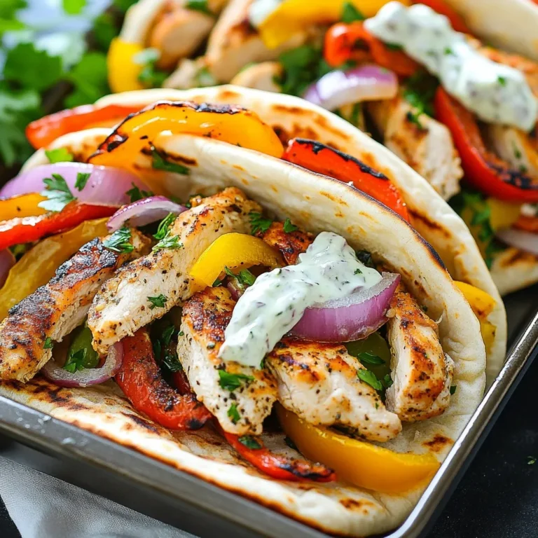 For this tasty dish, you need: - 2 chicken breasts, sliced into strips - 1 red bell pepper, sliced - 1 yellow bell pepper, sliced - 1 red onion, sliced - 4 whole wheat pitas - 1 cup tzatziki sauce - Fresh parsley, chopped for garnish These fresh ingredients give your pitas color and flavor. The chicken adds protein while the veggies bring crunch and sweetness. To make the chicken and veggies pop, use: - 2 tablespoons olive oil - 2 teaspoons smoked paprika - 1 teaspoon garlic powder - 1 teaspoon cumin - Salt and pepper to taste These spices create a warm and smoky taste. Smoked paprika adds depth, while garlic powder and cumin enhance the flavors. Don’t forget to add salt and pepper to bring it all together. Feel free to get creative! You can add: - Sliced cucumbers - Diced tomatoes - Crumbled feta cheese - Spinach or arugula These add-ins can boost nutrition and flavor. They also allow you to personalize your pitas. Try different toppings to keep things fun and exciting! {{ingredient_image_1}} Start by preheating your oven to 400°F (200°C). Take two chicken breasts and slice them into strips. Next, grab one red bell pepper and one yellow bell pepper, and slice them. Also, slice one red onion. In a large bowl, combine the chicken, bell peppers, and onion. Drizzle in two tablespoons of olive oil. Sprinkle in two teaspoons of smoked paprika, one teaspoon of garlic powder, and one teaspoon of cumin. Add salt and pepper to taste. Toss everything well until the chicken and veggies are coated. Spread the chicken and vegetable mix evenly onto a large sheet pan. Place the pan in the preheated oven. Roast for 20 to 25 minutes. Check that the chicken is fully cooked and the veggies are tender and slightly charred. In the last five minutes, warm the whole wheat pitas in the oven alongside the chicken. This helps them stay soft and delicious. Once the chicken and veggies are ready, take the sheet pan out of the oven. Let it cool for a few minutes. Slice the warmed pitas horizontally, then gently open each one. Stuff the pitas with the roasted chicken and vegetables. Drizzle tzatziki sauce inside each pita. Finish by garnishing with freshly chopped parsley. Enjoy your tasty meal! To get roasted vegetables just right, cut them to a similar size. This helps them cook evenly. Use fresh, colorful veggies like red and yellow bell peppers and red onion. The olive oil adds flavor and helps them roast well. Don't skip the spices! Smoked paprika, garlic powder, and cumin make them tasty. Toss everything well before roasting. Keep an eye on them in the oven. You want them tender, with a nice char. Leftovers are a gift! If you have extra chicken and veggies, store them in an airtight container. They stay fresh in the fridge for up to three days. The next day, you can use them in salads, wraps, or grain bowls. Add some extra tzatziki sauce for flavor. You can also reheat them in a skillet for a quick meal. Just sauté until warm. This keeps the flavors bright and fresh. If you want to mix things up, try grilling the chicken and veggies. Grilling gives them a smoky taste. You can also use a stovetop skillet. Cook the chicken first, then add the veggies. Stir-fry them until they are tender. Another option is to use an air fryer. It cooks quickly and gives a nice crisp. No matter the method, the goal is to have juicy chicken and vibrant veggies. Pro Tips Marinate for Extra Flavor: If you have time, marinate the chicken in the olive oil and spices for at least 30 minutes before cooking. This will enhance the flavor and tenderness of the chicken. Veggie Variation: Feel free to mix in other vegetables like zucchini or mushrooms. They can add different flavors and textures to your pitas. Keep It Warm: If you're making these for a gathering, keep the pitas warm by wrapping them in foil after warming in the oven. This helps retain heat until serving. Tzatziki Tips: For a creamier tzatziki, consider adding a bit of chopped cucumber and a squeeze of lemon juice to the sauce before drizzling in the pitas. {{image_2}} You can swap chicken for other meats easily. Try turkey or pork strips instead. These options cook well and keep the meal tasty. For a lighter choice, use chicken thighs. They add juiciness and flavor. If you want a meat-free option, use chickpeas or tofu. Chickpeas are great for texture. Just roast them the same way as the chicken. For tofu, choose firm or extra-firm. Press it to remove water, then cut it into strips. Both choices soak up flavors well. Tzatziki is a classic, but you can mix it up! Try hummus for a creamy twist. A spicy harissa sauce can add a kick. Or drizzle with a tangy tahini dressing for a unique taste. Each sauce gives a new vibe to your pitas. After you finish your meal, let the leftovers cool. Place the chicken and veggies in an airtight container. Keep it in the fridge for up to three days. Store the pitas separately so they stay fresh. To reheat, preheat your oven to 350°F (175°C). Place the chicken and veggies on a baking sheet. Warm them for about 10 minutes. You can also use a microwave. Just heat them for 1-2 minutes. Warm the pitas in the oven for a few minutes, too. This keeps them soft and tasty. You can freeze the chicken and veggies for later. Allow them to cool completely before freezing. Use a freezer-safe container or bag. They can last up to three months in the freezer. When ready to eat, thaw overnight in the fridge. Reheat in the oven or microwave as mentioned above. You can serve many sides with Sheet Pan Chicken Pitas. A fresh garden salad pairs well. You can also add roasted veggies for extra flavor. Try some sweet potato fries for a fun twist. Hummus and pita chips are great for dipping, too. Yes, you can make Sheet Pan Chicken Pitas ahead of time. Cook the chicken and veggies, then store them in the fridge. When you’re ready to eat, just warm them up. You can also prep the pitas and sauce early for quick assembly. You can easily change the spices to fit your taste. For a spicy kick, add cayenne or chili powder. If you like a fresh taste, try adding herbs like oregano or thyme. Experiment with different spices to create unique flavors. Yes, you can find gluten-free pitas in many stores. Look for brands that use alternative flours. You can also use lettuce wraps as a low-carb option. Both work well for holding the chicken and veggies. This article covered everything about making tasty Sheet Pan Chicken Pitas. We discussed key ingredients, spices, and options for add-ins. You learned step-by-step instructions, tips for perfect veggies, and clever ways to use leftovers. We explored variations for diets and preferences. Lastly, we went over storage tips to keep pitas fresh. Now, you can create simple, delicious meals at home. Enjoy experimenting with flavors and make it your own!