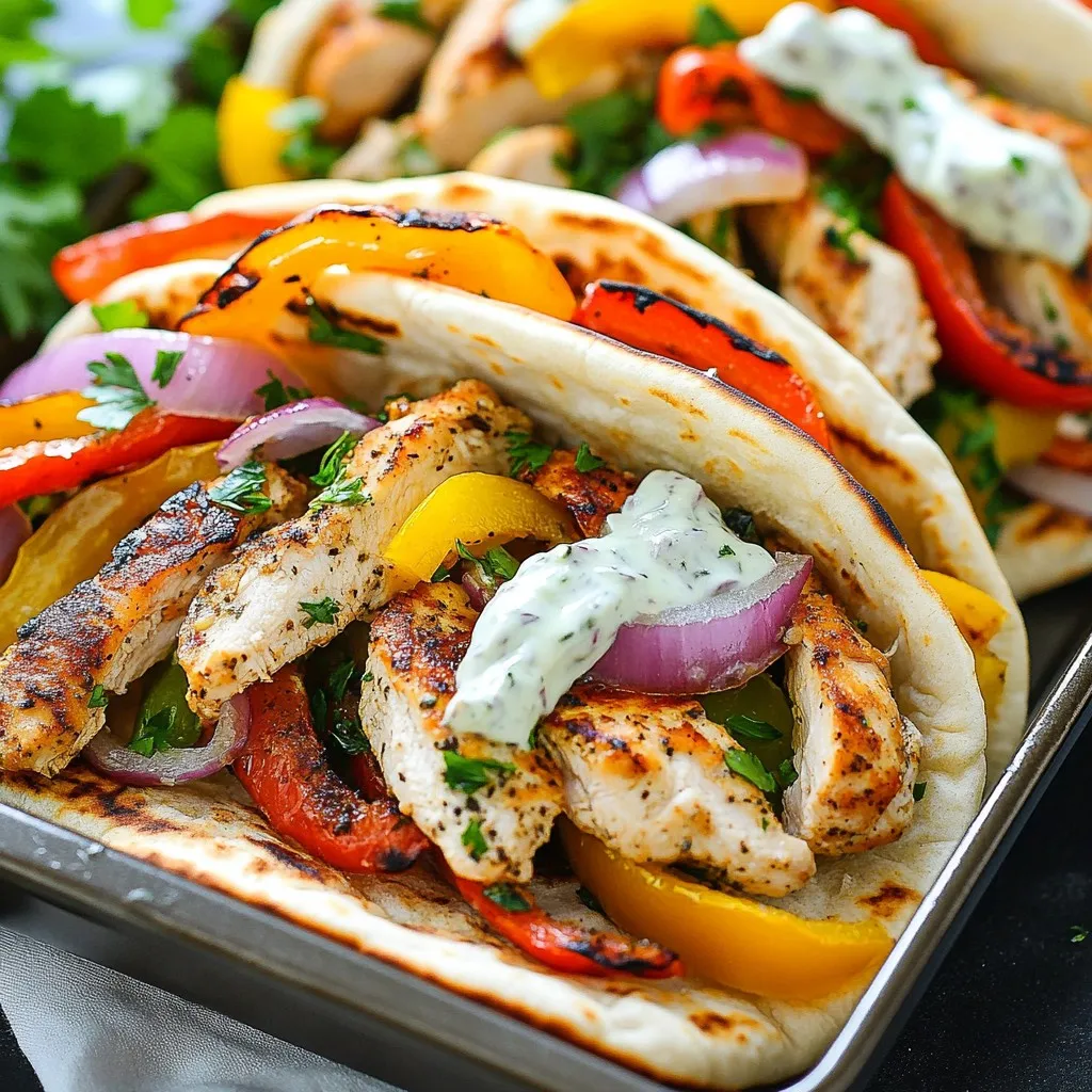 For this tasty dish, you need: - 2 chicken breasts, sliced into strips - 1 red bell pepper, sliced - 1 yellow bell pepper, sliced - 1 red onion, sliced - 4 whole wheat pitas - 1 cup tzatziki sauce - Fresh parsley, chopped for garnish These fresh ingredients give your pitas color and flavor. The chicken adds protein while the veggies bring crunch and sweetness. To make the chicken and veggies pop, use: - 2 tablespoons olive oil - 2 teaspoons smoked paprika - 1 teaspoon garlic powder - 1 teaspoon cumin - Salt and pepper to taste These spices create a warm and smoky taste. Smoked paprika adds depth, while garlic powder and cumin enhance the flavors. Don’t forget to add salt and pepper to bring it all together. Feel free to get creative! You can add: - Sliced cucumbers - Diced tomatoes - Crumbled feta cheese - Spinach or arugula These add-ins can boost nutrition and flavor. They also allow you to personalize your pitas. Try different toppings to keep things fun and exciting! {{ingredient_image_1}} Start by preheating your oven to 400°F (200°C). Take two chicken breasts and slice them into strips. Next, grab one red bell pepper and one yellow bell pepper, and slice them. Also, slice one red onion. In a large bowl, combine the chicken, bell peppers, and onion. Drizzle in two tablespoons of olive oil. Sprinkle in two teaspoons of smoked paprika, one teaspoon of garlic powder, and one teaspoon of cumin. Add salt and pepper to taste. Toss everything well until the chicken and veggies are coated. Spread the chicken and vegetable mix evenly onto a large sheet pan. Place the pan in the preheated oven. Roast for 20 to 25 minutes. Check that the chicken is fully cooked and the veggies are tender and slightly charred. In the last five minutes, warm the whole wheat pitas in the oven alongside the chicken. This helps them stay soft and delicious. Once the chicken and veggies are ready, take the sheet pan out of the oven. Let it cool for a few minutes. Slice the warmed pitas horizontally, then gently open each one. Stuff the pitas with the roasted chicken and vegetables. Drizzle tzatziki sauce inside each pita. Finish by garnishing with freshly chopped parsley. Enjoy your tasty meal! To get roasted vegetables just right, cut them to a similar size. This helps them cook evenly. Use fresh, colorful veggies like red and yellow bell peppers and red onion. The olive oil adds flavor and helps them roast well. Don't skip the spices! Smoked paprika, garlic powder, and cumin make them tasty. Toss everything well before roasting. Keep an eye on them in the oven. You want them tender, with a nice char. Leftovers are a gift! If you have extra chicken and veggies, store them in an airtight container. They stay fresh in the fridge for up to three days. The next day, you can use them in salads, wraps, or grain bowls. Add some extra tzatziki sauce for flavor. You can also reheat them in a skillet for a quick meal. Just sauté until warm. This keeps the flavors bright and fresh. If you want to mix things up, try grilling the chicken and veggies. Grilling gives them a smoky taste. You can also use a stovetop skillet. Cook the chicken first, then add the veggies. Stir-fry them until they are tender. Another option is to use an air fryer. It cooks quickly and gives a nice crisp. No matter the method, the goal is to have juicy chicken and vibrant veggies. Pro Tips Marinate for Extra Flavor: If you have time, marinate the chicken in the olive oil and spices for at least 30 minutes before cooking. This will enhance the flavor and tenderness of the chicken. Veggie Variation: Feel free to mix in other vegetables like zucchini or mushrooms. They can add different flavors and textures to your pitas. Keep It Warm: If you're making these for a gathering, keep the pitas warm by wrapping them in foil after warming in the oven. This helps retain heat until serving. Tzatziki Tips: For a creamier tzatziki, consider adding a bit of chopped cucumber and a squeeze of lemon juice to the sauce before drizzling in the pitas. {{image_2}} You can swap chicken for other meats easily. Try turkey or pork strips instead. These options cook well and keep the meal tasty. For a lighter choice, use chicken thighs. They add juiciness and flavor. If you want a meat-free option, use chickpeas or tofu. Chickpeas are great for texture. Just roast them the same way as the chicken. For tofu, choose firm or extra-firm. Press it to remove water, then cut it into strips. Both choices soak up flavors well. Tzatziki is a classic, but you can mix it up! Try hummus for a creamy twist. A spicy harissa sauce can add a kick. Or drizzle with a tangy tahini dressing for a unique taste. Each sauce gives a new vibe to your pitas. After you finish your meal, let the leftovers cool. Place the chicken and veggies in an airtight container. Keep it in the fridge for up to three days. Store the pitas separately so they stay fresh. To reheat, preheat your oven to 350°F (175°C). Place the chicken and veggies on a baking sheet. Warm them for about 10 minutes. You can also use a microwave. Just heat them for 1-2 minutes. Warm the pitas in the oven for a few minutes, too. This keeps them soft and tasty. You can freeze the chicken and veggies for later. Allow them to cool completely before freezing. Use a freezer-safe container or bag. They can last up to three months in the freezer. When ready to eat, thaw overnight in the fridge. Reheat in the oven or microwave as mentioned above. You can serve many sides with Sheet Pan Chicken Pitas. A fresh garden salad pairs well. You can also add roasted veggies for extra flavor. Try some sweet potato fries for a fun twist. Hummus and pita chips are great for dipping, too. Yes, you can make Sheet Pan Chicken Pitas ahead of time. Cook the chicken and veggies, then store them in the fridge. When you’re ready to eat, just warm them up. You can also prep the pitas and sauce early for quick assembly. You can easily change the spices to fit your taste. For a spicy kick, add cayenne or chili powder. If you like a fresh taste, try adding herbs like oregano or thyme. Experiment with different spices to create unique flavors. Yes, you can find gluten-free pitas in many stores. Look for brands that use alternative flours. You can also use lettuce wraps as a low-carb option. Both work well for holding the chicken and veggies. This article covered everything about making tasty Sheet Pan Chicken Pitas. We discussed key ingredients, spices, and options for add-ins. You learned step-by-step instructions, tips for perfect veggies, and clever ways to use leftovers. We explored variations for diets and preferences. Lastly, we went over storage tips to keep pitas fresh. Now, you can create simple, delicious meals at home. Enjoy experimenting with flavors and make it your own!