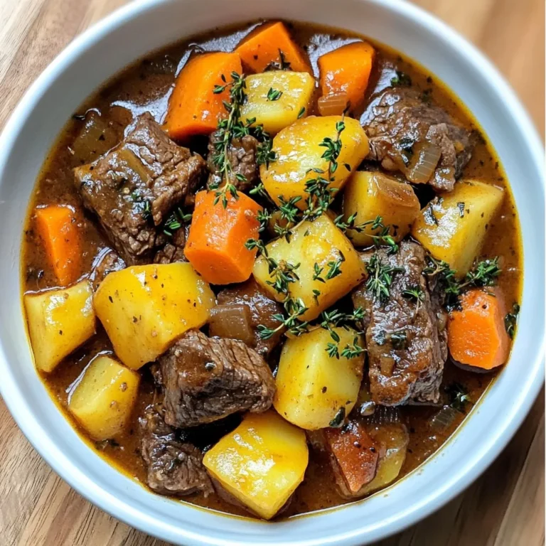 Here’s a list of what you need for this hearty Instant Pot beef stew: - 2 lbs beef chuck, cut into 1-inch cubes - 3 tablespoons olive oil - 1 large onion, chopped - 3 cloves garlic, minced - 4 medium carrots, sliced - 3 medium potatoes, diced - 2 cups beef broth - 1 tablespoon Worcestershire sauce - 1 teaspoon dried thyme - 1 teaspoon dried rosemary - 2 bay leaves - Salt and pepper to taste - Cornstarch (optional, for thickening) - Fresh parsley, chopped (for garnish) Using fresh, quality ingredients makes a big difference. I love the rich flavors from the beef and herbs. Each item plays a key role in the stew's taste. The beef chuck gives a nice texture. The carrots and potatoes add sweetness and heartiness. Worcestershire sauce brings umami, while thyme and rosemary add depth. Don't forget the garlic. It gives a wonderful aroma! You can adjust salt and pepper to suit your taste. If you like a thicker stew, cornstarch is a great option. Just mix it well before adding. Garnishing with fresh parsley not only looks nice but adds a fresh flavor. Enjoy gathering these ingredients; they promise a warm, comforting meal! {{ingredient_image_1}} Searing the beef Begin by turning on your Instant Pot. Set it to the Sauté mode and add the olive oil. When the oil is hot, add the beef cubes. Make sure not to crowd the pot. Sear the beef until it turns brown on all sides, about 5-7 minutes. This step adds great flavor! Once done, take the beef out and set it aside. Sautéing the onion and garlic In the same pot, add the chopped onion and minced garlic. Sauté these for about 3-4 minutes. You want the onion to become soft and clear. This brings a nice aroma to your stew. Adding carrots and potatoes Now it’s time to add the sliced carrots and diced potatoes. Stir them well with the onion and garlic. This helps the vegetables soak up all the flavors. Mixing in broth and seasonings Return the browned beef to the pot. Pour in the beef broth and add the Worcestershire sauce. Sprinkle in the thyme, rosemary, bay leaves, and season with salt and pepper. Mix everything together to combine the flavors. Setting the Instant Pot Secure the lid on your Instant Pot. Choose the Manual or Pressure Cook setting. Set the timer for 35 minutes on high pressure. Natural and quick release process Once cooking is done, let the pot release pressure naturally for 10 minutes. After that, switch the valve to Quick Release to let out any remaining steam. Be careful of the hot steam! Preparing a cornstarch slurry If you want a thicker stew, grab a small bowl. Mix the cornstarch with a few tablespoons of the hot stew liquid. Stir until smooth. Final steps for thickening Pour the cornstarch slurry back into the pot. Use the Sauté function again for a few minutes. This will help your stew thicken nicely. Now, your hearty beef stew is ready to serve! Enjoy the rich flavors and warm comfort it brings. To get the best flavor, you should sear your beef. - Ensuring even browning: Use a hot Instant Pot. When the oil shimmers, add the beef. Sear each side for about 3 minutes. This step locks in juices. - Avoiding overcrowding: Do not add too much beef at once. Cook in batches. Overcrowding can cause steaming instead of browning. Enhancing the taste of your stew is easy. - Suggestions for additional herbs and spices: You can add herbs like parsley or oregano. A pinch of smoked paprika gives a nice twist. - Other liquid options instead of broth: Try using red wine or tomato juice. These add depth to the flavor. Adjust cooking times for the best results. - Modifications for different beef cuts: If using a tougher cut, increase cooking time by 5-10 minutes. Cuts like brisket need extra time to become tender. - Tips for adjusting for high altitude: At high altitudes, add 5 more minutes to cooking time. This ensures the beef cooks perfectly. Pro Tips Choose the Right Cut: Using beef chuck is ideal for stew as it becomes tender and flavorful when cooked under pressure. Layering Flavors: Don’t skip the sauté step! Browning the beef and cooking the onions and garlic first adds depth to the stew. Customize Vegetables: Feel free to add other vegetables like peas or green beans for added nutrition and color. Rest Before Serving: Let the stew sit for a few minutes after cooking; this allows the flavors to meld and improves the overall taste. {{image_2}} You can swap in many veggies for your beef stew. Try green beans, peas, or bell peppers. These add color and flavor. Frozen vegetables work well too. Just toss them in during the last few minutes of cooking. They heat up fast, so you don’t need to change the cooking time. If you want a low-carb stew, you can replace potatoes with cauliflower. Cauliflower will give you a similar texture. Also, use a low-sodium broth to keep the flavor strong. Cooking times stay the same, but check if the cauliflower is tender. To make this stew in a slow cooker, sear the beef first. Then, place all the ingredients in the slow cooker. Cook on low for 6-8 hours or high for 3-4 hours. This gives the flavors time to blend well. The slow cooker version is easy and still very tasty! To store your beef stew, let it cool down first. Once cooled, place it in an airtight container. I suggest using glass containers or BPA-free plastic ones. These keep your stew fresh and tasty. Always label the container with the date so you know when you made it. If you want to freeze your beef stew, it’s easy! Just pour the cooled stew into freezer bags or containers. Make sure to leave some space at the top, as liquids expand when frozen. It can stay fresh in the freezer for about three months. When you're ready to eat, thaw it in the fridge overnight. To reheat, use the stovetop or microwave until hot. Your beef stew is best eaten within three to four days when stored in the fridge. To keep it fresh, always store it in the coldest part of your refrigerator. Look for signs of spoilage like off smells or changes in color. If it smells funny or looks strange, it's best to toss it out. Enjoy your tasty stew while it's at its best! It takes about 35 minutes to cook the beef stew in the Instant Pot. First, you need to sear the beef and sauté the veggies, which takes around 10-15 minutes. The pressure cooking part takes 35 minutes. Include a natural release for 10 minutes too. So, in total, it's about 1 hour from start to finish. Yes, you can use frozen beef, but it will need more time. When cooking from frozen, add about 10-15 extra minutes to the cooking time. Make sure to keep the beef in smaller pieces, as it helps to cook evenly. You can serve beef stew with many sides. Here are a few tasty options: - Fresh bread for dipping - Creamy mashed potatoes - Rice or quinoa - A simple green salad These sides add nice textures and flavors to your meal. To boost flavor, try these tips: - Add more herbs like bay leaves or parsley. - Use beef broth instead of water. - Include a splash of red wine for depth. - Experiment with spices like paprika or cumin. These changes can make a big difference. Yes, you can skip the cornstarch if you like a thinner stew. The stew will still taste great without it. If you want a rich texture, consider mashing some potatoes into the stew. This will naturally thicken it while adding flavor. This blog post covered all you need for a great beef stew. You learned the ingredients, step-by-step instructions, and tips for cooking. We also explored variations, storage options, and answered common questions. In the end, cooking can be fun and rewarding. With these tips, you can make delicious meals that warm your heart. Enjoy your beef stew!