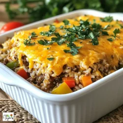 To make Cheesy Ground Beef Rice Casserole, gather these ingredients: - 1 lb ground beef - 1 cup uncooked rice (white or brown) - 2 cups beef broth - 1 can (15 oz) diced tomatoes, drained - 1 cup bell pepper, finely chopped (any color) - 1 cup onion, finely chopped - 2 cups shredded cheddar cheese (plus extra for topping) - 1 teaspoon garlic powder - 1 teaspoon onion powder - 1 teaspoon dried oregano - Salt and pepper to taste - Fresh parsley, chopped (for garnish) You can swap some ingredients if needed. Here are a few ideas: - Ground beef can be replaced with turkey or chicken for a lighter meal. - Use vegetable broth instead of beef broth for a vegetarian option. - If you don't have fresh bell peppers, use frozen ones or skip them. - For cheese, feel free to use Monterey Jack or mozzarella for a different taste. Choosing the right ingredients makes a big difference. Here’s how to pick the best: - Buy fresh ground beef with a bright red color and no strong smell. - Select rice that is whole and dry. White rice cooks faster than brown rice. - Look for firm bell peppers without any soft spots. - Choose onions that feel heavy for their size and have no sprouting. - For the cheese, opt for blocks of cheese instead of pre-shredded for better melting. These ingredient tips help you create a tasty dish every time! {{ingredient_image_1}} Start by gathering all your ingredients. You will need ground beef, rice, broth, diced tomatoes, bell pepper, onion, cheese, and some spices. Preheat your oven to 350°F (175°C). Lightly grease a 9x13 inch baking dish. This will help the casserole not stick. In a large skillet, heat over medium-high heat. Add the ground beef. Cook until it is browned. Use a spoon to break the meat into small pieces. This helps it cook evenly. Once it is browned, drain any extra fat. Next, add the finely chopped bell pepper and onion to the skillet. Cook these for about 5 minutes. You want the vegetables to soften up. This adds great flavor to your dish. After the veggies are soft, stir in the uncooked rice. Then, pour in the beef broth. Add the drained diced tomatoes, garlic powder, onion powder, oregano, salt, and pepper. Mix everything together well. This step is key for flavor. Pour the mixture into your prepared baking dish. Spread it out evenly. Cover the dish tightly with aluminum foil. Bake in the preheated oven for 30 minutes. This allows the rice to cook and soak up the flavors. After 30 minutes, remove the foil. Stir the casserole gently to mix it up. Then, sprinkle shredded cheddar cheese on top. Bake it uncovered for an extra 15 minutes. You want the cheese to melt and bubble up nicely. When the cheese looks golden and bubbly, take it out of the oven. Let it cool for a few minutes. Before serving, garnish with freshly chopped parsley for a pop of color. Enjoy your cheesy ground beef rice casserole! You can make this casserole your own in many ways. Try adding different veggies. Some great options are zucchini, corn, or spinach. You can also change the cheese. Monterey Jack or pepper jack can add a nice kick. If you want a bit more spice, add a dash of hot sauce or some jalapeños. For a creamy touch, mix in a can of cream of mushroom soup. You can even swap the beef for turkey or chicken for a lighter dish. To get that gooey, melty cheese on top, choose a good quality cheddar. Shredded cheese melts better than slices. Spread it evenly across the casserole for even melting. Bake it uncovered for the last 15 minutes. This helps the cheese get bubbly and slightly crispy. If you love extra cheese, sprinkle some on during the last few minutes of baking for an even cheesier top. You can make this casserole ahead of time. Simply prepare the mixture and layer it in the baking dish. Cover it tightly with foil and store it in the fridge. You can bake it the next day, just add a few extra minutes to the cooking time. If you want to freeze it, do so before baking. Just thaw it in the fridge overnight before cooking. This way, you have a tasty meal ready whenever you need it. Pro Tips Brown the Beef Well: A good sear on the ground beef adds depth of flavor to the casserole. Make sure to cook it until it's well browned before adding the vegetables. Choose Your Rice Wisely: Using brown rice will add a nutty flavor and more nutrients, but it will require a longer cooking time. Adjust the beef broth accordingly if using brown rice. Make It Your Own: Feel free to add other veggies like corn or zucchini for extra nutrition and color. Just make sure to chop them finely so they cook evenly. Let It Rest: Allow the casserole to sit for a few minutes after baking. This helps the flavors meld together and makes it easier to serve. {{image_2}} You can easily make this casserole vegetarian. Swap the ground beef for lentils or mushrooms. Both options add great texture and flavor. Lentils cook fast and soak up the broth well. Mushrooms give a rich, earthy taste. Use the same spices and veggies for a tasty dish. Feel free to mix in other veggies. Zucchini, corn, or spinach work well. Just chop them small so they cook evenly. You can also use frozen mixed veggies for a quick option. These additions boost the nutrition and flavor of your casserole. Cheese is key to this dish. While cheddar is classic, other cheeses can shine too. Try mozzarella for a stretchy, gooey texture. Or use pepper jack for a spicy kick. You can even mix different cheeses for a unique taste. The options are endless! To keep your Cheesy Ground Beef Rice Casserole fresh, let it cool first. Then, place it in an airtight container. You can store it in the fridge for up to four days. If you want to keep it longer, freezing is a great option. When you are ready to enjoy your leftovers, you can reheat them in the oven or microwave. For the oven, preheat it to 350°F (175°C). Place the casserole in a baking dish, cover it with foil, and heat for about 20 minutes. If using a microwave, use a microwave-safe dish. Heat in short bursts, checking often, until warm. If you want to freeze the casserole, it’s easy! First, cool it completely. Then, cut it into portions for easy meals later. Wrap each portion tightly in plastic wrap, then place them in a freezer bag. You can freeze it for up to three months. When you’re ready to eat, just thaw it in the fridge overnight before reheating. Cheesy Ground Beef Rice Casserole lasts about 3 to 4 days in the fridge. Make sure to store it in an airtight container to keep it fresh. If you want to save it longer, consider freezing it. Just let it cool before you freeze. You can use instant rice, but it might change the texture. Instant rice cooks faster than uncooked rice. If you choose this option, reduce the beef broth by half. Add the instant rice at the end of cooking, right before you bake. You can serve this casserole with a simple salad or steamed veggies. Garlic bread also pairs well. If you want a bit of crunch, add some tortilla chips on the side. This meal is filling, so light sides work best. In this article, we explored the key ingredients for a tasty Cheesy Ground Beef Rice Casserole, including substitutions and tips on how to choose the best options. We covered step-by-step instructions on preparing and baking your casserole, along with helpful tips for customizing it to your taste. Lastly, we discussed storage methods and answered common questions about this dish. With these insights, you can make a delicious meal that satisfies everyone. Enjoy your cooking!