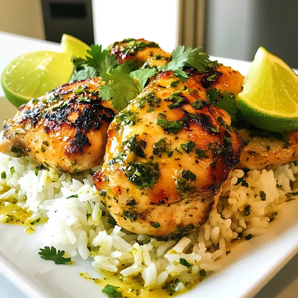 - 4 boneless, skinless chicken thighs - 1 cup basmati rice - 2 cups chicken broth - 1/4 cup fresh cilantro, chopped - 3 tablespoons lime juice - Zest of 1 lime - 1 tablespoon olive oil - 3 cloves garlic, minced - 1 teaspoon ground cumin - 1 teaspoon paprika - 1/2 teaspoon chili powder (optional) - Salt and pepper to taste When I prepare Zesty Cilantro Lime Chicken with Rice, I focus on fresh ingredients. The main stars are chicken thighs, basmati rice, and chicken broth. Chicken thighs stay juicy and tender, making them great for this dish. For flavor, I always reach for fresh cilantro, lime juice, and lime zest. The bright citrus notes from the lime wake up all the flavors. I also add olive oil to keep the chicken moist while it cooks. Next, I love spices. Minced garlic, ground cumin, and paprika bring warmth and depth. If you want heat, sprinkle in chili powder. Salt and pepper finish the dish perfectly. Each ingredient plays a vital role. They combine to create a meal that's not just tasty but also vibrant and fresh. You can feel good about serving this dish, knowing it's packed with flavor and nutrition. {{ingredient_image_1}} To make the marinade, mix lime juice, lime zest, minced garlic, cumin, paprika, chili powder, salt, and pepper in a bowl. The lime adds bright flavor. Coat the chicken thighs well in this mixture. Let them marinate for at least 30 minutes. For more flavor, marinate for up to 2 hours in the fridge. Start by rinsing the basmati rice under cold water. Rinse until the water runs clear to remove excess starch. In a medium saucepan, bring the chicken broth to a boil. Add the rinsed rice, cover, and lower the heat. Cook for about 15-20 minutes. The rice is done when it absorbs the broth and is tender. Let it sit for 5 minutes, then fluff with a fork. Heat olive oil in a large skillet over medium-high heat. Take the chicken from the marinade and place it in the skillet. Cook for 5-7 minutes on each side. Look for a golden crust. Use a meat thermometer to check the doneness; it should reach 165°F (75°C). After cooking, let the chicken rest a few minutes before slicing. In the cooked rice, add the chopped cilantro. Stir gently to mix. On each plate, serve a scoop of cilantro lime rice. Top with sliced chicken and garnish with extra cilantro and lime wedges. To get the best taste, marinate your chicken for at least 30 minutes. If you want more flavor, let it sit in the fridge for up to 2 hours. Using fresh spices makes a big difference. Fresh cilantro and lime really boost the taste. Dried spices can work, but fresh gives a bright flavor. For the best rice, use a 1:2 ratio of rice to chicken broth. This means for 1 cup of basmati rice, use 2 cups of broth. After cooking, let your rice rest for 5 minutes. Then fluff it with a fork. This makes the grains light and separate. To keep chicken juicy, avoid cooking it too long. Aim for a golden crust without drying it out. Cook each side for 5-7 minutes until the inside reaches 165°F (75°C). You can also grill or bake the chicken for a different taste. Grilling adds a nice char, while baking keeps it moist. Pro Tips Marinate Longer for Flavor: For a more intense flavor, marinate the chicken for up to 2 hours. This allows the spices and lime to penetrate the meat better. Fluff Your Rice: After cooking, let the rice sit covered for a few minutes before fluffing it with a fork. This helps to separate the grains and enhances the texture. Check Chicken Temperature: Use a meat thermometer to ensure the chicken reaches an internal temperature of 165°F (75°C) for safe consumption. Garnish for Freshness: Always garnish with fresh cilantro and lime wedges just before serving for a burst of freshness and color on your plate. {{image_2}} You can swap chicken thighs for chicken breast. Chicken breast is leaner. It cooks faster, so watch it closely. If you want a plant-based option, use tofu. Tofu absorbs flavors well. Press it to remove excess water before marinating. For a twist, try quinoa instead of rice. Quinoa is high in protein and cooks quickly. You can also use cauliflower rice. It’s low in carbs and adds a fresh crunch. Cook it lightly to keep its texture. Adding veggies boosts nutrition and color. Try bell peppers, zucchini, or corn. Chop them small for even cooking. Sauté them with the chicken for a tasty mix. You can also steam veggies separately. This keeps them crisp and vibrant. Store your leftover zesty cilantro lime chicken with rice in an airtight container. Make sure to let it cool first. This helps preserve flavor and moisture. The dish will stay fresh in the fridge for up to three days. You can freeze this dish for longer storage. Divide it into single portions in freezer-safe containers. Label them with the date. When you're ready to eat, thaw it in the fridge overnight. For reheating, use your microwave or heat on the stove until hot. This way, your meal keeps its tasty flavors! Yes, you can use chicken breast. Chicken breast cooks faster than thighs. It takes about 4-6 minutes per side. Thighs have more fat and stay juicy. Breasts might dry out if overcooked. Keep an eye on the internal temperature. Aim for 165°F (75°C) to ensure safety. To add heat, use more chili powder. You can also add diced jalapeños. For a milder touch, try fresh pepper flakes. A dash of hot sauce works well, too. These options enhance flavor without losing the zesty lime taste. Pair this dish with simple sides. A fresh salad is a great choice. You could also serve grilled veggies. Corn on the cob adds a sweet touch. For more carbs, consider warm tortillas or a side of beans. These options round out the meal perfectly. This dish brings together rich flavors and nutritious ingredients. We explored the key components, like chicken thighs and basmati rice, to create a satisfying meal. With proper marination and cooking techniques, you achieve juicy chicken and fluffy rice. Don't hesitate to try variations with other proteins or veggies. Store your leftovers right for future enjoyment. Enjoy cooking and sharing this delicious meal!