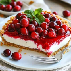 To make this tasty pie, you will need the following ingredients: - 1 ½ cups graham cracker crumbs - ½ cup unsalted butter, melted - 2 cups cream cheese, softened - 1 cup powdered sugar - 1 teaspoon vanilla extract - 1 cup heavy whipping cream - 1 ½ cups fresh or frozen cranberries - ¾ cup granulated sugar (for cranberry sauce) - 1 tablespoon lemon juice - ½ teaspoon cinnamon - Fresh mint leaves for garnish (optional) These ingredients create a rich and creamy cheesecake that pairs perfectly with the tart cranberries. If you don’t have an ingredient, don’t worry! Here are some good swaps: - Graham cracker crumbs: Use crushed cookies like Digestives or Oreos for a different flavor. - Unsalted butter: You can substitute with coconut oil for a dairy-free option. - Cream cheese: Use vegan cream cheese for a dairy-free cheesecake. - Powdered sugar: Regular granulated sugar can work, just blend it to a fine powder. - Heavy whipping cream: Use coconut cream for a dairy-free alternative. - Granulated sugar: You can use honey or maple syrup, but adjust to taste. These swaps keep the essence of the pie while catering to different diets. Adding garnishes makes the pie look even better! Here are some ideas: - Fresh mint leaves add a pop of color and freshness. - Drizzle leftover cranberry sauce over each slice for extra flavor. - Sprinkle crushed nuts, like pecans or almonds, for added crunch. These simple toppings will make your no-bake cranberry cheesecake pie stand out! {{ingredient_image_1}} To start, grab a medium bowl. Mix 1 ½ cups of graham cracker crumbs with ½ cup of melted unsalted butter. Stir until everything is combined. Next, press this mixture into the bottom of a 9-inch pie pan. Make it even and compact. Once done, set the crust aside in the fridge to firm up. Now, take a saucepan and place it over medium heat. Add 1 ½ cups of fresh or frozen cranberries, ¾ cup of granulated sugar, 1 tablespoon of lemon juice, and ½ teaspoon of cinnamon. Cook for about 10 minutes. Stir it often. You want the cranberries to burst and the sauce to thicken. Once it looks good, remove it from the heat and let it cool. For the filling, use a large mixing bowl. Beat 2 cups of softened cream cheese with 1 cup of powdered sugar and 1 teaspoon of vanilla extract. Mix it until smooth and creamy. In another bowl, whip 1 cup of heavy whipping cream until you see stiff peaks form. This will add air and lightness to your filling. Next, gently fold the whipped cream into the cream cheese mixture. Go slowly to keep the whipped cream fluffy. Make sure everything is blended well without losing the airiness. Now it’s time to bring it all together. Spread the cheesecake filling evenly over the chilled graham cracker crust. Then, carefully spoon the cooled cranberry topping over the cheesecake. Spread it out evenly, making sure to cover all the filling. Cover the pie with plastic wrap or foil. Place it in the refrigerator for at least 4 hours. This helps the pie to set properly. After the pie has set, slice it into wedges. You can garnish each slice with fresh mint leaves if you like. For a fun touch, drizzle any remaining cranberry sauce over the slices before serving. Enjoy your delicious no-bake cranberry cheesecake pie! To make your cheesecake filling smooth, start with softened cream cheese. Cold cream cheese will not blend well. Mix the cream cheese with powdered sugar and vanilla extract until it's creamy. This step is key. Fold in the whipped cream gently. Avoid stirring too hard; you want to keep the air in the whipped cream. This makes the filling light and fluffy. For the cranberry sauce, use fresh or frozen cranberries. If they are frozen, there’s no need to thaw them. In a saucepan, combine cranberries with sugar, lemon juice, and cinnamon. Cook them on medium heat. Stir occasionally until the cranberries burst. This takes about 10 minutes. Let the sauce cool before adding it to your pie. Cool sauce creates a nice layer on the cheesecake. If you have leftover pie, store it in the fridge. Cover it well with plastic wrap or foil. This keeps it fresh for up to three days. If you want to keep it longer, freeze it. Slice the pie before freezing. Wrap each slice tightly in plastic wrap, then in foil. This way, you can enjoy a slice anytime you want! Pro Tips Chill the Cream Cheese: For a smoother filling, ensure your cream cheese is at room temperature before mixing. This will help avoid lumps and create a creamy texture. Use Fresh Cranberries: If possible, opt for fresh cranberries for the topping, as they provide a vibrant flavor and beautiful color. If using frozen, thaw and drain them well. Adjust Sweetness: Taste the cranberry sauce as it cooks and adjust the sugar to your preference. Some may prefer a tangier sauce with less sugar, especially if the cranberries are sweet. Presentation Counts: For an elegant presentation, consider using a cake server to slice and serve the pie, and drizzle any extra cranberry sauce over the top before serving. {{image_2}} You can easily make this pie gluten-free. Instead of graham crackers, use gluten-free cookies. There are many tasty options, like almond flour cookies or gluten-free digestive biscuits. Just crush them and mix with melted butter. This will give you a great crust that everyone can enjoy. If cranberries aren't your favorite, you have many choices. You can use blueberries, raspberries, or even strawberries. These berries will also give a nice color and taste. Just remember to adjust the sugar. Some fruits are sweeter, so you may need less sugar for the sauce. Want to add a twist? Try adding chocolate! Melt dark or white chocolate and mix it into the cheesecake filling. You can also sprinkle in some spices like nutmeg or ginger. These spices can give a warm flavor that pairs well with the fruit. Mix and match these ideas to create your perfect pie! To keep your no-bake cranberry cheesecake pie fresh, store it in the fridge. First, cover the pie well with plastic wrap or foil. This keeps it fresh and prevents it from absorbing other smells. Keeping it in an airtight container also works well. Make sure to store it away from strong-smelling foods. Your cheesecake pie will stay fresh in the fridge for about 3 to 5 days. The flavors will develop more over time, which can be a nice bonus. Just remember to check for any signs of spoilage before serving. If you see any odd smells or changes in texture, it's best to toss it. You can freeze the cheesecake pie if you want to save it for later. To freeze, first, let the pie cool completely in the fridge. Then, slice it into wedges for easy serving. Wrap each slice tightly in plastic wrap and place them in a freezer-safe bag. This way, you can enjoy a slice anytime! The pie can last up to 2 months in the freezer. When you're ready to eat it, just thaw it in the fridge overnight. Yes, you can use frozen cranberries. They work well in this recipe. Just thaw them before cooking. Frozen cranberries may be a bit softer, but they still taste great. The cooking process will help break them down and create a nice sauce. The cheesecake takes at least four hours to set. It needs this time in the fridge to firm up. If you can wait longer, it will be even better. Overnight is ideal for a perfect texture. If you need a substitute for heavy cream, use full-fat coconut milk. It gives a nice creamy texture. You can also try Greek yogurt for a lighter option. Just remember, these may change the taste slightly. Yes, you can make this pie ahead of time. It stays fresh for up to three days in the fridge. This makes it perfect for parties or family gatherings. Just cover it well, so it stays fresh and tasty. This blog post outlines how to make a no-bake cranberry cheesecake pie. We covered the necessary ingredients, substitutions, and toppings. I shared each step to whip up this delicious treat and included tips for a perfect cheesecake filling and smooth cranberry sauce. You can also explore variations for gluten-free and different flavors. Remember, storing tips will help keep your pie fresh. Enjoy your pie-making journey and don’t hesitate to get creative with your own twists!