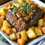 The star of this dish is the beef chuck roast. You want a piece that weighs between 3 to 4 pounds. This cut is perfect for slow cooking. It has good fat marbling, which helps keep the meat juicy and tender. Look for a roast that feels firm and has a nice red color. Next, we make a tasty glaze. You need 1/4 cup of maple syrup and 1/4 cup of Dijon mustard. This mix gives the roast a sweet and tangy flavor. I love to brush half of this glaze on the roast before cooking. The other half goes on after you add the meat to the slow cooker. Don’t forget the veggies! You will need: - 4 medium carrots, peeled and cut into chunks - 3 medium potatoes, peeled and cubed - 1 large onion, quartered - 3 cloves garlic, minced These vegetables add great taste and texture. For seasonings, grab: - 2 teaspoons dried thyme - 2 teaspoons dried rosemary - Salt and pepper to taste These herbs bring warmth and depth to the dish. Fresh parsley is also nice for garnish. It adds a pop of color and freshness when serving. {{ingredient_image_1}} Start by taking the beef chuck roast. Season it well with salt and pepper. This step adds flavor right to the meat. In a small bowl, mix the maple syrup and Dijon mustard. Brush half of this mix over the roast. This glaze gives a sweet and tangy taste. Next, prepare your slow cooker. Place the quartered onion and minced garlic at the bottom. This creates a base full of flavor. On top of that, lay the carrots and potatoes. Sprinkle dried thyme and rosemary on these vegetables. They add a nice herbal note to the dish. Now, carefully place the roast on top. Pour the beef broth around the roast to keep the glaze intact. Finally, drizzle the rest of the maple-mustard mix over the roast. Cover the slow cooker and set it to cook. For a tender result, cook on low for 8-10 hours. If you're short on time, cook on high for 4-6 hours. The meat will become very tender and easy to shred. Once done, take out the roast and vegetables. Let the roast rest for about 10 minutes before slicing. This helps keep the juices inside. Enjoy your meal with the cooked veggies and some of the flavorful liquid! To make your pot roast shine, try different seasonings. You can swap Dijon mustard for whole grain mustard. Honey can replace maple syrup for a sweeter taste. For a kick, add a splash of Worcestershire sauce. Mixing herbs like oregano or bay leaves can also add depth. For a tender roast, choose a beef chuck roast, as it has fat and collagen. Season it well with salt and pepper before cooking. Cooking on low heat for 8 to 10 hours works best. Avoid lifting the lid during cooking. This keeps the heat in, ensuring the meat becomes tender. Serve your pot roast with the cooked carrots and potatoes. Drizzle the cooking liquid over everything for added flavor. Fresh parsley adds a nice touch on top. You can also pair it with crusty bread or a side salad for a complete meal. Pro Tips Rest the Meat: Allow the roast to rest for about 10 minutes after cooking. This helps the juices redistribute, resulting in a more flavorful and tender slice. Customize Your Veggies: Feel free to add or substitute other root vegetables like parsnips or sweet potatoes for a different flavor profile. Make It Ahead: This pot roast is great for meal prep! Cook it a day in advance and let the flavors develop overnight in the fridge. Thicken the Gravy: If you prefer a thicker sauce, mix a tablespoon of cornstarch with cold water, then stir it into the cooking liquid and cook on high for a few minutes until thickened. {{image_2}} You can change the glaze for your pot roast. Try using barbecue sauce or balsamic vinegar. These options add unique flavors. A honey-soy mix also works well. Each glaze gives a different taste to the meat. You can even combine flavors. For example, mix maple syrup with soy sauce for a sweet and salty blend. While beef chuck roast is popular, other cuts work too. Look at brisket or round roast. They have good fat content and flavor. If you want leaner meat, try a sirloin roast. Just remember, cooking times may change. A lean cut might cook faster than chuck. Always check for tenderness to know when it's done. You can make a pot roast without meat too. Use hearty vegetables like mushrooms and eggplant. These add depth and richness. Try using a mix of beans for protein. Cook with vegetable broth and your favorite seasonings. Make sure to add lots of flavor with spices and herbs. This way, you can enjoy a warm, filling meal without meat. After cooking, let the pot roast cool for a bit. Place it in an airtight container. Store it in the fridge for up to four days. This keeps it fresh and safe to eat. Make sure the vegetables go in too. They add flavor and texture when you reheat. If you want to save some for later, freezing is a great option. Cut the roast into portions. Wrap each piece tightly in plastic wrap. Then, place them in freezer bags. Label the bags with the date. You can freeze it for up to three months. This way, you can enjoy your pot roast anytime. To reheat, take the roast out of the fridge or freezer. If frozen, let it thaw in the fridge overnight. For reheating, use a low setting in the oven. Place the roast in a covered dish. This keeps it moist. Heat until warm, about 30 minutes. You can also use the microwave. Just heat in short bursts to avoid drying it out. Enjoy your meal again! You should cook a pot roast in a slow cooker for 8 to 10 hours on low. If you are short on time, you can cook it on high for 4 to 6 hours. The meat needs this time to get tender and juicy. When done, the roast should shred easily with a fork. Yes, you can make pot roast without a slow cooker. Use a Dutch oven or a heavy pot on the stove or in the oven. Brown the meat first, then add your liquids and veggies. Cook it on low heat for a few hours. The key is to keep it covered and let it simmer gently. The best sides for pot roast include mashed potatoes, green beans, and roasted carrots. You can also serve it with a fresh salad or crusty bread. These sides balance the rich flavors of the roast and make a complete meal. Don’t forget to drizzle some of the cooking liquid over your sides for extra flavor! This blog shared a simple way to make pot roast. We covered beef chuck roast, tasty glazes, and the right vegetables. You learned step-by-step how to prepare and cook it for the best taste. I offered tips on seasoning and cooking time for perfect tenderness. You also explored variations like different meats and options for vegans. Lastly, proper storage and reheating methods were discussed. Enjoy your pot roast meal and feel free to get creative with your own spin!