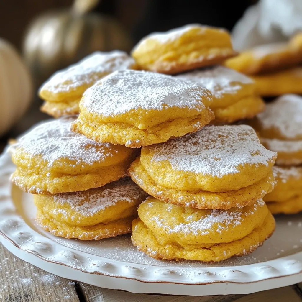 To make pumpkin pie cookies, gather these key ingredients: - 1 cup canned pumpkin puree - 1/2 cup unsalted butter, softened - 1 cup brown sugar, packed - 1/2 cup granulated sugar - 1 large egg - 1 teaspoon vanilla extract - 2 cups all-purpose flour - 1 teaspoon baking soda - 1 teaspoon baking powder - 2 teaspoons pumpkin pie spice - 1/2 teaspoon salt You can add extra flavors and textures with these optional ingredients: - 1/2 cup walnuts or pecans, chopped - 1/2 cup white chocolate chips Sometimes, you may need to swap out ingredients. Here are some ideas: - Use coconut oil in place of butter for a dairy-free option. - Swap the granulated sugar with coconut sugar for a lower glycemic index. - Replace all-purpose flour with a gluten-free blend if needed. - For egg-free cookies, use 1/4 cup unsweetened applesauce instead of the egg. These substitutions help you create a tasty cookie, no matter your needs! {{ingredient_image_1}} Start by preheating your oven to 350°F (175°C). This is key for baking. Next, grab a baking sheet and line it with parchment paper. This step helps prevent sticking. It also makes cleanup easy. In a large bowl, add 1/2 cup of softened butter, 1 cup of brown sugar, and 1/2 cup of granulated sugar. Mix these until they are light and fluffy. This might take a few minutes, but it makes a big difference. Now, add 1 cup of canned pumpkin puree, 1 large egg, and 1 teaspoon of vanilla extract. Beat these together until they are well combined. The mixture should be smooth and creamy. In another bowl, whisk together 2 cups of all-purpose flour, 1 teaspoon of baking soda, 1 teaspoon of baking powder, 2 teaspoons of pumpkin pie spice, and 1/2 teaspoon of salt. This blend gives your cookies their great flavor and texture. Gradually add the dry mix to the wet mix. Stir until just combined. Be careful not to overmix; this keeps your cookies soft. If you want, fold in 1/2 cup of chopped walnuts or pecans and 1/2 cup of white chocolate chips. These add extra taste and fun. Now, use a cookie scoop or tablespoon to drop dough balls onto your prepared baking sheet. Space them about 2 inches apart. Bake in your preheated oven for 12 to 15 minutes. The edges should be lightly golden when done. Once baked, let them cool on the sheet for 5 minutes. Then, move them to a wire rack to cool completely. Enjoy your tasty pumpkin pie cookies! To get soft and chewy cookies, you need to cream the butter and sugars well. This step adds air and helps the cookies rise. Don't overmix the dough after adding flour. This keeps cookies soft. Bake them just until the edges turn golden. The centers will set as they cool. Store your cookies in an airtight container. This keeps them soft and fresh. You can also add a slice of bread to the container. The bread helps keep moisture in. For longer storage, freeze your cookies. Wrap each cookie in plastic wrap and place in a freezer bag. They can last up to three months! A common mistake is using too much flour. Always measure flour by spooning it into the cup and leveling it off. This prevents dry cookies. If you want to add nuts or chocolate, fold them in gently. Overmixing can make the cookies tough. Always preheat your oven. This ensures even baking. Pro Tips Use Fresh Spices: For the best flavor, use fresh pumpkin pie spice. If you can, make your own blend with freshly ground nutmeg, cinnamon, ginger, and cloves. Chill Your Dough: If time allows, refrigerate the dough for 30 minutes before baking. This helps the cookies maintain their shape and enhances the flavors. Experiment with Mix-Ins: Feel free to swap in your favorite nuts or chocolates. Pecans, dark chocolate chips, or even dried cranberries make excellent alternatives to white chocolate. Storage Tips: Store the cookies in an airtight container at room temperature for up to a week. For longer storage, freeze them in a single layer, then transfer to a freezer-safe container. {{image_2}} You can mix flavors to make these cookies special. Here are some ideas: - Maple syrup: Replace some sugar with maple syrup for a sweet twist. - Cranberries: Add dried cranberries for a tart flavor that pairs well with pumpkin. - Orange zest: Grate some fresh orange peel into the dough for a bright note. Want to make your cookies more fun? Try adding these: - Chocolate chips: Use dark or milk chocolate chips for extra sweetness. - Chopped nuts: Walnuts or pecans give a nice crunch and rich taste. - Cream cheese icing: Drizzle some icing on top for a creamy finish. You can make these cookies fit different diets. Here’s how: - Gluten-free: Use a gluten-free flour blend instead of all-purpose flour. - Vegan: Swap the butter for coconut oil and the egg for a flax egg (1 tablespoon ground flaxseed mixed with 2.5 tablespoons water). These variations make your pumpkin pie cookies unique and tasty! To keep your pumpkin pie cookies fresh, store them in an airtight container. Make sure the cookies are completely cool before sealing them. This helps maintain their soft texture. Place them at room temperature, away from direct sunlight or heat. If you want to keep them longer, refrigeration is a good option. You can freeze these cookies for later enjoyment. First, let the cookies cool completely. Place them in a single layer on a baking sheet and freeze for about an hour. Once frozen, transfer them to a freezer-safe bag or container. This way, they won't stick together. Label the bag with the date for easy tracking. When stored properly, these cookies can last about a week at room temperature. If you keep them in the fridge, they last up to two weeks. Frozen cookies can stay fresh for three months. Just remember to thaw them at room temperature or warm them in the oven for a few minutes before serving. Enjoy the taste of fall anytime! Yes, you can use fresh pumpkin. First, you need to cook it. Cut the pumpkin in half, remove the seeds, and bake it until soft. Then, scoop out the flesh and mash it. This gives a fresher taste, but canned pumpkin is easier and faster. To make cookies chewy, use more brown sugar than white sugar. Brown sugar has moisture that helps create a chewy texture. You can also underbake the cookies slightly. This keeps the centers soft and chewy. Another tip is to chill the dough for 30 minutes before baking. This helps the cookies stay thick. These cookies taste great with milk or coffee. You can also serve them with whipped cream for a treat. If you want something warm, serve them with hot apple cider. For a fun twist, add a scoop of vanilla ice cream on top! You’ve learned about baking delicious pumpkin pie cookies, from essential ingredients to unique variations. We explored simple steps for mixing, baking, and storing your cookies. Remember to keep tips in mind for perfect texture and freshness. Try out different flavors, toppings, or adaptations to make the recipe your own. Now, you’re ready to impress with your cookie baking skills. Enjoy sharing this treat with friends and family!