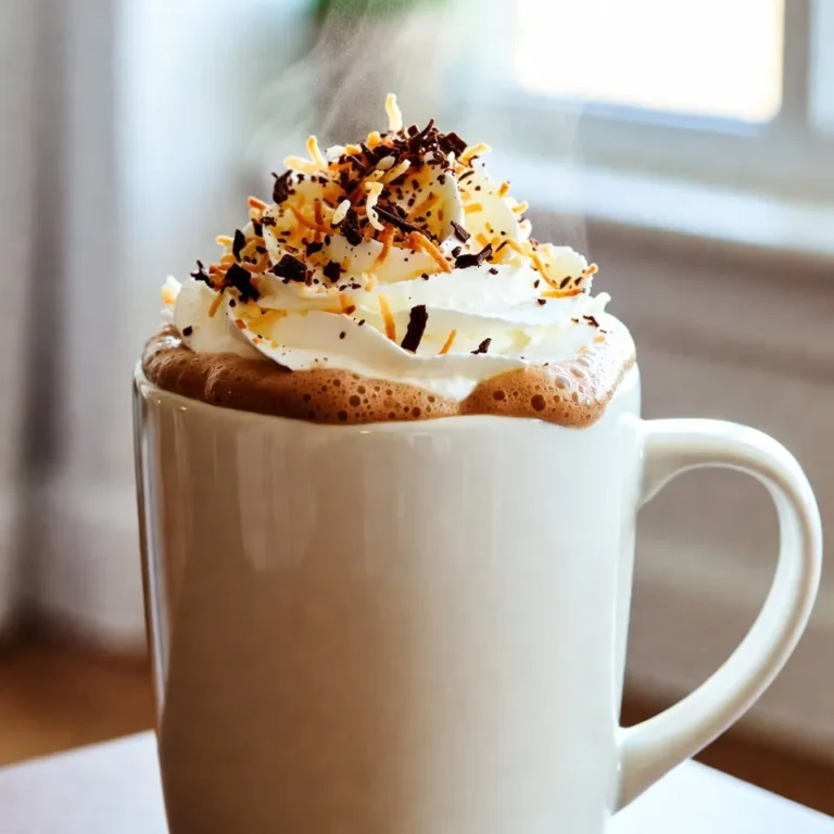 - 1 cup coconut milk - 1 cup brewed coffee (strong) - 2 tablespoons cocoa powder - 2 tablespoons brown sugar (adjust to taste) - 1 teaspoon vanilla extract - Pinch of sea salt - Whipped coconut cream (for topping) - Toasted coconut flakes (for garnish) - Dark chocolate shavings (for garnish) To make a Cozy Hot Coconut Mocha, gather these simple ingredients. Coconut milk gives a rich, creamy base. Brewed coffee adds that needed kick. Cocoa powder brings in deep chocolate flavor. Brown sugar sweetens the drink perfectly. A touch of vanilla extract enhances the taste. Just a pinch of sea salt brings out all the flavors. For a fun topping, use whipped coconut cream. Finish with toasted coconut flakes and dark chocolate shavings for crunch and flair. Each ingredient plays a vital role. Together, they create a warm, cozy drink perfect for chilly days. {{ingredient_image_1}} 1. Combining coconut milk and coffee Start by pouring 1 cup of coconut milk and 1 cup of strong brewed coffee into a small saucepan. Use medium heat. Stir gently as the mix warms. Make sure it does not boil. 2. Adding cocoa and sweeteners Next, add 2 tablespoons of cocoa powder and 2 tablespoons of brown sugar. You can adjust the sugar to fit your taste. Include 1 teaspoon of vanilla extract and a pinch of sea salt. Whisk the mixture continuously. This helps dissolve the cocoa and sugar, making it smooth. 3. Achieving the right temperature Keep heating until the drink reaches your desired warmth. Remove the saucepan from heat once it’s ready. 4. Final assembly of the drink Pour your hot coconut mocha into your favorite mug. Top it with whipped coconut cream. Finish with a sprinkle of toasted coconut flakes and dark chocolate shavings. This adds great flavor and a nice touch to the drink. - Adjusting sweetness levels: Start with two tablespoons of brown sugar. You can add more or less based on your taste. If you prefer it sweeter, stir in a little extra sugar. If you want it less sweet, cut back on the sugar. Taste as you go to find your perfect balance. - Incorporating spices for warmth: Spices add depth to your mocha. Try adding a pinch of cinnamon or nutmeg to the cocoa mix. These spices make the drink cozy and warm. Just a little goes a long way, so start small and adjust to your liking. - Best practices for whipping coconut cream: Chill your coconut cream before whipping it. This helps it whip up light and fluffy. Use a cold bowl and beaters for the best result. Whip until soft peaks form. You can sweeten it lightly with sugar or vanilla if you wish. - Ideal accompaniments: Serve your coconut mocha with dark chocolate or a coconut macaroon. The flavors meld well and make for a perfect pair. You can also try it with a slice of banana bread for a tasty snack. - Presentation ideas: Pour your mocha into a pretty mug. Top it with a generous swirl of whipped coconut cream. Add toasted coconut flakes and dark chocolate shavings on top. This makes your drink look inviting and delicious. - Serving temperature tips: Serve the drink hot, but don't let it boil. Heat it until it is warm but comfortable to sip. This ensures you enjoy the flavors without burning your tongue. Pro Tips Quality Coffee Matters: Use freshly brewed, high-quality coffee for the best flavor; consider using a dark roast for a richer mocha experience. Adjust Sweetness: Feel free to adjust the brown sugar according to your taste; you can also use alternative sweeteners like maple syrup or agave syrup. Vegan Whipped Cream: For a dairy-free option, make or purchase whipped coconut cream; it's light and perfectly complements the mocha. Garnish for a Twist: Experiment with different toppings like a sprinkle of cinnamon or a dash of espresso powder for an added flavor kick. {{image_2}} If you're looking for dairy-free options, you're in luck! Coconut milk makes a fantastic base for this cozy hot coconut mocha. However, you can also try other plant-based milks. Almond milk, oat milk, or cashew milk work well, too. Each milk brings its own flavor. For sweeteners, brown sugar is great, but you can switch it up. Try maple syrup or agave nectar for a different taste. These options add a nice touch and keep the drink sweet. Want to make your mocha even more special? Adding spices can take it to the next level. A dash of cinnamon or nutmeg gives warmth and depth. Just a pinch can change the whole drink. Flavored extracts are also fun to use. Try adding almond or hazelnut extract for a twist. These small changes can create a whole new layer of flavor. Don't be afraid to experiment! To store leftover coconut mocha, pour it into an airtight container. This helps keep it fresh. Make sure to cool the mocha to room temperature first. Place the lid on tightly. Store it in the fridge for up to three days. For reheating, pour the mocha into a saucepan. Warm it over low heat. Stir gently until it reaches your desired temperature. Avoid boiling, as this may change the texture. You can store coconut mocha in the fridge for about three days. After this time, the flavors and texture may change. Look for signs of spoilage, like off smells or separation. If it smells strange or looks clumpy, it’s best to toss it. Always trust your senses when it comes to food safety. Can I use instant coffee instead of brewed coffee? Yes, you can use instant coffee. Just mix it with hot water. Use a strong blend to keep the flavor rich. How can I make this recipe sugar-free? To make it sugar-free, use a sweetener like stevia or monk fruit. Adjust the amount to fit your taste. Is there a vegan version available? This recipe is already vegan since it uses coconut milk. Make sure your cocoa powder and sweetener are vegan too. Can I prepare this in a larger batch? Yes, you can double or triple the recipe. Just make sure to use a bigger pot to heat it all. This blog post explored how to make a cozy hot coconut mocha. You learned about the key ingredients, step-by-step preparation, and expert tips for the best flavor. We also discussed variations and storage methods for leftovers. Now you can create a warm drink that delights your taste buds. Remember, the fun is in trying different flavors and making it your own. Enjoy your cozy hot coconut mocha to the last sip!