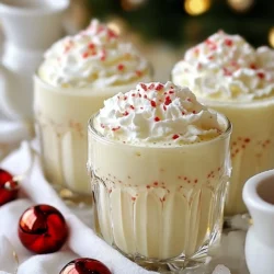- 4 cups eggnog (store-bought or homemade) - 1 cup heavy cream - 1/2 cup peppermint syrup - 1 teaspoon vanilla extract - 1/2 teaspoon ground nutmeg - 1/4 teaspoon ground cinnamon - 3 cups club soda (chilled) - Crushed peppermint candies (for garnish) - Whipped cream (for topping) Each ingredient plays a key role. Use 4 cups of eggnog for a creamy base. Add 1 cup of heavy cream for richness. The 1/2 cup of peppermint syrup gives it that fresh minty taste. Vanilla extract adds depth with just 1 teaspoon. The spices enhance flavor: 1/2 teaspoon nutmeg and 1/4 teaspoon cinnamon bring warmth. For a fizzy touch, include 3 cups of chilled club soda. Finally, crushed peppermint candies and whipped cream top it off for a festive look. Use fresh eggnog for the best flavor, whether store-bought or homemade. Heavy cream should be cold for a rich texture. Choose high-quality peppermint syrup for a strong mint taste. Always opt for fresh spices instead of old ones. Chill your club soda before mixing to keep the punch fizzy. For garnish, use real peppermint candies, crushed just before serving. Fresh whipped cream adds a nice touch and flavor. This attention to detail makes your Peppermint Eggnog Punch festive and delightful. {{ingredient_image_1}} To start, gather your ingredients. You need eggnog, heavy cream, and peppermint syrup. Don’t forget the vanilla extract, nutmeg, and cinnamon. Make sure you have chilled club soda too. 1. In a large bowl, pour in 4 cups of eggnog. 2. Add 1 cup of heavy cream. 3. Next, mix in 1/2 cup of peppermint syrup, 1 teaspoon of vanilla, 1/2 teaspoon of nutmeg, and 1/4 teaspoon of cinnamon. 4. Whisk everything well until it blends nicely. Once your mixture is ready, it’s time to add some fizz. 1. Gently fold in 3 cups of chilled club soda. 2. This adds a nice sparkle to your punch. 3. Taste your punch. If you want it sweeter, feel free to add more peppermint syrup. 4. After mixing, put the punch in the fridge for about 30 minutes. This helps the flavors come together. Now, you’re ready to serve this festive drink. 1. Take glasses and fill them with ice. 2. Pour the punch into the glasses. 3. Top each one with a dollop of whipped cream. 4. Finally, sprinkle some crushed peppermint candies on top for a fun touch. Enjoy this festive drink with your family and friends! To make Peppermint Eggnog Punch ahead, mix the eggnog, cream, syrup, vanilla, nutmeg, and cinnamon. Store the mix in the fridge for up to a day. Wait to add the club soda until just before serving. This keeps it fizzy and fresh. Serve your punch in a large glass bowl or a festive pitcher. Add ice to each glass, so the drink stays chilled. Top with whipped cream and crushed peppermint candies. This makes it look pretty and fun. You can also add a sprig of mint for a pop of green. Taste your punch after mixing. If you want it sweeter, add more peppermint syrup. For a different flavor, try adding a bit of vanilla or even chocolate syrup. This lets you create the taste you love most. Remember, small changes can make a big difference! Pro Tips Chill Your Ingredients: Ensure that your eggnog and club soda are well chilled before mixing. This helps maintain the punch's refreshing fizzy quality. Customize the Flavor: Feel free to adjust the amount of peppermint syrup to suit your taste. You can also experiment with other flavorings like chocolate or almond extract. Garnish Creatively: For an extra festive touch, consider garnishing with sprigs of fresh mint or chocolate shavings along with the crushed peppermint candies. Make Ahead: You can prepare the eggnog mixture a day in advance and refrigerate it. Just add the club soda right before serving to keep it bubbly. {{image_2}} You can easily make a fun version with alcohol. Try adding rum or bourbon. They blend well with the flavors. Start with a cup of your choice of alcohol. Adjust based on your taste. Pour it into the mix before adding the club soda. This makes a warm drink even more festive. You can also make this punch dairy-free. Use almond or coconut milk instead of eggnog. There are great options for dairy-free eggnogs, too. Look for ones without added sugar. For cream, use coconut cream or cashew cream. It gives a rich taste without the dairy. Want to switch up the taste? Try adding different flavors! Peppermint is classic, but you can explore. Add a splash of chocolate syrup for a mint-chocolate twist. Or use orange zest for a citrus kick. You can also mix in vanilla bean for depth. Each change gives a new twist to the punch. To store leftover Peppermint Eggnog Punch, pour it into an airtight container. Keep it in the fridge. Make sure to use the punch within 2 to 3 days for the best taste. If you notice any changes in smell or color, it’s best to toss it. Freezing this punch is not recommended. The heavy cream and club soda may separate when thawed. If you do want to freeze it, try omitting the club soda. Store the rest in a freezer-safe container. When you are ready to use it, thaw in the fridge overnight. If you have stored your punch in the fridge, give it a good stir before serving. The ingredients may settle. If it tastes a little flat, add a splash of club soda to revive the fizz. Always serve it chilled for the best experience. Yes, you can use homemade eggnog in this recipe. Freshly made eggnog adds a rich taste. Just ensure it’s well-chilled before mixing. Homemade eggnog often has a creamier texture and can be customized to your liking. You can adjust the spices and sweetness in your version. You can store Peppermint Eggnog Punch for up to three days in the fridge. Keep it in an airtight container. The flavors will continue to blend and develop, making it even more tasty. Just remember to add the club soda right before serving for that fizzy kick. If you don’t have peppermint syrup, you can use mint extract. Start with a small amount, about one teaspoon. Mix it with sugar or a sweetener to mimic the syrup's sweetness. You can also try using chocolate syrup for a different flavor twist. This blog covered everything you need to know about Peppermint Eggnog Punch. We discussed the key ingredients and how to measure them. You learned step-by-step instructions for mixing and serving. I shared tips to make this drink ahead, present it beautifully, and adjust flavors. We also explored fun variations like alcoholic options and dairy-free alternatives. Finally, I provided storage tips to keep leftovers fresh. Enjoy crafting this delightful drink, and remember, it's all about the joy of sharing!