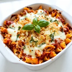 To make Chicken Parmesan Casserole, gather these ingredients: - 2 cups cooked rotini pasta - 4 cups cooked chicken breast, shredded - 2 cups marinara sauce - 1 teaspoon dried oregano - 1 teaspoon garlic powder - 2 cups shredded mozzarella cheese - 1 cup grated Parmesan cheese - 1 cup breadcrumbs - 2 tablespoons fresh basil, chopped (for garnish) - Salt and pepper to taste You can easily swap some ingredients if needed. For pasta, use penne or fusilli. If you don’t have rotini, these work well. Instead of cooked chicken breast, rotisserie chicken saves time. For marinara sauce, any tomato sauce can work. If you want, use fresh herbs instead of dried oregano. Don't have mozzarella cheese? Try cheddar or provolone. For a crunch, swap breadcrumbs with crushed crackers or panko. To make this casserole, you’ll need some basic tools: - 9x13 inch baking dish - Large mixing bowl - Measuring cups and spoons - Mixing spoon - Aluminum foil - Oven for baking These tools help you mix, layer, and bake your casserole perfectly. Having them ready makes cooking smoother and more fun! {{ingredient_image_1}} Start by gathering all your ingredients. You will need cooked rotini pasta, shredded chicken, and marinara sauce. Don’t forget the dried oregano, garlic powder, salt, pepper, mozzarella, Parmesan, breadcrumbs, and fresh basil. Next, preheat your oven to 375°F (190°C). This step is key. It helps your casserole cook evenly. In a large mixing bowl, combine the cooked pasta and shredded chicken. Pour in the marinara sauce. Sprinkle in the oregano, garlic powder, salt, and pepper. Mix everything well. You want every piece of pasta and chicken coated. Now, grab your greased 9x13 inch baking dish. Start by spreading half of the pasta and chicken mix evenly over the bottom. Layer half of the mozzarella and Parmesan cheese on top. This adds a nice cheesy flavor. Then, add the rest of the pasta and chicken mix. Top it off with the remaining cheese. Finally, sprinkle breadcrumbs over everything. This gives a crunchy finish when baked. Cover the baking dish with aluminum foil. Bake in the preheated oven for 25 minutes. This helps cook the casserole through. After 25 minutes, remove the foil. Bake for another 15 minutes. Keep an eye on it. You want the top to be golden and bubbly. Once done, take it out of the oven. Let it cool for about 5-10 minutes. This helps it set up before serving. Before you serve, add some fresh basil on top for a pop of color and flavor. To enhance the flavor of your Chicken Parmesan Casserole, consider these tips: - Use fresh herbs: Fresh basil adds a bright touch. Sprinkle it on top before serving. - Add spice: If you like heat, a pinch of red pepper flakes can spice things up. - Mix in cheese: Blend some ricotta cheese with the chicken for creaminess. It makes the dish richer. Here are some common mistakes to watch out for: - Overcooking the pasta: Cook the rotini just until al dente. It will cook more in the oven. - Skipping seasoning: Salt and pepper are key. Don't forget to season the chicken and sauce. - Not layering properly: Layering helps with even cooking. Spread ingredients evenly for the best results. Meal prep can save you time. Here’s how to do it: - Cook chicken ahead: Shred your chicken and store it in the fridge. It’s ready when you need it. - Prepare sauce in advance: You can make marinara sauce a day before. Just reheat it before mixing. - Assemble early: You can assemble the casserole and store it in the fridge. Bake it just before serving for a hot meal. By following these tips, you’ll make a Chicken Parmesan Casserole that’s both tasty and easy to prepare. Enjoy the process and the delicious results! Pro Tips Use Leftover Chicken: This casserole is a great way to use up any leftover roasted or rotisserie chicken, saving time and reducing waste. Cheese Variations: Feel free to mix different types of cheese, such as provolone or cheddar, for a unique flavor twist. Make Ahead: Prepare the casserole in advance and store it in the fridge for up to 24 hours before baking. Just add a few extra minutes to the baking time. Breadcrumb Topping: For an extra crunchy topping, consider mixing the breadcrumbs with a little melted butter before sprinkling them on top. {{image_2}} You can easily make this dish vegetarian. Swap the chicken for cooked lentils or chickpeas. You can also use sautéed vegetables like zucchini, spinach, or mushrooms. This swap keeps the dish hearty and full of flavor. Use the same marinara sauce and spices for a tasty mix. Cheese adds creaminess to the casserole. While mozzarella and Parmesan are classic, you can use others. Try provolone for a sharper bite. Gouda gives a smoky flavor. For a fun twist, use a blend of cheeses like cheddar and Monterey Jack. Each choice brings a unique taste to your casserole. Feel free to play with the sauce or spices. Instead of marinara, try Alfredo sauce for a rich taste. You can also mix in pesto for a fresh flavor. For spices, add red pepper flakes for heat or Italian seasoning for more depth. These tweaks keep your casserole exciting and new every time. After enjoying your Chicken Parmesan Casserole, store any leftovers in an airtight container. This keeps it fresh and tasty. Let it cool to room temperature before you store it. Keep it in the fridge for up to four days. When properly stored, it remains delicious and ready for your next meal. To reheat your casserole, preheat your oven to 350°F (175°C). Place the casserole in an oven-safe dish. Cover it with foil to keep moisture in. Heat for about 20 minutes or until it is hot all the way through. You can also reheat individual portions in the microwave for about 2-3 minutes, checking to ensure it's warm inside. If you want to freeze your Chicken Parmesan Casserole, first let it cool completely. Then, wrap it tightly in plastic wrap or foil. Place it in a freezer-safe container. It can last up to three months in the freezer. When you're ready to eat, thaw it in the fridge overnight. Reheat as needed for a quick meal. You can prepare Chicken Parmesan Casserole a day in advance. Cook the pasta and chicken first. Mix them with marinara sauce and seasonings. Layer the mixture in the baking dish but do not bake yet. Cover tightly with plastic wrap and store in the fridge. When ready to serve, preheat your oven and bake as directed. This method saves time and helps flavors blend. Yes, you can use different types of pasta. While rotini works well, penne, fusilli, or farfalle are great options too. Just make sure to cook the pasta until it is al dente. This way, it holds up well in the casserole. The shape of the pasta can change the look and feel of the dish, making it more fun to eat. Chicken Parmesan Casserole goes well with many side dishes. A simple green salad complements the richness of the casserole. You could also serve garlic bread or steamed vegetables. For a heartier meal, try a side of roasted potatoes. These sides balance the flavors and round out your family meal nicely. You learned about the key ingredients and tools for making Chicken Parmesan Casserole. Substitutes can help you customize the dish. We covered simple steps to prep, assemble, and bake it. Tips ensured you avoid mistakes and enhance flavors. Creative variations cater to different tastes. Finally, proper storage keeps leftovers fresh. Cooking should be fun and easy. Enjoy making this dish your own, and happy cooking!