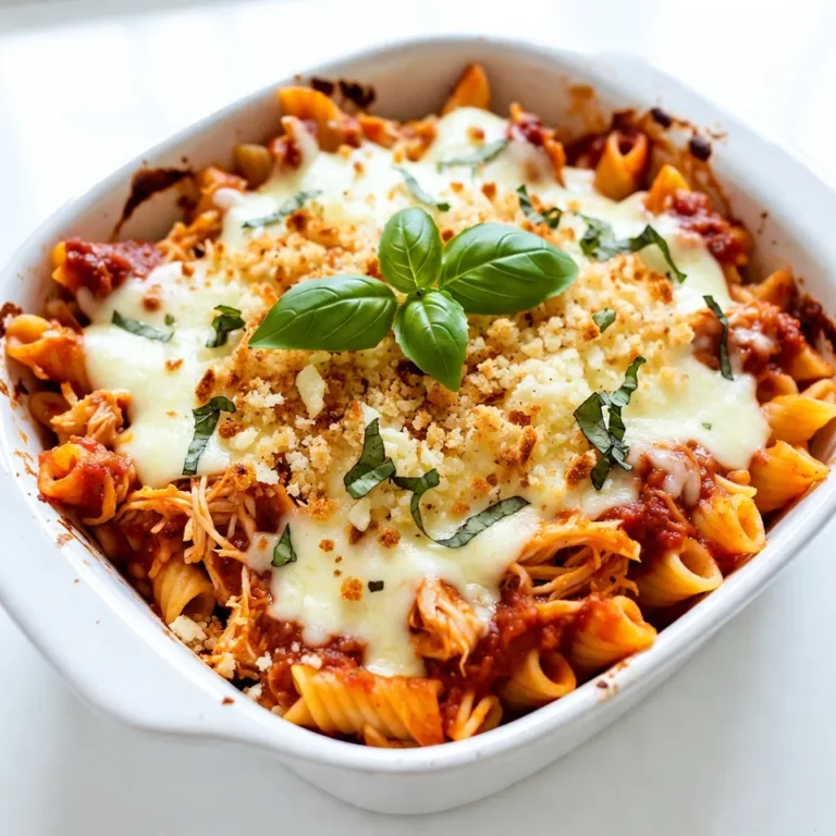 To make Chicken Parmesan Casserole, gather these ingredients: - 2 cups cooked rotini pasta - 4 cups cooked chicken breast, shredded - 2 cups marinara sauce - 1 teaspoon dried oregano - 1 teaspoon garlic powder - 2 cups shredded mozzarella cheese - 1 cup grated Parmesan cheese - 1 cup breadcrumbs - 2 tablespoons fresh basil, chopped (for garnish) - Salt and pepper to taste You can easily swap some ingredients if needed. For pasta, use penne or fusilli. If you don’t have rotini, these work well. Instead of cooked chicken breast, rotisserie chicken saves time. For marinara sauce, any tomato sauce can work. If you want, use fresh herbs instead of dried oregano. Don't have mozzarella cheese? Try cheddar or provolone. For a crunch, swap breadcrumbs with crushed crackers or panko. To make this casserole, you’ll need some basic tools: - 9x13 inch baking dish - Large mixing bowl - Measuring cups and spoons - Mixing spoon - Aluminum foil - Oven for baking These tools help you mix, layer, and bake your casserole perfectly. Having them ready makes cooking smoother and more fun! {{ingredient_image_1}} Start by gathering all your ingredients. You will need cooked rotini pasta, shredded chicken, and marinara sauce. Don’t forget the dried oregano, garlic powder, salt, pepper, mozzarella, Parmesan, breadcrumbs, and fresh basil. Next, preheat your oven to 375°F (190°C). This step is key. It helps your casserole cook evenly. In a large mixing bowl, combine the cooked pasta and shredded chicken. Pour in the marinara sauce. Sprinkle in the oregano, garlic powder, salt, and pepper. Mix everything well. You want every piece of pasta and chicken coated. Now, grab your greased 9x13 inch baking dish. Start by spreading half of the pasta and chicken mix evenly over the bottom. Layer half of the mozzarella and Parmesan cheese on top. This adds a nice cheesy flavor. Then, add the rest of the pasta and chicken mix. Top it off with the remaining cheese. Finally, sprinkle breadcrumbs over everything. This gives a crunchy finish when baked. Cover the baking dish with aluminum foil. Bake in the preheated oven for 25 minutes. This helps cook the casserole through. After 25 minutes, remove the foil. Bake for another 15 minutes. Keep an eye on it. You want the top to be golden and bubbly. Once done, take it out of the oven. Let it cool for about 5-10 minutes. This helps it set up before serving. Before you serve, add some fresh basil on top for a pop of color and flavor. To enhance the flavor of your Chicken Parmesan Casserole, consider these tips: - Use fresh herbs: Fresh basil adds a bright touch. Sprinkle it on top before serving. - Add spice: If you like heat, a pinch of red pepper flakes can spice things up. - Mix in cheese: Blend some ricotta cheese with the chicken for creaminess. It makes the dish richer. Here are some common mistakes to watch out for: - Overcooking the pasta: Cook the rotini just until al dente. It will cook more in the oven. - Skipping seasoning: Salt and pepper are key. Don't forget to season the chicken and sauce. - Not layering properly: Layering helps with even cooking. Spread ingredients evenly for the best results. Meal prep can save you time. Here’s how to do it: - Cook chicken ahead: Shred your chicken and store it in the fridge. It’s ready when you need it. - Prepare sauce in advance: You can make marinara sauce a day before. Just reheat it before mixing. - Assemble early: You can assemble the casserole and store it in the fridge. Bake it just before serving for a hot meal. By following these tips, you’ll make a Chicken Parmesan Casserole that’s both tasty and easy to prepare. Enjoy the process and the delicious results! Pro Tips Use Leftover Chicken: This casserole is a great way to use up any leftover roasted or rotisserie chicken, saving time and reducing waste. Cheese Variations: Feel free to mix different types of cheese, such as provolone or cheddar, for a unique flavor twist. Make Ahead: Prepare the casserole in advance and store it in the fridge for up to 24 hours before baking. Just add a few extra minutes to the baking time. Breadcrumb Topping: For an extra crunchy topping, consider mixing the breadcrumbs with a little melted butter before sprinkling them on top. {{image_2}} You can easily make this dish vegetarian. Swap the chicken for cooked lentils or chickpeas. You can also use sautéed vegetables like zucchini, spinach, or mushrooms. This swap keeps the dish hearty and full of flavor. Use the same marinara sauce and spices for a tasty mix. Cheese adds creaminess to the casserole. While mozzarella and Parmesan are classic, you can use others. Try provolone for a sharper bite. Gouda gives a smoky flavor. For a fun twist, use a blend of cheeses like cheddar and Monterey Jack. Each choice brings a unique taste to your casserole. Feel free to play with the sauce or spices. Instead of marinara, try Alfredo sauce for a rich taste. You can also mix in pesto for a fresh flavor. For spices, add red pepper flakes for heat or Italian seasoning for more depth. These tweaks keep your casserole exciting and new every time. After enjoying your Chicken Parmesan Casserole, store any leftovers in an airtight container. This keeps it fresh and tasty. Let it cool to room temperature before you store it. Keep it in the fridge for up to four days. When properly stored, it remains delicious and ready for your next meal. To reheat your casserole, preheat your oven to 350°F (175°C). Place the casserole in an oven-safe dish. Cover it with foil to keep moisture in. Heat for about 20 minutes or until it is hot all the way through. You can also reheat individual portions in the microwave for about 2-3 minutes, checking to ensure it's warm inside. If you want to freeze your Chicken Parmesan Casserole, first let it cool completely. Then, wrap it tightly in plastic wrap or foil. Place it in a freezer-safe container. It can last up to three months in the freezer. When you're ready to eat, thaw it in the fridge overnight. Reheat as needed for a quick meal. You can prepare Chicken Parmesan Casserole a day in advance. Cook the pasta and chicken first. Mix them with marinara sauce and seasonings. Layer the mixture in the baking dish but do not bake yet. Cover tightly with plastic wrap and store in the fridge. When ready to serve, preheat your oven and bake as directed. This method saves time and helps flavors blend. Yes, you can use different types of pasta. While rotini works well, penne, fusilli, or farfalle are great options too. Just make sure to cook the pasta until it is al dente. This way, it holds up well in the casserole. The shape of the pasta can change the look and feel of the dish, making it more fun to eat. Chicken Parmesan Casserole goes well with many side dishes. A simple green salad complements the richness of the casserole. You could also serve garlic bread or steamed vegetables. For a heartier meal, try a side of roasted potatoes. These sides balance the flavors and round out your family meal nicely. You learned about the key ingredients and tools for making Chicken Parmesan Casserole. Substitutes can help you customize the dish. We covered simple steps to prep, assemble, and bake it. Tips ensured you avoid mistakes and enhance flavors. Creative variations cater to different tastes. Finally, proper storage keeps leftovers fresh. Cooking should be fun and easy. Enjoy making this dish your own, and happy cooking!