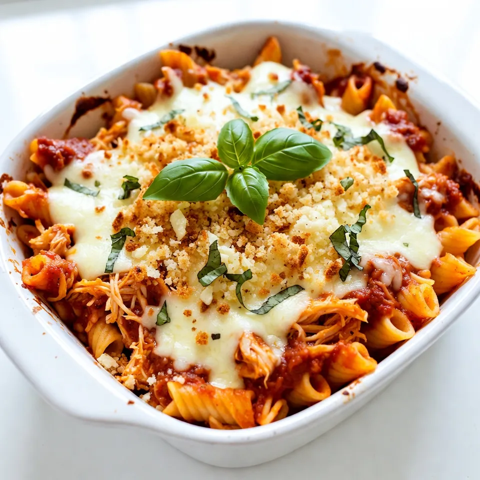 To make Chicken Parmesan Casserole, gather these ingredients: - 2 cups cooked rotini pasta - 4 cups cooked chicken breast, shredded - 2 cups marinara sauce - 1 teaspoon dried oregano - 1 teaspoon garlic powder - 2 cups shredded mozzarella cheese - 1 cup grated Parmesan cheese - 1 cup breadcrumbs - 2 tablespoons fresh basil, chopped (for garnish) - Salt and pepper to taste You can easily swap some ingredients if needed. For pasta, use penne or fusilli. If you don’t have rotini, these work well. Instead of cooked chicken breast, rotisserie chicken saves time. For marinara sauce, any tomato sauce can work. If you want, use fresh herbs instead of dried oregano. Don't have mozzarella cheese? Try cheddar or provolone. For a crunch, swap breadcrumbs with crushed crackers or panko. To make this casserole, you’ll need some basic tools: - 9x13 inch baking dish - Large mixing bowl - Measuring cups and spoons - Mixing spoon - Aluminum foil - Oven for baking These tools help you mix, layer, and bake your casserole perfectly. Having them ready makes cooking smoother and more fun! {{ingredient_image_1}} Start by gathering all your ingredients. You will need cooked rotini pasta, shredded chicken, and marinara sauce. Don’t forget the dried oregano, garlic powder, salt, pepper, mozzarella, Parmesan, breadcrumbs, and fresh basil. Next, preheat your oven to 375°F (190°C). This step is key. It helps your casserole cook evenly. In a large mixing bowl, combine the cooked pasta and shredded chicken. Pour in the marinara sauce. Sprinkle in the oregano, garlic powder, salt, and pepper. Mix everything well. You want every piece of pasta and chicken coated. Now, grab your greased 9x13 inch baking dish. Start by spreading half of the pasta and chicken mix evenly over the bottom. Layer half of the mozzarella and Parmesan cheese on top. This adds a nice cheesy flavor. Then, add the rest of the pasta and chicken mix. Top it off with the remaining cheese. Finally, sprinkle breadcrumbs over everything. This gives a crunchy finish when baked. Cover the baking dish with aluminum foil. Bake in the preheated oven for 25 minutes. This helps cook the casserole through. After 25 minutes, remove the foil. Bake for another 15 minutes. Keep an eye on it. You want the top to be golden and bubbly. Once done, take it out of the oven. Let it cool for about 5-10 minutes. This helps it set up before serving. Before you serve, add some fresh basil on top for a pop of color and flavor. To enhance the flavor of your Chicken Parmesan Casserole, consider these tips: - Use fresh herbs: Fresh basil adds a bright touch. Sprinkle it on top before serving. - Add spice: If you like heat, a pinch of red pepper flakes can spice things up. - Mix in cheese: Blend some ricotta cheese with the chicken for creaminess. It makes the dish richer. Here are some common mistakes to watch out for: - Overcooking the pasta: Cook the rotini just until al dente. It will cook more in the oven. - Skipping seasoning: Salt and pepper are key. Don't forget to season the chicken and sauce. - Not layering properly: Layering helps with even cooking. Spread ingredients evenly for the best results. Meal prep can save you time. Here’s how to do it: - Cook chicken ahead: Shred your chicken and store it in the fridge. It’s ready when you need it. - Prepare sauce in advance: You can make marinara sauce a day before. Just reheat it before mixing. - Assemble early: You can assemble the casserole and store it in the fridge. Bake it just before serving for a hot meal. By following these tips, you’ll make a Chicken Parmesan Casserole that’s both tasty and easy to prepare. Enjoy the process and the delicious results! Pro Tips Use Leftover Chicken: This casserole is a great way to use up any leftover roasted or rotisserie chicken, saving time and reducing waste. Cheese Variations: Feel free to mix different types of cheese, such as provolone or cheddar, for a unique flavor twist. Make Ahead: Prepare the casserole in advance and store it in the fridge for up to 24 hours before baking. Just add a few extra minutes to the baking time. Breadcrumb Topping: For an extra crunchy topping, consider mixing the breadcrumbs with a little melted butter before sprinkling them on top. {{image_2}} You can easily make this dish vegetarian. Swap the chicken for cooked lentils or chickpeas. You can also use sautéed vegetables like zucchini, spinach, or mushrooms. This swap keeps the dish hearty and full of flavor. Use the same marinara sauce and spices for a tasty mix. Cheese adds creaminess to the casserole. While mozzarella and Parmesan are classic, you can use others. Try provolone for a sharper bite. Gouda gives a smoky flavor. For a fun twist, use a blend of cheeses like cheddar and Monterey Jack. Each choice brings a unique taste to your casserole. Feel free to play with the sauce or spices. Instead of marinara, try Alfredo sauce for a rich taste. You can also mix in pesto for a fresh flavor. For spices, add red pepper flakes for heat or Italian seasoning for more depth. These tweaks keep your casserole exciting and new every time. After enjoying your Chicken Parmesan Casserole, store any leftovers in an airtight container. This keeps it fresh and tasty. Let it cool to room temperature before you store it. Keep it in the fridge for up to four days. When properly stored, it remains delicious and ready for your next meal. To reheat your casserole, preheat your oven to 350°F (175°C). Place the casserole in an oven-safe dish. Cover it with foil to keep moisture in. Heat for about 20 minutes or until it is hot all the way through. You can also reheat individual portions in the microwave for about 2-3 minutes, checking to ensure it's warm inside. If you want to freeze your Chicken Parmesan Casserole, first let it cool completely. Then, wrap it tightly in plastic wrap or foil. Place it in a freezer-safe container. It can last up to three months in the freezer. When you're ready to eat, thaw it in the fridge overnight. Reheat as needed for a quick meal. You can prepare Chicken Parmesan Casserole a day in advance. Cook the pasta and chicken first. Mix them with marinara sauce and seasonings. Layer the mixture in the baking dish but do not bake yet. Cover tightly with plastic wrap and store in the fridge. When ready to serve, preheat your oven and bake as directed. This method saves time and helps flavors blend. Yes, you can use different types of pasta. While rotini works well, penne, fusilli, or farfalle are great options too. Just make sure to cook the pasta until it is al dente. This way, it holds up well in the casserole. The shape of the pasta can change the look and feel of the dish, making it more fun to eat. Chicken Parmesan Casserole goes well with many side dishes. A simple green salad complements the richness of the casserole. You could also serve garlic bread or steamed vegetables. For a heartier meal, try a side of roasted potatoes. These sides balance the flavors and round out your family meal nicely. You learned about the key ingredients and tools for making Chicken Parmesan Casserole. Substitutes can help you customize the dish. We covered simple steps to prep, assemble, and bake it. Tips ensured you avoid mistakes and enhance flavors. Creative variations cater to different tastes. Finally, proper storage keeps leftovers fresh. Cooking should be fun and easy. Enjoy making this dish your own, and happy cooking!