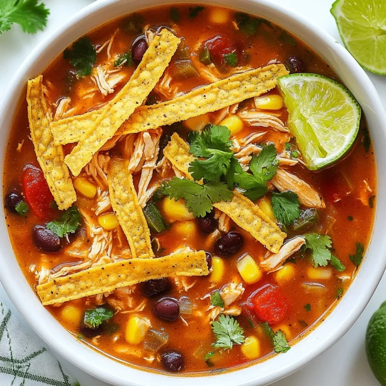 - 1 lb boneless, skinless chicken breasts - 1 can (15 oz) black beans, rinsed and drained - 1 can (15 oz) corn, drained - 1 can (15 oz) diced tomatoes with green chilies - 1 medium onion, chopped - 2 cloves garlic, minced In this soup, chicken is the star. I use boneless, skinless chicken breasts to keep it lean and tender. The black beans add protein and fiber, while the corn lends a touch of sweetness. Diced tomatoes with green chilies give the soup a nice kick and vibrant color. Don't forget the onion and garlic; they provide a solid base for flavor. - 4 cups chicken broth - 1 tablespoon chili powder - 1 teaspoon cumin - 1 teaspoon smoked paprika - Salt and pepper, to taste The chicken broth is key for richness. I prefer low-sodium broth to control the salt. Chili powder brings heat, while cumin adds earthiness. Smoked paprika enhances the soup with a lovely smokiness. Adjust salt and pepper to your taste. These spices create a perfect blend of flavors. - Juice of 1 lime - Tortilla strips, for serving - Fresh cilantro, chopped, for garnish - Avocado slices, for garnish (optional) Finishing touches make a big difference. Lime juice brightens the entire dish, adding a fresh zing. I like to top the soup with crispy tortilla strips for crunch. Fresh cilantro adds a burst of flavor and color. If you love avocado, add some slices for creaminess. These garnishes elevate the meal from good to great! {{ingredient_image_1}} Start by layering the chicken at the bottom of the crockpot. Use 1 lb of boneless, skinless chicken breasts. Next, add the chopped onion, minced garlic, black beans, corn, and diced tomatoes on top. Make sure everything is spread out evenly. Then, pour in 4 cups of chicken broth. This broth will keep your soup rich and flavorful. Now it’s time to add flavor! Sprinkle chili powder, cumin, smoked paprika, salt, and pepper over the mixture. I like to use 1 tablespoon of chili powder and 1 teaspoon each of cumin and smoked paprika. This combo packs a punch! Ensure that all the seasonings coat the ingredients well. Cover the crockpot and set it to cook. You can choose low for 6-8 hours or high for 3-4 hours. The low setting allows flavors to blend better. Check for doneness by making sure the chicken is cooked through. It should shred easily when done. When the chicken is ready, remove it from the crockpot. Use two forks to shred the chicken into bite-sized pieces. This step is quick and easy. After shredding, return the chicken to the soup. This adds more texture and flavor. Squeeze in the juice of 1 lime and stir the soup well. The lime juice brightens the flavors. This step makes the soup taste fresh and lively. Serve the soup hot, garnished with tortilla strips, fresh cilantro, and avocado slices if you like. The tortilla strips add crunch, while the avocado brings creaminess. This soup is not just a meal; it’s a comforting bowl of joy! - Adjusting spice levels: You can change the heat by adding more or less chili powder. For a mild soup, use just half a tablespoon. If you love spice, try adding jalapeños or hot sauce. - Adding extra vegetables: Feel free to toss in more veggies. Chopped bell peppers, zucchini, or carrots work well. They add nutrition and flavor, making the soup even better. - Ensuring even cooking: Cut chicken into smaller pieces for even cooking. This helps the chicken cook through and stay tender. Stir the ingredients halfway through cooking if you can. - Avoiding dryness in chicken: To keep the chicken moist, use enough broth. If the soup seems thick, add a splash of water or broth. This keeps the chicken juicy and flavorful. - Pairing with sides or beverages: Serve the soup with warm corn tortillas or crusty bread. A fresh salad on the side adds crunch. For drinks, try a cold glass of iced tea or a light beer. This makes the meal complete and satisfying. Pro Tips Use Fresh Ingredients: Fresh onion and garlic will enhance the flavors of your soup, making it more aromatic and delicious. Customize the Spice Level: Adjust the amount of chili powder to suit your taste. Adding jalapeños or hot sauce can give it an extra kick! Make It a Meal: Serve the soup with a side of crusty bread or over rice to create a more filling dish. Store Leftovers Properly: Allow the soup to cool completely before transferring it to an airtight container. It can be refrigerated for up to 4 days or frozen for up to 3 months. {{image_2}} You can make this soup vegetarian. Simply swap the chicken with tofu. Use firm tofu for the best texture. You can also add more beans like kidney or pinto. These options keep the protein high and add great flavor. If you want to try different meats, you can use turkey, beef, or pork. Ground turkey works well and cooks fast. Shredded beef or pork also fits nicely. Adjust your cooking time to ensure the meat is tender. Feel free to change up the veggies. Use seasonal vegetables like zucchini or bell peppers. Different beans can also add variety. Chickpeas or lentils are tasty options. Each swap can give a fresh twist to your soup. After you make your soup, let it cool to room temperature. Then, store it in an airtight container. You can keep it in the fridge for about 3 to 4 days. Make sure to label the container with the date. This helps you know when to eat it. If you want to enjoy the soup later, freezing is a great option. To freeze the soup, first cool it completely. Then, pour it into freezer-safe bags or containers. Leave some space at the top for the soup to expand when frozen. You can keep it in the freezer for up to 3 months. When you're ready to enjoy it, thaw it in the fridge overnight. Reheat it on the stove or in the microwave. When reheating, do it slowly to keep the flavors intact. If using the stove, heat it over medium-low heat. Stir it often to avoid sticking. If you're using a microwave, heat it in short intervals. Stir in between to ensure even heating. You can also add a little chicken broth if it seems too thick. This keeps the soup tasty and smooth. To add heat, you can use several methods: - Add diced jalapeños or serrano peppers. - Stir in some hot sauce. - Increase the chili powder amount. - Use a spicy salsa instead of regular diced tomatoes. These ideas will bring warmth to your soup and enhance its flavor. Yes, you can use frozen chicken in your soup. Just keep these points in mind: - Cook on high for about 4-5 hours. - Make sure the chicken reaches 165°F for safety. - If you can, shred the chicken during the last hour. This way, the chicken will soak in the flavors. This soup pairs well with many sides: - Cornbread is a classic choice. - Serve tortilla chips for crunch. - A fresh garden salad adds a nice contrast. - You can also offer quesadillas as a hearty side. These options will create a well-rounded meal. In the fridge, your soup will last about 3-4 days. To store it safely: - Keep it in an airtight container. - Make sure it cools down before sealing. - If you notice any off smells or colors, throw it out. Storing it well helps keep it tasty for later. You can make a delicious Crockpot Chicken Tortilla Soup with simple, fresh ingredients. Start with chicken, beans, and spices to build flavor. Layer everything in your Crockpot for easy cooking, adjust the spices to your taste, and don’t forget the garnishes. This dish is versatile; swap ingredients, try vegetarian options, and customize as you like. With the right tips, you can store and reheat your soup while keeping it tasty. Now it’s time to enjoy your warm, hearty soup anytime.