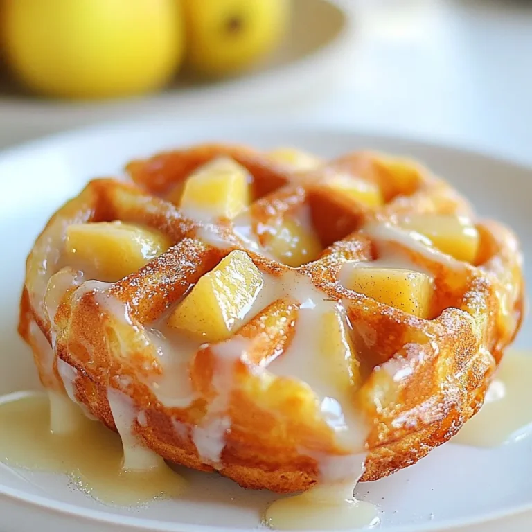 To make these delightful Apple Fritter Waffle Donuts, you will need the following ingredients: - 1 cup all-purpose flour - 1/2 cup brown sugar - 1 teaspoon baking powder - 1/2 teaspoon baking soda - 1/4 teaspoon salt - 1 teaspoon ground cinnamon - 1/2 teaspoon nutmeg - 1 large egg - 1/2 cup buttermilk - 1 tablespoon melted butter - 1 cup peeled and diced apples (like Granny Smith) - 1/2 teaspoon vanilla extract - 1/2 cup powdered sugar (for glaze) - 2 tablespoons milk (for glaze) - Oil for greasing the waffle iron Each ingredient plays an important role in the taste and texture of the donut. The flour gives structure, while the apples provide sweetness and moisture. The spices like cinnamon and nutmeg bring warmth and depth to each bite. Make sure to use fresh apples for the best flavor. Granny Smith apples work well because they are tart and balance the sweetness of the brown sugar. You can also adjust the spices to suit your taste, maybe even adding a pinch of ginger for a twist. Gather these ingredients, and you’ll be one step closer to a treat that everyone will love! {{ingredient_image_1}} - Preheat the waffle iron and grease it. - In a large bowl, mix together: - 1 cup all-purpose flour - 1/2 cup brown sugar - 1 teaspoon baking powder - 1/2 teaspoon baking soda - 1/4 teaspoon salt - 1 teaspoon ground cinnamon - 1/2 teaspoon nutmeg - In another bowl, whisk: - 1 large egg - 1/2 cup buttermilk - 1 tablespoon melted butter - 1/2 teaspoon vanilla extract - Pour the wet ingredients into the dry ingredients and stir gently. - Fold in 1 cup of diced apples. - Fill the waffle iron with the batter and cook until golden brown. This takes about 5-7 minutes. - While the donuts cook, make the glaze by whisking together: - 1/2 cup powdered sugar - 2 tablespoons milk - Adjust the glaze until smooth. Once your waffle donuts are done, remove them carefully from the iron. Let them cool for a couple of minutes before dipping the tops in the glaze. Enjoy the sweet, crispy goodness! To make your Apple Fritter Waffle Donuts shine, ensure the apples are evenly mixed in. This helps each bite taste amazing. When you use your waffle iron, remember that different models cook at different speeds. Keep an eye on your donuts while they cook, usually about 5 to 7 minutes. Adjust the time based on how your iron works. For toppings, I recommend a sprinkle of cinnamon sugar. This adds warm flavor and great texture. You can also try adding a drizzle of caramel or chocolate for a sweet twist. These donuts pair nicely with coffee or a glass of cold milk. They make a perfect breakfast or snack! If you have leftover batter, store it in an airtight container. This keeps it fresh for another day. When you cook the donuts, aim for a light and crispy texture. Avoid overmixing the batter to keep them fluffy. Pro Tips Fresh Apples are Key: Use fresh, crisp apples like Granny Smith for the best flavor and texture, ensuring they hold their shape during cooking. Don’t Overmix: When combining the wet and dry ingredients, mix just until combined to keep the waffle donuts light and fluffy. Adjust Glaze Consistency: If your glaze is too thick, add a little more milk; if it’s too thin, add more powdered sugar to achieve the desired thickness. Experiment with Spices: Feel free to customize the spices; adding a pinch of allspice or ginger can enhance the flavor profile of your waffle donuts. {{image_2}} You can make your Apple Fritter Waffle Donuts unique. Try adding nuts like walnuts or pecans for a nice crunch. You can also toss in raisins for a sweet surprise. Both choices give a new texture. Different apple types change the taste, too. Use sweet apples like Fuji for a sweeter donut. Tart apples like Granny Smith add a nice zing. Mixing apple flavors can create a fun twist. If you need gluten-free options, swap the all-purpose flour for a gluten-free blend. This keeps the great taste while fitting your needs. You can also make them dairy-free. Just use almond or oat milk instead of buttermilk. Most people won't even notice the difference. Get creative with your glaze! Instead of a simple vanilla glaze, try adding maple syrup or a dash of cinnamon. This can give your donuts a unique flair. Consider sprinkles, too. Use chocolate, rainbow, or even crushed nuts on top. These toppings make your Apple Fritter Waffle Donuts even more fun to eat. To keep your Apple Fritter Waffle Donuts fresh, store them in an airtight container. Place a piece of parchment paper between layers to prevent sticking. Refrigerate them for up to three days. When you're ready to enjoy them again, reheat in a toaster oven. This keeps them crispy on the outside. You can also microwave them for about 10-15 seconds, but this may make them softer. To freeze leftover waffle donuts, let them cool completely first. Then, wrap each donut in plastic wrap. Place the wrapped donuts in a freezer bag or container. They can last up to three months in the freezer. When you're ready to eat, remove them from the freezer and let them thaw in the fridge overnight. Reheat in a toaster oven for the best taste and texture. Enjoy these treats any time! What are Apple Fritter Waffle Donuts? Apple Fritter Waffle Donuts are sweet treats that mix waffles and donuts. They have a fluffy inside and a crispy outside. The batter includes apples, cinnamon, and nutmeg for flavor. They are fun and easy to make in a waffle iron. Can I make these in advance? You can prepare the batter in advance. Store it in the fridge for up to 24 hours. However, I recommend cooking them fresh for the best taste. The donuts will taste best right after cooking. How can I customize the glaze? You can make the glaze sweeter or thicker by adjusting the sugar and milk. Add vanilla or maple syrup for a new flavor. For a richer taste, try using cream instead of milk. What type of waffle iron is best? A non-stick waffle iron works best. It helps the donuts release easily. A standard size or Belgian-style iron will work great. Choose one with adjustable temperature settings for better control. How can I tell when they're properly cooked? The donuts are done when they are golden brown and crispy. Check for steam coming out of the waffle iron. If you open it and they look set, it's time to take them out. What beverages complement these treats? Hot coffee or tea pairs well with these donuts. You can also enjoy them with apple cider for a fun twist. Milk or a milkshake can make for a yummy treat, too. How many servings does this recipe yield? This recipe makes about four servings. You can adjust the batch size by doubling or halving the ingredients as needed. Enjoy sharing them with family and friends! This post explored how to make delicious Apple Fritter Waffle Donuts. We covered ingredients, step-by-step cooking, and storage tips. You can add flavor with toppings or adjust for diets. In the end, enjoy the fun of cooking and sharing these treats with others. They're simple to make and sure to please anyone. Happy cooking!