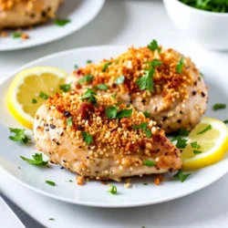 - 2 boneless, skinless chicken breasts - 1 cup grated Parmesan cheese - 1 cup breadcrumbs (preferably panko for extra crunch) - 2 cloves garlic, minced - 1 teaspoon Italian seasoning - 1 teaspoon paprika - Salt and pepper to taste - 2 large eggs - 1 tablespoon olive oil You can play with flavors! Try adding smoked paprika for a deeper taste. Want more heat? Toss in some red pepper flakes. Fresh herbs like basil or thyme can add a bright touch. A squeeze of lemon juice before serving can enhance the dish's flavor too. Each serving contains about: - Calories: 450 - Protein: 40g - Fat: 25g - Carbohydrates: 20g - Fiber: 2g - Sugar: 1g This dish is packed with protein and has a nice balance of fat and carbs. Enjoy it as part of a healthy meal! {{ingredient_image_1}} First, set your air fryer to 400°F (200°C). Preheating takes about 5 minutes. This step helps your chicken cook evenly and get that nice, crispy crust. Next, grab a shallow bowl. Crack two large eggs into it and whisk them well. This egg wash helps the coating stick to the chicken. In another bowl, combine 1 cup of grated Parmesan cheese and 1 cup of breadcrumbs. I prefer panko for extra crunch! Add two cloves of minced garlic, 1 teaspoon of Italian seasoning, 1 teaspoon of paprika, and salt and pepper to taste. Mix these dry ingredients until they are evenly blended. Take each chicken breast and dip it into the egg mixture. Let any extra egg drip off. Then, place the chicken into the breadcrumb mix. Press firmly to coat all sides well. This ensures a thick and crispy layer. Lightly brush the coated chicken breasts with 1 tablespoon of olive oil. This helps them crisp up nicely. Place the chicken in a single layer in the air fryer basket. If needed, cook in batches to avoid overcrowding. Cook for 12-15 minutes, flipping halfway through. The chicken is done when it reaches an internal temperature of 165°F (74°C) and looks golden brown. Once cooked, take the chicken out and let it rest for a few minutes. This helps keep it juicy. Slice and serve hot. I love to garnish it with fresh parsley and lemon wedges. A simple side salad or steamed veggies pairs well for a full meal. Enjoy your crispy delight! To get that perfect crunch, I suggest using panko breadcrumbs. They add extra texture. Make sure to coat the chicken evenly. Press down on the breadcrumbs to help them stick. A light brush of olive oil before cooking also enhances crispiness. Preheating your air fryer is key. This step helps the chicken cook evenly and get that golden color. One big mistake is overcrowding the air fryer. Always leave space between the chicken pieces for air to flow. If they touch, they won’t crisp up well. Another mistake is not drying the chicken. Pat it dry with paper towels before coating. This helps the coating stick better. Lastly, don’t skip flipping the chicken halfway through cooking. This ensures even browning on both sides. For best results, use a good-quality air fryer with a basket. A digital air fryer with temperature control can help you cook perfectly. I recommend having kitchen tongs on hand for flipping the chicken. A shallow bowl for the egg wash is also handy. Lastly, a meat thermometer is great for checking the chicken's doneness. Aim for an internal temperature of 165°F (74°C) for safe eating. Pro Tips Use Fresh Ingredients: Fresh garlic and high-quality Parmesan cheese can enhance the flavor of the chicken significantly. Check for Doneness: Always use a meat thermometer to ensure your chicken reaches an internal temperature of 165°F (74°C) for safe consumption. Let It Rest: Allowing the chicken to rest after cooking helps retain its juices, resulting in a more tender and flavorful bite. Experiment with Seasonings: Feel free to customize the seasoning blend with your favorite herbs or spices for a unique twist on this recipe. {{image_2}} You can switch out the Parmesan cheese for other cheeses. Cheddar works well for a sharp taste. Mozzarella offers a gooey texture that many enjoy. If you like blue cheese, that adds a bold flavor too. Just remember, each cheese will change the dish's taste. If you need a gluten-free option, use gluten-free breadcrumbs. You can find these at most stores. Almond flour is another great choice for coating chicken. It gives a nutty flavor and nice crunch. For the eggs, check that they are free from gluten, which is usually the case. To make your chicken spicier, add more paprika or a pinch of cayenne pepper. You can also mix in some chili powder for a smoky heat. For less spice, reduce the amount of seasoning or skip the paprika. Adjusting the spice lets everyone enjoy this dish their way. To store leftover chicken, let it cool down first. Place it in an airtight container. You can keep it in the fridge for up to three days. Make sure to label the container with the date. This step helps you know when to use it. To reheat your chicken, use an air fryer if you have one. Set it to 350°F (175°C) for about 5 to 7 minutes. This method keeps the crust crispy. You can also use a microwave, but it may make the chicken soggy. If you choose the microwave, cover the chicken with a damp paper towel. This adds some moisture back in. You can freeze the chicken if you want to save it for later. Wrap each piece tightly in plastic wrap, then place it in a freezer bag. Make sure to remove as much air as possible. You can freeze it for up to three months. When you’re ready to eat, thaw it in the fridge overnight and reheat it as mentioned above. Yes, you can use chicken thighs. They are juicier and flavorful. Just make sure they are boneless and skinless. Adjust the cooking time if needed. For thicker chicken pieces, increase cooking time to about 15-18 minutes. Always check the internal temperature. It should reach 165°F (74°C) for safety. To make this in a traditional oven, preheat it to 400°F (200°C). Place the coated chicken on a baking sheet. Bake for 20-25 minutes, flipping halfway through. Great sides include simple salad, steamed veggies, or roasted potatoes. You can also add a side of pasta for a heartier meal. Enjoy the crispy chicken with fresh lemon wedges for added flavor! This blog post covered how to make Air Fryer Parmesan Crusted Chicken. We looked at ingredients, cooking steps, tips, variations, and storage. Remember, achieving the crispiest coating is key for great taste. Avoid common mistakes to get the best results. If you try different cheeses or go gluten-free, you can customize your meal. Store leftovers wisely for great reheating options. Enjoy your tasty chicken with perfect sides. Start cooking now, and impress your family with this quick and easy dish!