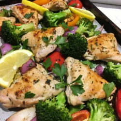 - 4 boneless, skinless chicken thighs - 2 tablespoons olive oil - 2 lemons (zested and juiced) - 3 garlic cloves, minced - 1 teaspoon dried oregano - 1 teaspoon dried thyme - Salt and pepper, to taste - 2 cups broccoli florets - 1 bell pepper, sliced (any color) - 1 red onion, cut into wedges - Fresh parsley, chopped (for garnish) To make the Sheet Pan Lemon Herb Chicken & Veggies, gather these simple ingredients. The chicken thighs are juicy and flavorful. The lemon adds a bright taste that lifts everything. Olive oil helps the chicken and veggies cook perfectly. Fresh garlic gives a rich depth to the dish. I love using fresh herbs like oregano and thyme. They add warmth and aroma. Salt and pepper are key to bring out all the flavors. The veggies, like broccoli, bell pepper, and red onion, provide color and crunch. Each ingredient plays an important role. They work together to create a meal that tastes great and looks stunning on your plate. Plus, using a single sheet pan keeps the cleanup easy! {{ingredient_image_1}} In a large bowl, combine these ingredients: - 2 tablespoons olive oil - Zest and juice from 2 lemons - 3 minced garlic cloves - 1 teaspoon dried oregano - 1 teaspoon dried thyme - Salt and pepper to taste Mix well to create a zesty marinade for the chicken thighs. The lemon adds brightness, while the herbs give depth. This mix will infuse the chicken with great flavor. Next, add the 4 boneless, skinless chicken thighs to the marinade. Make sure each piece is well-coated. I recommend letting the chicken marinate for at least 15 minutes. If you have more time, letting it sit for up to 1 hour in the fridge will enhance the flavor even more. While the chicken marinates, prepare your veggies. Toss together: - 2 cups broccoli florets - 1 sliced bell pepper (any color) - 1 red onion, cut into wedges Drizzle a bit of olive oil, and season with salt and pepper. This adds flavor and helps them roast nicely. Now, line a large sheet pan with parchment paper for easy cleanup. Place the marinated chicken on one side of the pan and arrange the veggies on the other side. Pour any remaining marinade over everything. Bake in the preheated oven at 425°F (220°C) for 25-30 minutes. The chicken should reach an internal temperature of 165°F (75°C) and the veggies should be tender. If you like a bit of char, switch the oven to broil for the last 2-3 minutes. Just keep an eye on it to avoid burning. Once cooked, let everything rest for 5 minutes. Garnish with chopped fresh parsley before serving. Enjoy your delightful dish! To make this dish shine, marinate the chicken well. I recommend marinating for at least 15 minutes. For deeper flavor, let it sit for up to an hour in the fridge. This gives the chicken a lovely taste from the lemon and herbs. When baking, set your oven to 425°F (220°C). This high heat helps the chicken get that golden-brown color. If you want juicy chicken, check the internal temp. It should reach 165°F (75°C). If it’s not done, pop it back in for a few more minutes. For a rustic feel, serve right from the sheet pan. It looks great and saves on dishes! If you want to impress, plate the chicken and veggies. Add a lemon slice on the side for color. Fresh parsley on top makes it pop. A good sheet pan is key. I like ones with a light color. This helps the food cook evenly. If you can, use a rimmed sheet pan. It catches juices and makes cleanup easy. For cooking tools, a good set of tongs helps when flipping chicken. A meat thermometer is a must. It ensures your chicken is safe to eat and perfectly cooked. Pro Tips Marinate for Maximum Flavor: Allowing the chicken to marinate for at least 1 hour enhances the flavor significantly, so consider prepping this dish ahead of time. Veggie Variations: Feel free to add other vegetables like carrots, zucchini, or asparagus for more color and nutrition. Extra Crispiness: Broiling at the end helps achieve a nice crispy texture on the chicken and caramelizes the vegetables for added flavor. Serve with Sides: This dish pairs well with rice or quinoa, making it a complete meal with grains and protein. {{image_2}} You can use chicken breasts or drumsticks in this recipe. Chicken breasts will cook faster than thighs. Drumsticks add a fun, crispy texture. For vegetarian options, consider using firm tofu or chickpeas. Both options soak up the lemon and herbs well. Adjust cooking time based on the protein you choose. Feel free to mix in seasonal vegetables. Zucchini, asparagus, or carrots work great. Each vegetable has a different cooking time. Broccoli and bell peppers take about 25-30 minutes. Carrots may need an extra 5-10 minutes. Keep an eye on them to avoid overcooking. You can add different spices or herbs to change the taste. Try paprika for a smoky flavor or rosemary for a woodsy touch. Adding sauces can also boost flavor. A splash of soy sauce or balsamic vinegar can add depth. Experiment to find your favorite combination! To keep your leftover sheet pan lemon herb chicken and veggies fresh, store them promptly. Place the cooled chicken and veggies in an airtight container. Make sure to separate them to prevent sogginess. This method keeps everything tasty for later meals. Glass or plastic containers with tight lids work best. If you have a lot, use smaller containers for easy access. You can freeze your chicken and veggies for future meals. First, let them cool completely. Then, put them in freezer-safe bags or containers. Squeeze out as much air as you can before sealing. This helps prevent freezer burn. For thawing, place the bag in the fridge overnight. Reheat in the oven or microwave until hot. Make sure the chicken reaches 165°F (75°C) for safety. Leftovers can stay in the fridge for about three to four days. After that, the quality can decrease. If you freeze them, they can last for three to four months. Always check for any signs of spoilage before eating. If it smells off or looks strange, throw it away. Enjoy your delicious meal while it's fresh! You should marinate the chicken for at least 15 minutes. This allows the flavors to soak in. For a stronger taste, marinate for up to 1 hour in the fridge. The longer you wait, the better the chicken will taste. Yes, you can use frozen chicken thighs, but I recommend thawing them first. Thawing gives the marinade a chance to flavor the meat. If you use frozen chicken, add a few extra minutes to the cooking time. This dish pairs well with rice or quinoa. A simple green salad also works great. You can serve it with crusty bread to soak up the tasty juices. Try roasted potatoes for a heartier meal. Yes, this recipe is perfect for meal prep! You can make it ahead of time and store it in the fridge. Use airtight containers for best results. It keeps well for up to four days. Reheat in the oven or microwave before serving. This blog post covered a simple and tasty recipe for Sheet Pan Lemon Herb Chicken and Veggies. We discussed ingredients, step-by-step marinades, and cooking instructions. I shared helpful tips to ensure juicy chicken and beautiful presentation. Variations allow you to customize flavors and vegetables. For storage, proper techniques keep meals fresh. Enjoy cooking this dish, and feel free to experiment. Your kitchen creations can shine with flavor and ease. Happy cooking!