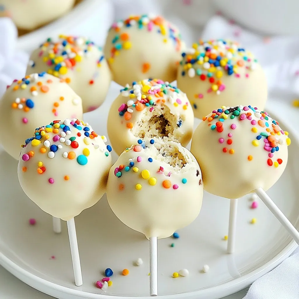 To make these Funfetti Oreo Cake Pops, you need the following: - 1 box funfetti cake mix - 1 cup of water - 1/3 cup vegetable oil - 3 large eggs - 1 cup crushed Oreo cookies (about 10-12 cookies) - 1 cup cream cheese frosting (store-bought or homemade) - 12 oz white chocolate chips - Rainbow sprinkles for decoration - Lollipop sticks Each ingredient plays a key role. The funfetti cake mix gives a sweet base with colorful fun. The water, oil, and eggs help make the cake moist. Adding crushed Oreo cookies gives a nice crunch and rich flavor. Cream cheese frosting adds sweetness and ties everything together. White chocolate chips create a smooth coating. Rainbow sprinkles add fun colors and a festive touch. Lollipop sticks help you serve these treats easily. Gather these ingredients, and you’re set to create a treat that delights both kids and adults alike. {{ingredient_image_1}} First, preheat your oven to 350°F (175°C). This step is key for even baking. Next, grease a 9x13-inch baking dish with a bit of oil or butter. In a large mixing bowl, grab your funfetti cake mix. Add 1 cup of water, 1/3 cup of vegetable oil, and 3 large eggs. Mix until smooth. The batter should be thick but creamy. Now, it’s time for the fun part! Take about 10 to 12 Oreo cookies and crush them. You can use a rolling pin or your hands. Fold these crushed cookies into your cake batter. This adds a rich, chocolatey flavor. Make sure they mix in well for a yummy surprise in every bite. Pour the batter into your greased baking dish. Bake for about 30 to 35 minutes. To check if it’s done, insert a toothpick into the center. If it comes out clean, you’re good to go! Let the cake cool completely in the pan. Place it on a wire rack to cool faster. Once cool, crumble the cake into a large bowl. Add 1 cup of cream cheese frosting to your crumbled cake. Mix until it holds together. Now, scoop out about 1 tablespoon of this mixture. Roll it into a ball with your hands. Place each ball on a parchment-lined baking sheet. Repeat this until all the mixture is shaped. For the chocolate coating, take 12 oz of white chocolate chips. Melt them in a microwave-safe bowl. Do this in 30-second intervals, stirring in between. Once melted and smooth, dip the end of each lollipop stick into the chocolate. Then, insert it into each cake pop. This helps keep the stick in place. Fully dip each cake pop into the melted white chocolate. Let any excess chocolate drip off. Before the coating hardens, sprinkle rainbow sprinkles on top. This adds a fun look and tasty crunch. Finally, place the cake pops upright in a styrofoam piece or a cake pop stand to set. Enjoy your sweet treat! To ensure your cake pop mixture holds together, add enough cream cheese frosting. The frosting helps bind the crumbled cake and Oreo cookies. If your mixture feels dry, mix in a bit more frosting. To avoid cracks in the chocolate coating, make sure the cake pops are cold. Freezing them for 30 minutes helps. Also, dip them quickly in melted chocolate to prevent the heat from softening them. For melting chocolate, I prefer the microwave method. Place white chocolate chips in a bowl. Heat in 30-second intervals and stir in between. This method is easy and quick. If you choose the double boiler method, fill a pot with water. Bring to a simmer and place a heatproof bowl on top. Add the chocolate chips and stir until melted. This method is great for keeping chocolate smooth. To fully coat cake pops, dip them straight down into the melted chocolate. Swirl gently to cover every side. After dipping, hold the pop over the bowl and tap it lightly. This helps excess chocolate drip off. To add extra flair, sprinkle rainbow sprinkles while the chocolate is still wet. This makes your cake pops look fun and festive! Pro Tips Use Cold Ingredients: Make sure your cream cheese frosting and any other ingredients are cold to help the cake pop mixture hold its shape better when rolling. Perfectly Melted Chocolate: When melting white chocolate, be careful not to overheat it. Stir well and stop heating as soon as it’s mostly melted to prevent seizing. Freezing for Stability: Freezing the cake pops before dipping helps them maintain their round shape and prevents them from falling off the stick. Creative Decorations: Feel free to get creative with your toppings! Use colored candy melts, edible glitter, or themed sprinkles to match any occasion. {{image_2}} You can change the funfetti cake mix for other flavors. Try chocolate or vanilla cake mixes. Each swap gives a new taste. You can also use different frostings. Instead of cream cheese, pick vanilla or chocolate frosting. This makes each cake pop unique and fun! The white chocolate chips are great, but you can try other types. Dark or milk chocolate works well too. You can also add other toppings. Consider crushed nuts, mini chocolate chips, or coconut flakes. These toppings give your cake pops a special touch. Get creative with the seasons! For Halloween, use orange and black sprinkles. In December, try red and green sprinkles for Christmas. You can also shape them like snowmen or pumpkins. It makes the cake pops fun for any occasion! To keep your funfetti Oreo cake pops fresh, place them in an airtight container. Line the bottom with parchment paper, so they do not stick. For best results, store them at room temperature. This helps maintain their soft texture and flavor. Avoid storing them in direct sunlight or heat. You can freeze cake pops for extra freshness. If you want to freeze them, do so before coating. First, freeze the rolled cake balls for about 30 minutes. After they are firm, wrap each one in plastic wrap. Place them in a freezer-safe bag or container. If you freeze after coating, let them cool completely first. Then, place them in a container with parchment paper between layers. At room temperature, your cake pops will last about three days. In the fridge, they can last up to a week. Always check for any signs of spoilage before eating. If they dry out, they may not taste as good, so try to enjoy them while fresh. Yes, you can make cake pops a day ahead. To store them, place the cake pops in an airtight container. Keep them in the fridge to stay fresh. If you want to freeze them, do so before coating. Just make sure they are fully cooled. To transport cake pops safely, use a sturdy box or tray. Insert lollipop sticks into foam or a cake pop stand. This keeps them upright and prevents damage. Avoid stacking them to maintain their shape. You can use other frostings! Try buttercream, chocolate ganache, or even store-bought frosting. Each will give your cake pops a new flavor. Just make sure the frosting holds the mixture together. If a cake pop breaks, you can repair it. Melt a bit of chocolate and use it as glue. Reattach the broken pieces and let it set. You can also coat the whole pop again to hide the repair. You can find ingredients at local grocery stores. Look for funfetti cake mix, Oreos, and white chocolate chips. For convenience, check online grocery stores or delivery apps. They often have everything you need. These funfetti cake pops are tasty and easy to make. We covered all the steps, from mixing your ingredients to decorating with sprinkles. You learned how to achieve the right texture and keep the chocolate smooth. Remember, you can change flavors and decorations for any occasion. Store them properly to keep them fresh. Enjoy making these delightful treats for your next event!