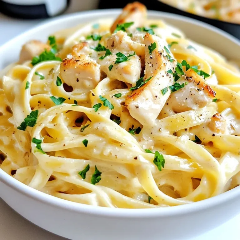 For this tasty dish, you will need: - 1 pound boneless, skinless chicken breasts, cut into bite-sized pieces - 2 tablespoons olive oil - 3 cloves garlic, minced - 2 cups chicken broth - 8 ounces fettuccine pasta - 1 cup heavy cream - 1 cup grated Parmesan cheese Each ingredient adds a special flavor. The chicken gives you protein. The fettuccine is the perfect pasta. Heavy cream and Parmesan create the rich sauce you crave. To make your dish pop, add: - 1 teaspoon Italian seasoning - 1/2 teaspoon salt - 1/4 teaspoon black pepper These seasonings bring depth to your Alfredo. Italian seasoning mixes herbs for a classic taste. Salt enhances all the flavors, and black pepper adds a little zing. For a beautiful finish, consider: - Fresh parsley, chopped Chopped parsley adds a fresh color. It makes your dish look fancy and bright. You can also serve it with toasted garlic bread for extra crunch. This makes your meal feel special and complete. {{ingredient_image_1}} First, I turn on my Instant Pot. I select the SautΓ© mode. I add two tablespoons of olive oil and let it heat. It takes just a moment. While it heats, I prep my garlic. Next, I add three cloves of minced garlic to the pot. I sautΓ© it for about 30 seconds. The smell is amazing! Then, I take one pound of chicken breasts. I cut them into bite-sized pieces. I season the chicken with one teaspoon of Italian seasoning, half a teaspoon of salt, and a quarter teaspoon of black pepper. I add the chicken to the pot. I cook it for three to four minutes until it's browned. I pour in two cups of chicken broth next. This keeps the dish moist. I stir the pot to scrape off any bits stuck to the bottom. This step helps avoid a burn warning later. Then, I add eight ounces of uncooked fettuccine pasta. I make sure it is fully submerged in the broth. I close the lid and set the valve to Sealing. I select Pressure Cook and set the timer for eight minutes. While it cooks, I can prepare my serving dishes. Once the timer beeps, I let the pressure release naturally for five minutes. After that, I open the valve to let out any remaining steam. I carefully open the lid. I stir in one cup of heavy cream and one cup of grated Parmesan cheese. This makes the sauce creamy and rich. I taste the dish and adjust the seasoning if needed. I let it rest for a couple of minutes to thicken. Finally, I serve it in bowls and garnish with fresh parsley. To avoid the burn warning, always deglaze the pot. After cooking the chicken, pour in the chicken broth. Scrape any bits stuck to the bottom. These bits can cause the burn warning during cooking. Make sure the pasta is fully submerged in the broth. This helps the pasta cook evenly and prevents sticking. For a rich, creamy sauce, use heavy cream and fresh Parmesan cheese. Stir the cream and cheese in after cooking. This makes the sauce smooth and velvety. If the sauce seems too thick, add a splash of chicken broth. This can help adjust the texture without losing flavor. Prep your ingredients before you start cooking. Cut the chicken and mince the garlic in advance. This saves time and keeps you organized. Use pre-grated cheese to speed up the process. Cooking in the Instant Pot also cuts down on meal time, making this dish quick and easy. Pro Tips Use Fresh Ingredients: Fresh garlic and high-quality Parmesan cheese will significantly enhance the flavor of your Alfredo sauce. Adjusting Sauce Consistency: If the sauce is too thick after resting, add a splash of chicken broth or cream to reach your desired consistency. Experiment with Proteins: Feel free to substitute the chicken with shrimp or even mushrooms for a vegetarian option. Leftover Storage: Store any leftovers in an airtight container in the fridge and reheat gently on the stove, adding a little cream to help revive the sauce. {{image_2}} You can add vegetables to your Chicken Alfredo for more flavor and color. I love using broccoli or spinach. Simply add them in the Instant Pot with the chicken. They cook quickly and blend well with the sauce. You can also try bell peppers or peas. Just remember to cut them into small pieces for even cooking. If you want to switch it up, consider using shrimp or turkey. For shrimp, add them during the last few minutes of cooking. They cook fast and stay tender. For turkey, use ground turkey instead of chicken. Just brown it in the pot before adding the broth and pasta. This gives you a tasty twist on the classic dish. To make a vegan version, swap the chicken for tofu or chickpeas. Use vegetable broth instead of chicken broth. For the sauce, try using coconut milk and nutritional yeast. This gives a creamy texture that's dairy-free. You can also use cashew cream for a richer flavor. These swaps keep your dish delicious without any animal products. To store leftover Chicken Alfredo, first let it cool down. Then, place it in an airtight container. Make sure to keep it in the fridge. It will last for about 3 to 4 days. If you want to keep it longer, consider freezing it. When you're ready to eat, take out the Chicken Alfredo. Place it in a pan over low heat. Add a splash of chicken broth or cream to help it reheat. Stir often until it warms through. You can also use a microwave. Heat it in short bursts, stirring in between. To freeze Chicken Alfredo, make sure it is fully cooled. Use freezer-safe containers or bags. Leave some space at the top, as the sauce may expand when frozen. It can last for up to 2 months in the freezer. When ready to eat, thaw it in the fridge overnight before reheating. Yes, you can use other pasta shapes. Penne or rotini work well. Just adjust the cooking time as needed. Check the package for timing. Some shapes may need more or less time to cook. Keep an eye on the pasta while cooking for the best results. If your sauce is too thick, add more chicken broth or cream. Start with a little at a time. Stir well to combine. This will help you reach your desired consistency. You can also add a splash of pasta water for a silkier sauce. To make more servings, simply double the ingredients. Use two pounds of chicken and double the broth. Keep the same cooking time in the Instant Pot. This will ensure the dish stays creamy and delicious. Just remember to adjust your pot size if needed. Yes, you can make Chicken Alfredo on the stove. Start by cooking the chicken in a pan. Once browned, add garlic and broth. Then add the pasta and cook until tender. Finally, stir in cream and cheese. This method takes longer but tastes great! This post covered how to make Chicken Alfredo in an Instant Pot. You learned about the main ingredients, seasonings, and optional garnishes. We explored step-by-step cooking instructions and shared helpful tips to avoid issues. You saw variations for added flavor and storage tips for leftovers. Now, you can easily prepare this dish at home. Enjoy experimenting with different flavors and ingredients. Make it your own!