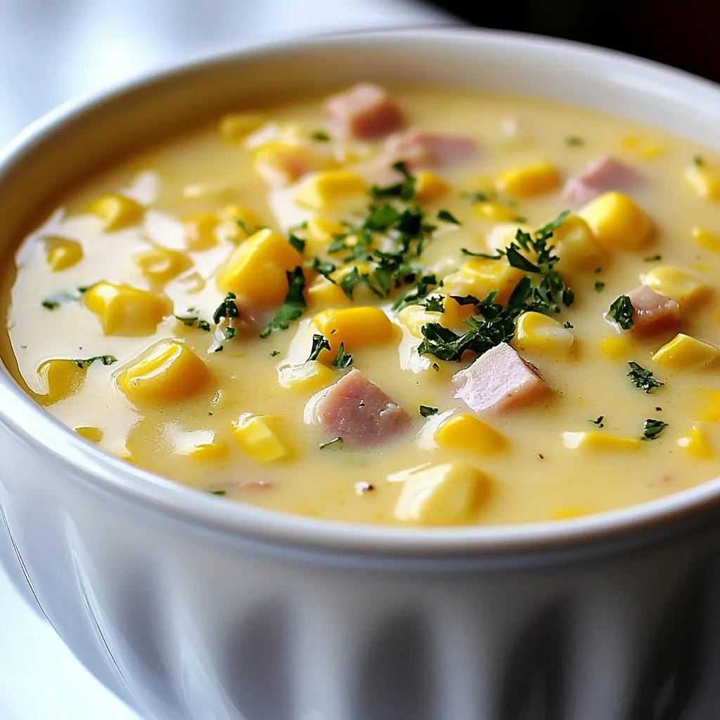 - 1 cup diced ham - 1 medium onion, chopped - 2 cloves garlic, minced - 3 medium potatoes, peeled and diced - 1 can (15 oz) sweet corn, drained - 4 cups chicken broth - 1 cup heavy cream - 2 tablespoons butter - 1 teaspoon dried thyme - Salt and pepper to taste To make a tasty creamy ham and corn chowder, these ingredients are key. The diced ham gives it a nice, savory depth. I love using fresh onion and garlic for flavor. Potatoes add a hearty touch, making the soup feel filling. Sweet corn brings a natural sweetness that balances the dish. Chicken broth helps tie everything together, creating a warm base. Heavy cream is essential for that rich, creamy texture. Don't forget the thyme, salt, and pepper to enhance the flavors. - Fresh parsley - Heavy cream drizzle Garnishes elevate your chowder. Fresh parsley adds color and a fresh taste. A drizzle of heavy cream on top gives a lovely presentation and extra creaminess. These simple touches make your chowder feel special. Enjoy the warmth and comfort of this dish! {{ingredient_image_1}} First, gather your ingredients. You will need diced ham, onion, garlic, potatoes, corn, chicken broth, cream, butter, thyme, salt, and pepper. 1. In a large pot, melt the butter over medium heat. 2. Add the chopped onion and minced garlic. Sauté until the onion is soft and clear, about 4-5 minutes. The smell is amazing! 3. Next, stir in the diced ham. Cook for about 3 minutes. This lets the ham flavors mix well. 1. Now, add the diced potatoes to the pot. Pour in the chicken broth and sprinkle in the thyme. 2. Bring everything to a boil. Once boiling, lower the heat to a simmer. Cover the pot and let it cook for 15-20 minutes. The potatoes should become tender. 3. When the potatoes are ready, add the drained corn and heavy cream. Stir well to mix everything. Let it simmer for another 5 minutes. This thickens the chowder nicely. 1. Taste the chowder. Add salt and pepper to make it just right for you. 2. Turn off the heat and let the chowder sit for a few minutes. 3. Serve the chowder hot in bowls. Top with fresh parsley for color. If you like, drizzle some heavy cream on top. Enjoy with crusty bread! To make your chowder creamy, you need heavy cream. This thickens the soup and adds richness. Without it, your chowder may feel thin. Use a full cup of heavy cream for the best results. Stirring is also key. When you add the cream, stir gently. This helps mix it well without breaking down your ingredients. Don't rush this step; let the cream blend in slowly. To boost flavors, add spices like thyme. This gives your chowder a warm, herby taste. You can also try adding fresh herbs like parsley. They brighten the dish and add freshness. Want more texture? Consider adding extra veggies. Carrots or celery work well. You can even add proteins like shredded chicken or beans for a heartier meal. Be careful not to overcook your potatoes. If they get too soft, they can break apart. Aim for fork-tender cubes that still hold their shape. Another mistake is skipping seasoning adjustments. Always taste your chowder before serving. You might need more salt or pepper to enhance the flavors. Adjust as needed for the best taste. Pro Tips Use Leftover Ham: This chowder is a great way to use up leftover ham from holiday meals or other dishes, adding depth of flavor to your soup. Adjust Creaminess: For a lighter version, substitute half of the heavy cream with milk or use a plant-based cream alternative. Add Vegetables: Feel free to include additional vegetables such as carrots or celery for extra nutrients and flavor. Storage Tips: This chowder keeps well in the fridge for up to 3 days. Reheat gently on the stove and add a splash of broth if it thickens too much. {{image_2}} For those needing gluten-free options, use gluten-free broth and check your ham. Many hams are gluten-free, but always verify the label. If you want a dairy-free chowder, substitute heavy cream with coconut milk. This adds a nice flavor and keeps it creamy. You can switch up the flavor by using smoky ham or bacon. The smokiness adds depth and richness to the chowder. For some heat, add spices like cayenne or paprika. Start with a little, taste, and add more as you like. Using fresh corn can make your chowder taste even better. If you prefer canned corn, that works too! You can also try different broth options. Vegetable broth gives a lighter taste, while turkey broth adds a richer flavor. Your creamy ham and corn chowder will stay fresh in the fridge for about 3 to 4 days. Make sure to store it in a sealed container. When you want to reheat, pour the chowder into a pot. Heat it on low to medium heat. Stir often to keep it from sticking. You can also use the microwave. Just heat it in short bursts and stir in between. You can freeze chowder, but it’s best to freeze it without the heavy cream. This helps keep the texture smooth. To freeze, let the chowder cool completely. Then, pour it into freezer bags or containers. Leave some space for expansion. When you want to enjoy it, thaw it in the fridge overnight. To reheat, follow the same steps as for refrigeration, adding cream after warming. This keeps it creamy and delicious. To make your chowder thicker, you can use cornstarch or flour. Mix one tablespoon of cornstarch or flour with cold water until smooth. Add this mix to the chowder while it simmers. Stir well and let it cook for a few minutes. This will help thicken the soup nicely. Another way to thicken your chowder is by blending a portion of the soup. Use an immersion blender or a regular blender. Blend about a cup of the chowder until smooth, then stir it back in. This adds creaminess without needing extra ingredients. Yes, you can use leftover ham for this recipe. It’s a great way to reduce waste and add flavor. Chop your leftover ham into small pieces. Add it to the pot with the onion and garlic as you start the recipe. This will infuse the chowder with rich, smoky flavor. If you have a lot of ham, feel free to add more than a cup. The more ham, the heartier the chowder! Creamy ham and corn chowder pairs well with crusty bread. A nice loaf of sourdough or a baguette works great for dipping. You can also serve a fresh salad on the side to balance the meal. Another option is to add some crackers. They add a nice crunch and are easy to enjoy with the chowder. Enjoying your chowder with these sides will make it a complete meal! In this post, I shared how to make a creamy ham and corn chowder. We explored the main ingredients, cooking steps, and tips for achieving the best flavor and texture. Remember to stir well to ensure perfect creaminess. Don’t skip seasoning, and feel free to customize with your favorite spices. You can also adapt this recipe for dietary needs. With proper storage, your chowder can stay fresh for days. Enjoy this tasty recipe, and don’t hesitate to experiment with different flavors. You’ll create a dish that delights!