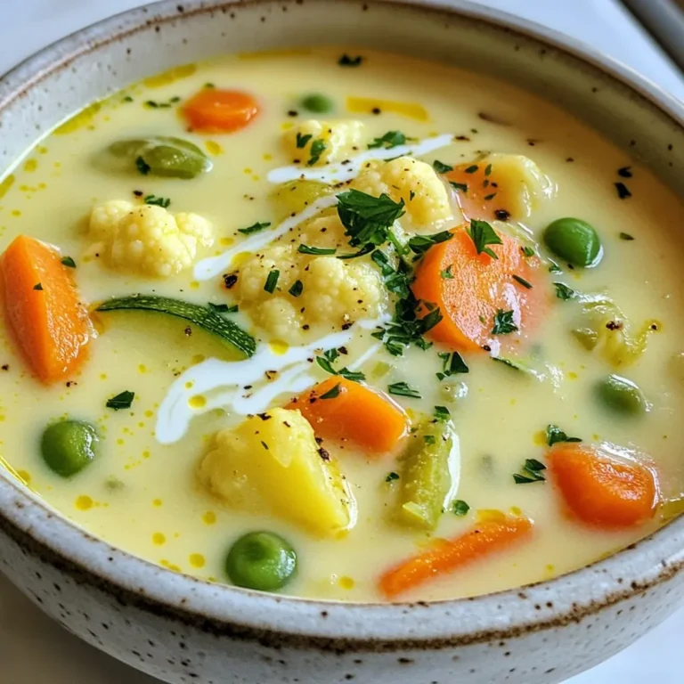 To make this creamy vegetable soup, you need a few key ingredients: - 1 tablespoon olive oil - 1 medium onion, diced - 2 cloves garlic, minced - 2 medium carrots, peeled and diced - 2 celery stalks, diced - 1 zucchini, diced - 1 cup green beans, trimmed and cut into 1-inch pieces - 1 cup cauliflower florets - 4 cups vegetable broth - 1 cup coconut milk (or heavy cream for a richer texture) - 1 teaspoon dried thyme - 1 teaspoon dried basil - Salt and pepper to taste - Fresh parsley, chopped (for garnish) These ingredients bring a nice mix of flavors and textures to the soup. The olive oil helps sauté the onion and garlic, making them fragrant. Fresh vegetables add color and nutrition. Vegetable broth forms the base, while coconut milk or cream gives it that creamy goodness. You can add some extra herbs and spices to boost the taste of your soup: - Additional herbs: Try using fresh thyme or basil if you have them. - Spices: A pinch of paprika or cumin can add warmth. - Garnishes: Top with croutons or a swirl of more coconut milk for flair. These optional ingredients can make your soup unique. They add depth and personality, so feel free to experiment. {{ingredient_image_1}} 1. Sautéing the onion and garlic: Start by heating one tablespoon of olive oil in a large pot over medium heat. Add one medium diced onion and two minced garlic cloves. Cook for about three to four minutes until they soften and smell great. 2. Cooking the vegetables: Next, add two diced carrots and two diced celery stalks. Let them cook for about five minutes until they start to soften. Then, stir in one diced zucchini, one cup of trimmed green beans, and one cup of cauliflower florets. Cook these for another three to four minutes. 1. How to achieve a creamy texture: Pour in four cups of vegetable broth and bring it to a boil. Once it boils, lower the heat and let it simmer for about fifteen minutes, or until the veggies are tender. Now, add one teaspoon each of dried thyme and basil, followed by one cup of coconut milk. Stir well and let it simmer for another five minutes. 2. Adjusting seasoning: Taste the soup and add salt and pepper to your liking. When it’s just right, remove it from the heat. Use an immersion blender to blend the soup until it's smooth and creamy. If you don’t have one, you can carefully transfer the soup to a blender in batches. Blend until it’s velvety and delightful. Ladle the soup into bowls and garnish with fresh chopped parsley before serving. Enjoy your creamy vegetable soup! To cut vegetables evenly, use a sharp knife. A sharp knife helps you slice without tearing. When you cut vegetables the same size, they cook evenly. Aim for small, bite-sized pieces. This way, they blend well and taste great. Simmering is key for flavor. After boiling your soup, lower the heat and let it simmer. Simmering for about 15 minutes makes the vegetables softer. This time allows the flavors to mix well. Be patient; it makes a big difference! Pair your creamy vegetable soup with crusty bread. The bread soaks up the soup nicely. You can also serve it with a side salad for a fresh touch. A light salad adds crunch and color to your meal. For presentation, use rustic bowls. Ladle the soup into bowls and drizzle coconut milk on top. A sprinkle of fresh parsley adds a nice pop of green. These simple touches make your dish look fancy! Pro Tips Fresh Vegetables: Using seasonal and fresh vegetables will enhance the flavor and nutrition of your soup. Visit local farmers' markets for the best picks! Texture Variation: For added texture, reserve some of the sautéed vegetables before blending and stir them back into the soup after blending. Herb Infusion: For a more intense herbal flavor, consider adding fresh herbs like basil or thyme towards the end of cooking rather than dried. Storage Tips: This soup keeps well in the fridge for up to 5 days. For longer storage, freeze in individual portions for quick meals later. {{image_2}} You can make this soup your own. First, think about dairy-free options. Instead of coconut milk, try almond milk or cashew cream. These will keep it creamy without dairy. Next, consider adding proteins. Beans, like chickpeas or white beans, add protein and fiber. If you prefer meat, diced chicken works well too. Just cook it with the onions for added flavor. This soup can travel the world with a few tweaks. Add spices like curry powder for an Indian flair. Toss in some cumin for a Mexican twist. You can also adjust the soup for seasonal vegetables. Use squash in fall or fresh peas in spring. This keeps the soup fresh and exciting all year round. To keep your creamy vegetable soup fresh, store it right. First, let the soup cool down to room temperature. Then, pour it into airtight containers. This helps keep the soup tasty and safe. - Refrigeration tips: Place the soup in the fridge. It will stay good for about 3 to 4 days. Always check for any signs of spoilage before eating. - Freezing instructions: If you want to save it longer, freezing is a great option. Use freezer-safe containers or bags. Label them with the date. Your soup will last for about 2 to 3 months in the freezer. When ready to eat, thaw it overnight in the fridge. When it comes time to enjoy your soup again, reheating is key. You want to keep it creamy and smooth. Here’s how to do it best. - Stovetop method: Pour the soup into a pot. Heat it over medium-low heat. Stir often to prevent it from sticking. If it seems thick, add a splash of broth or water to loosen it up. - Microwave method: Use a microwave-safe bowl. Cover the bowl loosely with a lid or plastic wrap. Heat it in short bursts, about 1 to 2 minutes. Stir in between to ensure even heating. These methods help keep the soup's great texture and flavor. Enjoy every bite of your creamy vegetable soup! How can I make it spicier? To add spice, include red pepper flakes or diced jalapeños. Start with a small amount. You can always add more! Stir them in when you add the vegetables. This adds heat without changing the soup's base flavor. Can I use frozen vegetables? Yes, you can use frozen vegetables! They are convenient and save prep time. Just add them in the same step as the fresh ones. If using frozen, you may need to cook the soup a bit longer. This allows the flavors to meld well. Caloric content and health benefits This creamy vegetable soup is light and healthy. Each serving has about 200 calories. It's rich in vitamins from the vegetables. The coconut milk adds healthy fats. This makes it a filling meal without being too heavy. Substitution ideas for various dietary restrictions For a vegan option, stick with coconut milk. If you need it gluten-free, use a gluten-free broth. To boost protein, add cooked beans or lentils. These options keep the soup tasty while meeting dietary needs. This blog post covered everything you need for creamy vegetable soup. We discussed essential ingredients like olive oil and fresh veggies. I shared steps to prepare and blend the soup for the right texture. Helpful tips ensured your soup is perfect every time. You learned about variations and how to store leftovers well. With these insights, you can make a delicious, satisfying soup that everyone will love. Enjoy cooking and experimenting with your favorite flavors!