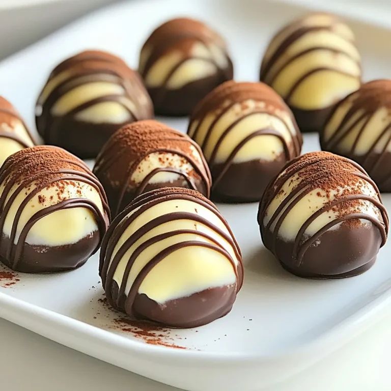 - 1 cup mascarpone cheese - 1 cup heavy cream - 1/2 cup powdered sugar - 1 teaspoon vanilla extract - 1/2 cup brewed espresso, cooled - 1 teaspoon cocoa powder (plus extra for rolling) - 1/2 cup chocolate wafer cookies, finely blended into crumbs - 1/4 cup dark chocolate, melted (for drizzling) To create Tiramisu Truffles, you need a few key ingredients. First, mascarpone cheese gives a creamy base. Heavy cream adds richness, while powdered sugar sweetens the mix. Next, flavoring ingredients like vanilla extract and brewed espresso bring that classic tiramisu taste. The cocoa powder adds depth and a hint of bitterness. For texture, chocolate wafer cookies bring a crunchy element. Finally, melted dark chocolate is perfect for drizzling on top. Each ingredient plays a vital role in making these truffles a delightful treat. {{ingredient_image_1}} 1. In a mixing bowl, combine the mascarpone cheese, heavy cream, powdered sugar, vanilla extract, espresso, and cocoa powder. 2. Use an electric mixer on medium speed. Beat the mixture until it forms soft peaks, about 3 to 5 minutes. 3. Gently fold in the finely blended chocolate wafer cookie crumbs. This adds taste and texture. 4. Chill the mixture in the fridge for about 30 minutes. This helps it firm up for easier handling. 5. Once chilled, scoop tablespoon-sized portions with a spoon. Roll them into balls using your hands. 6. Roll each truffle in cocoa powder to coat evenly. This gives a nice finish and extra flavor. 7. Place the truffles on a lined baking sheet. Drizzle the melted dark chocolate over them for added flavor and decoration. 8. Chill the truffles for at least an hour before serving. This helps them set and enhances the taste. To achieve the right texture for your tiramisu truffles, focus on the mixing. Start by blending the mascarpone cheese, heavy cream, powdered sugar, vanilla extract, cooled espresso, and cocoa powder. Use an electric mixer on medium speed. Beat until the mixture forms soft peaks, which takes about 3-5 minutes. Mixing techniques matter too. Gently fold in the finely blended chocolate wafer crumbs after the peaks form. This keeps air in the mixture, giving you light and fluffy truffles. For presentation, arrange the truffles in a decorative box or a small dessert platter. A sprinkle of cocoa powder or chocolate shavings adds a nice touch. When it comes to drinks, tiramisu truffles pair well with coffee or dessert wines. A rich cappuccino or a sweet dessert wine enhances the flavors in the truffles. Avoid over-mixing the truffle mixture. Over-mixing can lead to a dense texture. Keep it light and fluffy for the best results. Also, don’t skip the chilling time. Refrigerate the mixture for at least 30 minutes before rolling. This helps firm it up, making it easier to shape into balls. Chill the truffles for at least an hour after forming them. This sets the shape and enhances the flavor. Pro Tips Chill for Best Results: Make sure to chill the truffle mixture for at least 30 minutes. This helps the mixture firm up, making it easier to roll into perfect balls. Quality Ingredients Matter: Use high-quality mascarpone and dark chocolate for the best flavor. The richness of these ingredients enhances the overall taste of your truffles. Experiment with Flavors: Feel free to add a splash of your favorite liqueur, such as coffee or hazelnut, to the mixture for an adult twist on these delightful treats. Presentation is Key: For an elegant touch, serve your truffles in decorative boxes or on a beautiful platter, garnished with chocolate shavings or a dusting of cocoa powder. {{image_2}} You can make Tiramisu Truffles fit different diets easily. For a vegan version, swap the mascarpone cheese with a plant-based cream cheese. Use coconut cream for a rich texture. Replace heavy cream with almond milk whipped cream. This keeps the creaminess without dairy. For gluten-free options, use gluten-free chocolate wafer cookies. Many brands offer these now. Just check the label to ensure they are safe for your needs. This way, everyone can enjoy these tasty truffles. To enhance the taste, consider adding liqueurs. A splash of coffee liqueur or rum can give your truffles a nice kick. Mix it in when you blend the other ingredients. Just remember to adjust the espresso amount if you do this. You can also use different types of chocolate. Dark chocolate adds a rich taste, while white chocolate brings a sweet touch. Experiment with milk chocolate for a balanced flavor. Each type gives a unique twist to your truffles, so try them all. Seasonal spices can elevate your truffles. In fall, add a pinch of cinnamon or nutmeg for warmth. In spring, a hint of cardamom can bring a fresh taste. These small changes can make your truffles special for any occasion. Adding fruits or nuts can also change things up. Chopped almonds or hazelnuts bring a nice crunch. Dried fruits like cherries or cranberries add sweetness. Just mix them in before shaping the truffles. Each bite will surprise your guests with new flavors. To keep your Tiramisu Truffles fresh, store them in an airtight container. This helps prevent them from drying out. Place parchment paper between layers to avoid sticking. Truffles last about 5 days in the fridge. Always check for any signs of spoilage before eating. Yes, you can freeze Tiramisu Truffles! Freezing helps them last longer. To freeze, first place truffles on a baking sheet. Freeze them for about 1-2 hours until firm. Then transfer them to a freezer-safe bag or container. They can stay frozen for up to 3 months. To thaw, simply place them in the fridge for several hours or overnight. Avoid microwaving, as it can change the texture. After storage, serve truffles chilled for the best taste. You can also let them sit at room temperature for 10-15 minutes. This will enhance the flavor and texture. If they seem a bit dry, drizzle a little melted chocolate on top. This adds extra flavor and makes them look nice! Tiramisu Truffles take inspiration from the classic Italian dessert called tiramisu. Tiramisu means "pick me up" in Italian. It is a layered dessert with coffee-soaked ladyfingers and creamy mascarpone. This treat became popular in the 1960s in Treviso, Italy. Today, many dessert lovers enjoy the rich flavors in different forms. Truffles offer a fun, bite-sized way to savor that classic taste. They capture the same coffee and cocoa notes, making them a delightful treat. Yes, you can prepare Tiramisu Truffles ahead of time. They store well in the fridge for up to five days. To keep them fresh, place them in an airtight container. This will help them maintain their flavor and texture. You can also freeze them. For freezing, wrap each truffle in plastic wrap, then place them in a freezer bag. They can last up to three months in the freezer. When ready to enjoy, thaw them in the fridge overnight. If you want Tiramisu Truffles without espresso, you have a few options. You can use strong brewed coffee instead. This will give a similar flavor profile. Another option is to use decaffeinated coffee, which keeps the taste without the caffeine. For a unique twist, try using chocolate milk or vanilla almond milk. These alternatives keep the truffles creamy and sweet while changing the flavor a bit. Experimenting with these options can still lead to delicious truffles. In this blog post, we explored how to make delicious Tiramisu Truffles. We covered key ingredients like mascarpone, espresso, and chocolate. You learned step-by-step instructions for preparation, shaping, and serving these tasty treats. I shared helpful tips for achieving the right texture and avoiding common mistakes. You also discovered fun variations and storage tips to keep your truffles fresh. With this knowledge, you can create impressive desserts suited for any occasion. Enjoy crafting your Tiramisu Truffles, and let your culinary creativity shine!