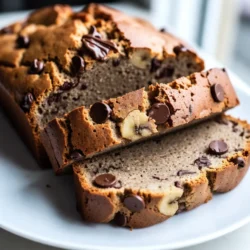 - 3 ripe bananas, mashed - 1/2 cup unsalted butter, melted - 3/4 cup granulated sugar - 1 large egg, beaten - 1 teaspoon vanilla extract - 1 teaspoon baking soda - 1/4 teaspoon salt - 1 1/2 cups all-purpose flour - 1/2 cup semi-sweet chocolate chips - Optional: 1/4 cup chopped walnuts Ripe bananas are the star of this recipe. They add natural sweetness and moisture. Use bananas that are brown and spotty for the best flavor. Unsalted butter brings richness and depth to the bread. Melt it first to help it blend easily with the bananas. Granulated sugar gives the bread a nice sweetness. You can adjust this based on your taste. A large beaten egg helps bind the ingredients together. It also adds fluffiness to the texture. Vanilla extract enhances the flavor of the bread. Just a teaspoon makes a big difference. Baking soda acts as a leavening agent. It helps the bread rise and become light. Salt balances the sweetness and improves the overall taste. A small amount goes a long way. All-purpose flour is the base of the bread. It gives structure and holds everything together. Semi-sweet chocolate chips provide bursts of chocolatey goodness. They melt slightly during baking, creating a gooey texture. If you like nuts, chopped walnuts add a nice crunch. They are optional but highly recommended for extra flavor. These ingredients work together to create a delicious treat. Each one plays a key role in making your chocolate chip banana bread easy and tasty. {{ingredient_image_1}} 1. Preheat your oven to 350°F (175°C). Grease a 9x5-inch loaf pan. This helps the bread not stick. 2. In a large bowl, mash 3 ripe bananas. Add 1/2 cup of melted unsalted butter. Stir until mixed well. 3. To the banana mix, add 3/4 cup granulated sugar and 1 beaten egg. Mix until everything is together. 4. Next, stir in 1 teaspoon of vanilla extract, 1 teaspoon baking soda, and 1/4 teaspoon of salt. Make sure it’s even. 5. Slowly add 1 1/2 cups of all-purpose flour. Mix just until combined. Be careful not to overmix. 6. Now, fold in 1/2 cup of semi-sweet chocolate chips and 1/4 cup of chopped walnuts if you want. This adds great flavor. 7. Pour the batter into the prepared loaf pan. Smooth the top with a spatula to make it nice. 8. Bake in the oven for 50-60 minutes. Check if it’s done by inserting a toothpick. It should come out clean. 9. Let the banana bread cool in the pan for 10 minutes. Then, move it to a wire rack to cool fully. - To check for doneness, insert a toothpick into the center of the bread. It should come out clean. If not, bake a bit longer. - Allow the bread to cool for the best taste. Cutting it warm can make it fall apart. To get the best banana bread, use ripe bananas. When bananas are ripe, they are soft and sweet. This helps your bread taste great and have a moist texture. Look for bananas with brown spots on the peel. These brown spots show that the bananas are sweet and ready to use. Avoid overmixing the batter. When you mix too much, the bread can become tough. Mix just until you see no dry flour. This keeps the bread light and fluffy. For a rich taste, I recommend using semi-sweet chocolate chips. They melt well and add sweetness without being too rich. If you want a deeper flavor, try dark chocolate chips. They bring a nice contrast to the sweet bananas. You can also add other flavors to your bread. Consider adding a sprinkle of cinnamon or nutmeg. A splash of almond extract can also make a big difference. If you like nuts, chopped walnuts give a nice crunch. Add them to the batter for extra texture. Pro Tips Choose Ripe Bananas: The riper the bananas, the sweeter and more flavorful your bread will be. Look for bananas with lots of brown spots for the best results. Don’t Overmix: When adding the flour, mix just until combined. Overmixing can lead to a dense and tough banana bread. Customize Your Add-ins: Feel free to substitute or add different ingredients like dried fruits, nuts, or even peanut butter chips for a unique twist. Store Properly: To keep your banana bread fresh, wrap it tightly in plastic wrap and store it at room temperature for up to 3 days, or freeze for longer storage. {{image_2}} You can easily change up your chocolate chip banana bread by adding nuts, fruits, or different chocolate types. Here are some tasty options: - Nuts: Chopped walnuts or pecans add a nice crunch. - Fruits: Diced apples or berries can bring extra flavor. - Chocolate Types: Use dark chocolate chips or white chocolate for a twist. If you want a healthier option, swap regular flour for whole wheat or almond flour. You can also try a gluten-free blend to fit dietary needs. Just check the package for the right amount to use. Adding new flavors can make your banana bread even more exciting. Here are a few ideas: - Extracts: Try using almond or coconut extract instead of vanilla. Each brings its own unique taste. - Spices: Add a pinch of cinnamon or nutmeg for warmth and depth. You can also adjust the sweetness. If you like it less sweet, cut back on the sugar. Taste the batter before baking to find your perfect balance! Store your chocolate chip banana bread at room temperature for the best taste. Keep it in an airtight container or wrap it in plastic wrap. This helps keep the bread moist and fresh. If your kitchen is warm, put it in the fridge. Cold can dry it out, so only do this if needed. For longer storage, freeze the banana bread. Wrap it tightly in plastic wrap or foil. Then, place it in a freezer bag to prevent freezer burn. When you want to enjoy it, let it thaw in the fridge overnight or at room temperature for a few hours. Chocolate chip banana bread lasts about 3 to 5 days on the counter. If you store it in the fridge, it can last up to a week. In the freezer, it stays good for 2 to 3 months. Just make sure to check for any signs of spoilage before eating. Can I use frozen bananas? Yes, you can use frozen bananas. Just thaw them first. They should be mushy and sweet. This works great for your banana bread. How can I make it vegan? To make it vegan, swap the egg for a flax egg. Mix one tablespoon of flaxseed meal with three tablespoons of water. Let it sit for five minutes. You can also use plant-based butter instead of regular butter. What can I substitute for eggs? You have several options. Use a flax egg, unsweetened applesauce, or mashed banana. Each of these works well in banana bread. Stick to 1/4 cup of any substitute for one egg. Can I make mini loaves instead of one large loaf? Yes, you can make mini loaves. Divide the batter into smaller pans. Bake them for about 25 to 30 minutes. Keep an eye on them as they bake. How do I know when the bread is done baking? Check for doneness with a toothpick. Insert it into the center of the loaf. If it comes out clean, your bread is ready. If it has batter on it, bake for a few more minutes. In this blog post, we explored how to make delicious banana bread. We looked at the key ingredients you need, like ripe bananas and chocolate chips. I shared step-by-step instructions that guide you from prep to baking. You learned tips for achieving the perfect texture and ways to customize flavors. Plus, I covered storage tips to keep your bread fresh. Banana bread is simple and fun to make. Enjoy experimenting with flavors and share your tasty results!