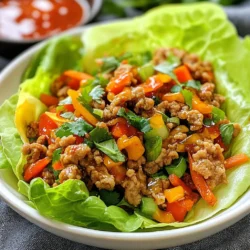 - 1 lb ground chicken - 1 tablespoon sesame oil - 2 garlic cloves, minced - 1 teaspoon ginger, minced - 1 red bell pepper, finely chopped - 1 carrot, shredded - 1 cup water chestnuts, diced - 3 green onions, finely chopped - ¼ cup soy sauce (reduced sodium) - 2 tablespoons hoisin sauce - 1 tablespoon sriracha (or more to taste) - 1 tablespoon rice vinegar - 1 teaspoon five-spice powder - Salt and pepper to taste - 1 head of butter lettuce (or iceberg lettuce) - Chopped cilantro and extra sriracha for garnish Gather these ingredients for a fun meal. Ground chicken is the star here. Use fresh veggies like red bell pepper and carrot for crunch. Water chestnuts add a nice texture too. For flavor, sesame oil, garlic, and ginger are key. They bring warmth and taste to the dish. The soy sauce, hoisin sauce, and sriracha give it that firecracker kick! Don't forget the rice vinegar and five-spice powder for an extra zing. Finally, the lettuce acts as your wrap. Butter lettuce works best for this recipe, but iceberg is fine too. Garnish with cilantro and extra sriracha for a bright finish! These ingredients come together to create a vibrant and tasty meal. You’ll love how easy it is to prepare and enjoy! {{ingredient_image_1}} To make Firecracker Ground Chicken Lettuce Wraps, start by gathering all your ingredients. This recipe takes about 25 minutes in total. You will need 10 minutes to prep and 15 minutes to cook. 1. Heat sesame oil: Start by heating 1 tablespoon of sesame oil in a large skillet over medium heat. 2. Sauté garlic and ginger: Add 2 minced garlic cloves and 1 teaspoon of minced ginger. Sauté for 1 minute until fragrant. 3. Brown the ground chicken: Add 1 pound of ground chicken to the skillet. Break it up with a spatula. Cook for 5 to 7 minutes, stirring often, until the chicken is browned and fully cooked. 4. Add vegetables to the skillet: Stir in 1 finely chopped red bell pepper, 1 shredded carrot, and 1 cup of diced water chestnuts. Cook for another 3 to 4 minutes until the veggies are tender. 5. Mix sauces with the chicken: In a bowl, mix together ¼ cup of reduced sodium soy sauce, 2 tablespoons of hoisin sauce, 1 tablespoon of sriracha, 1 tablespoon of rice vinegar, and 1 teaspoon of five-spice powder. Pour this sauce over the chicken mixture. 6. Stir everything together: Mix well until the chicken and veggies are evenly coated. Let it simmer for 2 to 3 minutes. Add salt and pepper to taste. 7. Finish with green onions: Remove the skillet from heat and stir in 3 finely chopped green onions. This step-by-step guide makes it easy to create tasty Firecracker Ground Chicken Lettuce Wraps. Enjoy the process and the delicious result! To achieve the best flavor in your Firecracker Ground Chicken Lettuce Wraps, focus on fresh ingredients. Use crisp vegetables like red bell pepper and carrots. This adds a nice crunch and bright flavor. Ensure you cook the ground chicken fully. Brown it in the skillet for about 5-7 minutes. It should reach an internal temperature of 165°F. This step makes sure the chicken is safe and tasty. Add the vegetables after browning the chicken. They will cook quickly and stay vibrant. Presentation matters for these wraps. Serve the chicken mix in a bowl next to the lettuce leaves. This way, everyone can create their own wraps. It’s fun and interactive! For garnishes, sprinkle chopped cilantro on top. A drizzle of extra sriracha adds a pop of color and flavor. You can also offer lime wedges for a zesty kick. Want to adjust the spice? Start with one tablespoon of sriracha. Taste the mix and add more if you like. You can swap sriracha for a milder sauce if desired. Consider using sweet chili sauce for a different flavor. This change gives a nice balance to the heat. Enjoy experimenting with flavors to find your perfect match! Pro Tips Fresh Ingredients: Always use fresh vegetables and herbs for the best flavor and texture in your wraps. Adjusting Spice Levels: Feel free to increase or decrease the sriracha based on your heat preference; start with a small amount and taste as you go. Make Ahead: You can prepare the chicken mixture ahead of time and store it in the fridge for up to 3 days. Just heat it up before serving. Serving Presentation: Serve the filling in a bowl with lettuce leaves on the side for a fun, interactive meal that everyone can customize. {{image_2}} You can swap the ground chicken for other proteins. Ground turkey or pork works well. If you want a meatless option, try crumbled tofu or tempeh. These swaps keep the dish tasty and fun. For veggies, mix things up! Use zucchini or mushrooms instead of bell peppers. You can also add spinach or kale for extra nutrients. The goal is to keep it colorful and crunchy. If you need a gluten-free option, use tamari instead of soy sauce. Always check the labels for hidden gluten. For a dairy-free option, this recipe is already perfect! Just skip any cheese toppings. You can also skip the hoisin sauce. Use coconut aminos for a sweet flavor without soy. These tweaks help meet different dietary needs. Serving this dish can be creative! Instead of lettuce wraps, try using rice paper. It’s a fun way to add a different texture. You can also serve the chicken mixture over rice or quinoa for a hearty meal. Another idea is to create a taco bar. Set out toppings like chopped cilantro, lime wedges, and extra sriracha. This way, everyone can customize their wraps! To store leftover chicken mixture, place it in an airtight container. Make sure it cools down first. You can keep it in the fridge for up to three days. For the lettuce, wrap each leaf in a damp paper towel. This keeps the lettuce crisp for longer. Store it in a sealed bag in the fridge. The best way to reheat the chicken mixture is in a skillet. Heat it over medium heat until warm. Stir it often to keep it from sticking. You can also use the microwave if you’re in a hurry. Just cover the bowl with a microwave-safe lid. This helps keep the moisture in. To maintain flavor and texture, add a splash of water or broth before reheating. This keeps it juicy and tasty. You can freeze the chicken mixture! Place it in a freezer-safe bag or container. Try to remove as much air as possible. It will stay good for up to three months in the freezer. To defrost, move it to the fridge overnight. You can also use the microwave on the defrost setting. After it’s thawed, reheat as mentioned above. Enjoy your meal later! What is the best lettuce for wraps? Butter lettuce works best for wraps. It is soft and holds the filling well. Iceberg lettuce also works. It adds a nice crunch. Can I make this recipe ahead of time? Yes, you can. Cook the chicken filling a day in advance. Store it in the fridge. Just reheat before serving. How do I make it less spicy? To reduce heat, cut back on sriracha. You can also skip it altogether. Use sweet sauce instead for flavor without heat. What sides go well with this dish? Serve with rice or noodles. A fresh salad balances the meal. You can also add some fruit for sweetness. Can I use ground turkey instead of chicken? Absolutely! Ground turkey works well. It has a similar texture and flavor. Just adjust cooking time if needed. You learned how to make tasty Firecracker Ground Chicken Lettuce Wraps. We covered ingredients, steps, and cooking tips for success. You can customize your dish with easy swaps, and store leftovers well. Keep your flavors bright and fresh for perfect wraps. I hope you enjoy trying this fun, healthy recipe!