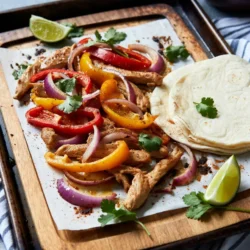 - 1.5 lbs boneless, skinless chicken breasts, sliced into thin strips - 2 bell peppers (one red, one yellow), sliced - 1 large red onion, sliced For the main part of the dish, I use tender chicken breasts, sweet bell peppers, and a large red onion. The chicken adds protein, while the peppers and onion bring color and flavor. Slicing the chicken and veggies into thin strips helps them cook evenly. - 3 tablespoons olive oil - 2 tablespoons fajita seasoning (store-bought or homemade) - 1 teaspoon garlic powder - 1 teaspoon cumin - Salt and pepper to taste The seasoning is key to great fajitas. I like to use olive oil as it adds richness. Fajita seasoning gives that classic taste, while garlic powder and cumin boost the flavor. Don't forget salt and pepper to bring everything together. - 8 small tortillas (flour or corn) - Fresh cilantro, chopped (for garnish) - Lime wedges (for serving) Finally, we need tortillas to wrap the filling. You can choose flour or corn based on your taste. Fresh cilantro adds a bright note, and lime wedges give a zesty kick when served. These garnishes complete the meal, making it colorful and tasty. {{ingredient_image_1}} 1. Preheat your oven to 400°F (200°C). This ensures even cooking for your fajitas. 2. Line a large baking sheet with parchment paper. This makes cleanup easy. 3. In a large bowl, mix together the sliced chicken, bell peppers, and red onion. This step combines all the tasty ingredients. 1. Drizzle 3 tablespoons of olive oil over the chicken and veggies. This adds flavor and helps the spices stick. 2. Sprinkle in 2 tablespoons of fajita seasoning, 1 teaspoon of garlic powder, 1 teaspoon of cumin, salt, and pepper. These spices bring bold flavor to your dish. 3. Toss everything together well. Make sure the chicken and veggies get a nice coating of oil and spices. 1. Spread the chicken and vegetable mixture evenly on the prepared baking sheet. This helps everything cook evenly. 2. Bake in the oven for 20-25 minutes. Stir halfway through to ensure even cooking. The chicken should be cooked through, and the veggies should be tender. 3. While the chicken and veggies bake, warm 8 small tortillas in a dry skillet over medium heat. Heat them for about 30 seconds on each side until they are soft. 4. When done, remove the baking sheet from the oven. Use two forks to shred the chicken slightly for easy serving. 5. Serve your fajitas right away with warm tortillas. Add fresh cilantro and a squeeze of lime for a bright finish. Enjoy your delicious meal! To ensure even cooking of chicken and vegetables, cut everything into similar sizes. Thin strips cook faster and stay juicy. Spread the chicken and veggies in one layer on the pan. This helps them roast, not steam. Stir halfway through cooking to mix flavors and avoid burning. When choosing tortillas, consider your family’s taste. Flour tortillas are soft and chewy. They hold more filling. Corn tortillas add a nice crunch and are gluten-free. Warm them in a skillet for better flavor. This makes them easier to fold and eat. For a fun and colorful presentation, serve the fajitas on a large platter. Arrange the chicken and veggies in the center. Add warm tortillas on the side. A small bowl of guacamole or sour cream complements the meal. Fresh lime wedges add a zesty touch. This allows everyone to build their own wraps. To enhance the meal, consider serving sides like rice or beans. A simple salad with avocado and tomatoes pairs well too. These sides add flavor and nutrition. If you want to adjust spice levels, you can easily do this. For milder fajitas, reduce the fajita seasoning. You can also skip the garlic powder or use less. If your family loves spice, add more cumin or a dash of cayenne pepper. You can experiment with different spices too. Try smoked paprika for a smoky taste. This way, each meal can be unique while still being delicious. Pro Tips Marinate for Flavor: For a deeper flavor, marinate the chicken in the fajita seasoning and olive oil for at least 30 minutes or up to overnight in the refrigerator. Use Fresh Veggies: Fresh, in-season bell peppers and onions not only taste better but also enhance the overall presentation of your fajitas. Don’t Overcrowd the Pan: Make sure to spread the chicken and vegetables in a single layer on the baking sheet to ensure even cooking and proper caramelization. Experiment with Toppings: Beyond cilantro and lime, try adding avocado, pico de gallo, or cheese for a personalized touch to each fajita. {{image_2}} You can switch the chicken for other proteins. Shrimp makes a great option. It cooks fast and brings a sweet taste. Beef is also tasty. Use flank steak or sirloin for best results. Slice it thinly for quick cooking. If you prefer plant-based options, tofu works well. Use firm tofu, drain it, and cut it into strips. Marinate it with the same spices for a great flavor. Adding more veggies can boost taste and nutrition. Zucchini is a fantastic choice. Slice it thin and toss it in with your chicken. Corn is another great addition. It adds sweetness and crunch. You can use fresh, frozen, or canned corn. Both veggies work well with fajita seasoning and give extra color to your dish. If you need to make it gluten-free, use corn tortillas instead of flour ones. They hold up well and taste great. For a low-carb option, skip the tortillas and serve the fajitas over a bed of lettuce. You can also use lettuce wraps. This way, you enjoy all the flavors without the carbs. These modifications keep the dish tasty while meeting your dietary needs. To store leftovers, first let them cool. Place the fajitas in an airtight container. This keeps them fresh and safe to eat. You can store them in the fridge for up to three days. If you want to keep them longer, freezing is a great option. For the best taste, reheat fajitas in the oven. Preheat your oven to 350°F (175°C). Spread the chicken and veggies on a baking sheet. Heat them for about 10-15 minutes until hot. You can also use a skillet over medium heat. Just stir often until warmed through. You can freeze fajitas too! Place the cooled fajitas in a freezer-safe bag. Squeeze out air to prevent freezer burn. They can last up to three months in the freezer. When ready to eat, thaw them in the fridge overnight before reheating. You can serve many tasty sides with your fajitas. Here are some great ideas: - Guacamole: Creamy and fresh, it adds a rich flavor. - Sour Cream: It cools down the spice and adds a nice touch. - Black Beans: They are hearty and full of protein. - Rice: Cilantro lime rice pairs well with the fajitas. - Pico de Gallo: Fresh salsa gives a burst of flavor. - Corn on the Cob: Sweet and crunchy, it complements the meal. Yes, you can use frozen chicken or vegetables. Here are some best practices: - Thaw First: Always thaw chicken and veggies in the fridge overnight. - Cook Time: Frozen chicken may take a bit longer to cook. - Even Cutting: Cut vegetables into even pieces for even cooking. - Season Well: Add seasoning to frozen ingredients for more flavor. Making your own fajita seasoning is easy. Here’s a simple recipe: - 1 tablespoon chili powder - 1 teaspoon garlic powder - 1 teaspoon cumin - 1 teaspoon paprika - 1 teaspoon onion powder - Salt and pepper to taste Mix all these ingredients in a small bowl. Use this mix to season your chicken and veggies. Adjust the spices to fit your taste. Enjoy the fresh flavor! This article covered the key elements for making delicious sheet pan chicken fajitas. We discussed the main ingredients like chicken, peppers, and onions, along with essential seasonings. You learned preparation steps, cooking times, and tips for serving. Now you can explore variations and storage tips to make the most of your meal. Remember, cooking is all about fun and creativity. Enjoy your fajitas, and share them with family and friends for a tasty experience!