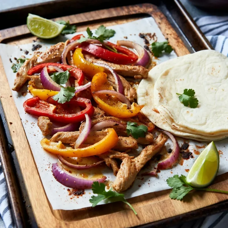 - 1.5 lbs boneless, skinless chicken breasts, sliced into thin strips - 2 bell peppers (one red, one yellow), sliced - 1 large red onion, sliced For the main part of the dish, I use tender chicken breasts, sweet bell peppers, and a large red onion. The chicken adds protein, while the peppers and onion bring color and flavor. Slicing the chicken and veggies into thin strips helps them cook evenly. - 3 tablespoons olive oil - 2 tablespoons fajita seasoning (store-bought or homemade) - 1 teaspoon garlic powder - 1 teaspoon cumin - Salt and pepper to taste The seasoning is key to great fajitas. I like to use olive oil as it adds richness. Fajita seasoning gives that classic taste, while garlic powder and cumin boost the flavor. Don't forget salt and pepper to bring everything together. - 8 small tortillas (flour or corn) - Fresh cilantro, chopped (for garnish) - Lime wedges (for serving) Finally, we need tortillas to wrap the filling. You can choose flour or corn based on your taste. Fresh cilantro adds a bright note, and lime wedges give a zesty kick when served. These garnishes complete the meal, making it colorful and tasty. {{ingredient_image_1}} 1. Preheat your oven to 400°F (200°C). This ensures even cooking for your fajitas. 2. Line a large baking sheet with parchment paper. This makes cleanup easy. 3. In a large bowl, mix together the sliced chicken, bell peppers, and red onion. This step combines all the tasty ingredients. 1. Drizzle 3 tablespoons of olive oil over the chicken and veggies. This adds flavor and helps the spices stick. 2. Sprinkle in 2 tablespoons of fajita seasoning, 1 teaspoon of garlic powder, 1 teaspoon of cumin, salt, and pepper. These spices bring bold flavor to your dish. 3. Toss everything together well. Make sure the chicken and veggies get a nice coating of oil and spices. 1. Spread the chicken and vegetable mixture evenly on the prepared baking sheet. This helps everything cook evenly. 2. Bake in the oven for 20-25 minutes. Stir halfway through to ensure even cooking. The chicken should be cooked through, and the veggies should be tender. 3. While the chicken and veggies bake, warm 8 small tortillas in a dry skillet over medium heat. Heat them for about 30 seconds on each side until they are soft. 4. When done, remove the baking sheet from the oven. Use two forks to shred the chicken slightly for easy serving. 5. Serve your fajitas right away with warm tortillas. Add fresh cilantro and a squeeze of lime for a bright finish. Enjoy your delicious meal! To ensure even cooking of chicken and vegetables, cut everything into similar sizes. Thin strips cook faster and stay juicy. Spread the chicken and veggies in one layer on the pan. This helps them roast, not steam. Stir halfway through cooking to mix flavors and avoid burning. When choosing tortillas, consider your family’s taste. Flour tortillas are soft and chewy. They hold more filling. Corn tortillas add a nice crunch and are gluten-free. Warm them in a skillet for better flavor. This makes them easier to fold and eat. For a fun and colorful presentation, serve the fajitas on a large platter. Arrange the chicken and veggies in the center. Add warm tortillas on the side. A small bowl of guacamole or sour cream complements the meal. Fresh lime wedges add a zesty touch. This allows everyone to build their own wraps. To enhance the meal, consider serving sides like rice or beans. A simple salad with avocado and tomatoes pairs well too. These sides add flavor and nutrition. If you want to adjust spice levels, you can easily do this. For milder fajitas, reduce the fajita seasoning. You can also skip the garlic powder or use less. If your family loves spice, add more cumin or a dash of cayenne pepper. You can experiment with different spices too. Try smoked paprika for a smoky taste. This way, each meal can be unique while still being delicious. Pro Tips Marinate for Flavor: For a deeper flavor, marinate the chicken in the fajita seasoning and olive oil for at least 30 minutes or up to overnight in the refrigerator. Use Fresh Veggies: Fresh, in-season bell peppers and onions not only taste better but also enhance the overall presentation of your fajitas. Don’t Overcrowd the Pan: Make sure to spread the chicken and vegetables in a single layer on the baking sheet to ensure even cooking and proper caramelization. Experiment with Toppings: Beyond cilantro and lime, try adding avocado, pico de gallo, or cheese for a personalized touch to each fajita. {{image_2}} You can switch the chicken for other proteins. Shrimp makes a great option. It cooks fast and brings a sweet taste. Beef is also tasty. Use flank steak or sirloin for best results. Slice it thinly for quick cooking. If you prefer plant-based options, tofu works well. Use firm tofu, drain it, and cut it into strips. Marinate it with the same spices for a great flavor. Adding more veggies can boost taste and nutrition. Zucchini is a fantastic choice. Slice it thin and toss it in with your chicken. Corn is another great addition. It adds sweetness and crunch. You can use fresh, frozen, or canned corn. Both veggies work well with fajita seasoning and give extra color to your dish. If you need to make it gluten-free, use corn tortillas instead of flour ones. They hold up well and taste great. For a low-carb option, skip the tortillas and serve the fajitas over a bed of lettuce. You can also use lettuce wraps. This way, you enjoy all the flavors without the carbs. These modifications keep the dish tasty while meeting your dietary needs. To store leftovers, first let them cool. Place the fajitas in an airtight container. This keeps them fresh and safe to eat. You can store them in the fridge for up to three days. If you want to keep them longer, freezing is a great option. For the best taste, reheat fajitas in the oven. Preheat your oven to 350°F (175°C). Spread the chicken and veggies on a baking sheet. Heat them for about 10-15 minutes until hot. You can also use a skillet over medium heat. Just stir often until warmed through. You can freeze fajitas too! Place the cooled fajitas in a freezer-safe bag. Squeeze out air to prevent freezer burn. They can last up to three months in the freezer. When ready to eat, thaw them in the fridge overnight before reheating. You can serve many tasty sides with your fajitas. Here are some great ideas: - Guacamole: Creamy and fresh, it adds a rich flavor. - Sour Cream: It cools down the spice and adds a nice touch. - Black Beans: They are hearty and full of protein. - Rice: Cilantro lime rice pairs well with the fajitas. - Pico de Gallo: Fresh salsa gives a burst of flavor. - Corn on the Cob: Sweet and crunchy, it complements the meal. Yes, you can use frozen chicken or vegetables. Here are some best practices: - Thaw First: Always thaw chicken and veggies in the fridge overnight. - Cook Time: Frozen chicken may take a bit longer to cook. - Even Cutting: Cut vegetables into even pieces for even cooking. - Season Well: Add seasoning to frozen ingredients for more flavor. Making your own fajita seasoning is easy. Here’s a simple recipe: - 1 tablespoon chili powder - 1 teaspoon garlic powder - 1 teaspoon cumin - 1 teaspoon paprika - 1 teaspoon onion powder - Salt and pepper to taste Mix all these ingredients in a small bowl. Use this mix to season your chicken and veggies. Adjust the spices to fit your taste. Enjoy the fresh flavor! This article covered the key elements for making delicious sheet pan chicken fajitas. We discussed the main ingredients like chicken, peppers, and onions, along with essential seasonings. You learned preparation steps, cooking times, and tips for serving. Now you can explore variations and storage tips to make the most of your meal. Remember, cooking is all about fun and creativity. Enjoy your fajitas, and share them with family and friends for a tasty experience!