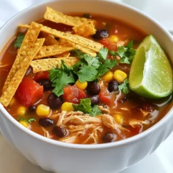 - 1 lb boneless, skinless chicken breasts - 1 can (15 oz) black beans, rinsed and drained - 1 can (15 oz) corn, drained - 1 can (14.5 oz) diced tomatoes with green chilies - 1 cup chicken broth - 1 small onion, diced - 2 cloves garlic, minced I love using boneless, skinless chicken breasts for this soup. They cook up tender and juicy. Black beans and corn add great texture and flavor. Diced tomatoes bring a nice kick with their green chilies. Chicken broth gives it a rich base, while onion and garlic add depth. - 1 teaspoon ground cumin - 1 teaspoon chili powder - 1/2 teaspoon smoked paprika - Salt and pepper to taste Spices are key to making this soup pop. Ground cumin gives a warm, earthy flavor. Chili powder adds a hint of heat, while smoked paprika gives a nice smokiness. Adjust salt and pepper to make it just right for you. - Fresh cilantro - Diced avocado - Shredded cheese - Tortilla strips Garnishes can take your soup to the next level. Fresh cilantro adds brightness. Diced avocado gives creaminess. Shredded cheese adds richness, and crisp tortilla strips provide a nice crunch. You can mix and match based on your taste! {{ingredient_image_1}} - First, you need to dice one small onion into small pieces. This adds great flavor. - Next, mince two cloves of garlic. This will give your soup a nice aroma. - Rinse and drain one can of black beans and one can of corn. This helps reduce excess salt. - Place the chicken breasts at the bottom of the crockpot. This will keep them juicy. - Add the rinsed black beans, corn, and one can of diced tomatoes with their juices. - Dice the onion and add it on top of the other ingredients. Then, add the minced garlic. - Pour in one cup of chicken broth. This will be the soup's base. - Sprinkle one teaspoon of ground cumin, one teaspoon of chili powder, and half a teaspoon of smoked paprika over the top. - Add salt and pepper to taste. Then, stir everything gently to combine. - Cover the crockpot and set it to cook on low for 6-7 hours. You can cook it on high for 3-4 hours if you're short on time. - When the cooking time is up, remove the chicken breasts. Use two forks to shred the chicken into pieces. - Return the shredded chicken to the soup. Squeeze one lime's juice into the mixture. This adds a bright, fresh flavor. - Taste the soup and adjust the seasoning if needed. Serve it hot, topped with crunchy tortilla strips and fresh cilantro. To make your soup just right, adjust the spices to your taste. Start with the recipe's amounts. Then, taste as you go. If you want more heat, add a touch more chili powder. If you like it smokier, increase the smoked paprika. Adding lime juice at the end brightens the soup. It gives a fresh flavor that cuts through the richness. Just squeeze in the juice and stir. Taste it again and see what you think. You can always add more. The cooking time can change based on how you set your crockpot. Cooking on low takes about 6-7 hours. Cooking on high is faster, at about 3-4 hours. To know when your soup is ready, look for a few signs. The chicken should be tender and easy to shred. The broth will smell amazing, and the veggies will be soft. Serving your soup nicely makes it even better. Use warm bowls to keep the soup hot. It also shows you care about the meal. For a pretty touch, garnish with extra tortilla strips. Add fresh cilantro and a wedge of lime on the side. Avocado and cheese are great options too. They add color and flavor, making your dish look delicious. Pro Tips Use Frozen Chicken: For an even easier prep, you can use frozen chicken breasts directly in the crockpot. Just add a little extra cooking time. Customize Your Spices: Feel free to adjust the spices to suit your taste. Add more chili powder for extra heat or some oregano for a different flavor profile. Make It Creamy: For a creamier soup, stir in a bit of cream cheese or sour cream right before serving. Store Leftovers Wisely: Store any leftovers in an airtight container in the fridge for up to 4 days, or freeze for longer storage. {{image_2}} You can easily change the chicken in the soup. Try using turkey instead. It has a nice flavor and works well. If you want a vegetarian option, use mushrooms or tofu. Both add texture and taste. You can also mix up the beans. Swap black beans for pinto or kidney beans. You can even skip the beans and add more veggies. Zucchini, bell peppers, or carrots all fit nicely in this soup. Want it milder? Skip the chili powder or just use less. You can also use sweet paprika instead of smoked. This will keep the soup tasty without the heat. If you want it spicier, add more chili powder or use jalapeños. Fresh herbs like cilantro or parsley can brighten up the flavor too. Don't be afraid to experiment with other spices like oregano or cayenne. For gluten-free options, use corn tortillas instead of regular ones. Check the broth label to ensure it’s gluten-free too. If you need a dairy-free version, skip the cheese and use avocado as a topping. Use vegetable broth for a vegan option. This way, you keep all the flavors without animal products. To store leftover soup, let it cool first. Pour it into a container. Use a tight lid to keep it fresh. I recommend glass or BPA-free plastic containers. These help keep the soup from spilling or tasting weird. In the fridge, the soup lasts about three to four days. To freeze the soup, cool it down completely first. Then, pour it into freezer bags or containers. Leave some space at the top, as the soup will expand. Seal them tightly. You can freeze the soup for up to three months. When ready to eat, thaw it overnight in the fridge. For reheating, you can use the microwave or stovetop. If using the microwave, heat in short bursts. Stir often to warm it evenly. On the stovetop, use a pot and heat on low. Stir it gently to keep the flavor and texture. Add a splash of broth if it seems too thick. Yes, you can use frozen chicken in your Crockpot. However, it is important to follow some tips. First, place frozen chicken breasts at the bottom of the pot. Next, add your other ingredients on top. Make sure the chicken cooks all the way through. Cook on high for 5-6 hours or low for 8-10 hours. Use a meat thermometer to check that the chicken reaches 165°F. This way, you'll enjoy a safe and tasty meal without thawing the meat first. You can store leftover Chicken Tortilla Soup in the fridge for about 3-4 days. Use a sealed container to keep it fresh. If you want to save it for longer, freeze it. The soup can stay good for up to 3 months in the freezer. Just make sure to use a freezer-safe container. When you're ready to eat it, thaw it overnight in the fridge. Reheat on the stove or in the microwave to enjoy again. Yes, you can easily make this soup vegetarian. Start by swapping the chicken for cooked beans or lentils. You can use a mix of black beans and pinto beans for extra flavor. Instead of chicken broth, use vegetable broth. Add more veggies such as bell peppers, zucchini, or corn to make it hearty. This way, you can enjoy a delicious vegetarian Chicken Tortilla Soup without missing out on taste. This Chicken Tortilla Soup is simple and tasty. You have learned about key ingredients, from chicken and beans to spices and garnishes. I shared easy steps for preparation, cooking, and serving. With some tips, you can adjust flavors and make variations to suit your taste. Remember to store your leftovers well and reheat them right. By following this guide, you'll create a warming dish everyone enjoys. Dive into your kitchen and whip up this fun meal!
