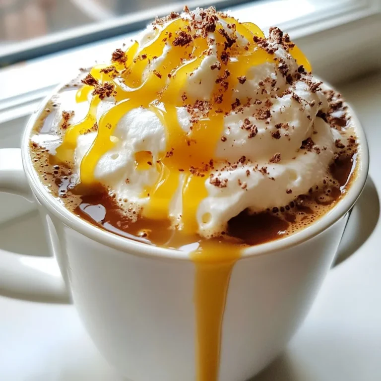 To make a hot salted caramel mocha, gather these ingredients: - 1 cup brewed espresso or strong coffee - 1 cup milk (dairy or non-dairy) - 2 tablespoons cocoa powder - 2 tablespoons caramel sauce (plus extra for drizzling) - ½ teaspoon sea salt - Whipped cream (optional for topping) - Chocolate shavings or cocoa powder (for garnish) You can swap some ingredients if needed: - Use instant coffee if you lack espresso. - Almond, soy, or oat milk work well instead of dairy milk. - Maple syrup can replace caramel sauce for a different flavor. - Use a sugar-free cocoa powder for a lower-calorie option. Choose high-quality ingredients for the best taste: - Freshly brewed coffee brings out rich flavors. - Use whole milk for creaminess; non-dairy options can be just as good. - Select pure cocoa powder for deep chocolate notes. - Opt for homemade caramel sauce if you can. It’s tastier and more fun! - Always use coarse sea salt, as it adds a lovely crunch and burst of flavor. These tips help you create a delightful drink that warms your soul. {{ingredient_image_1}} 1. Start by pouring 1 cup of milk into a small saucepan. 2. Add 2 tablespoons of cocoa powder to the milk. 3. Place the saucepan over medium heat. 4. Whisk the milk and cocoa mix continuously. 5. Keep whisking until the cocoa is fully dissolved and warm. 6. Now, add 2 tablespoons of caramel sauce to the warm mix. 7. Stir well until the caramel blends in. 8. Heat it for another minute, but don’t let it boil. 9. While that heats, brew 1 cup of espresso or strong coffee. 10. Pour the brewed coffee into a large mug. 11. Slowly pour the warm chocolate-caramel milk over the coffee. 12. Sprinkle ½ teaspoon of sea salt on top. 13. If you like, add whipped cream on top. 14. Drizzle extra caramel sauce over the cream. 15. Finish with a sprinkle of chocolate shavings or cocoa powder. I prefer using espresso for a rich flavor. Espresso gives a bold taste. Strong coffee is also a good choice. Just use double the coffee grounds. Brew it strong to balance the milk and cocoa. Both options work well, so choose what you like best. Whisking is key to a smooth drink. Use a whisk or frother to mix well. This helps dissolve the cocoa and caramel fully. Heat the mixture gently. High heat can scorch the milk. Keep an eye on it to avoid boiling. A steady, even heat will give the best results. To make the best hot salted caramel mocha, balance is key. Start with fresh espresso or strong coffee. Brew it right before you mix it with the milk. It helps keep the flavor strong. Use quality cocoa powder and caramel sauce for rich taste. Adjust the sea salt to fit your liking. A little salt brings out the sweet caramel flavor. One mistake is boiling the milk. Heat it gently to avoid a burnt taste. Another common error is adding too much cocoa. Stick to two tablespoons for a smooth mix. Make sure to whisk continuously when heating. This ensures even blending and no lumps. Lastly, don’t skip the sea salt. It’s essential for that salted caramel touch. Serve your hot salted caramel mocha in a large mug. Top it with whipped cream for extra creaminess. Drizzle more caramel sauce on top for a sweet finish. Add chocolate shavings or cocoa powder for a fancy look. Pair it with a chocolate croissant or a slice of cake for a delightful treat. Enjoy it with friends or on a cozy evening at home. Pro Tips Use Fresh Espresso: For the best flavor, use freshly brewed espresso or strong coffee. The quality of your coffee will significantly enhance the taste of your mocha. Adjust Sweetness: Feel free to adjust the amount of caramel sauce based on your preference. You can add more for a sweeter drink or reduce it for a less sugary version. Experiment with Milk: Try different types of milk, such as almond, oat, or soy, to find your favorite combination. Each will give a unique taste and texture to your mocha. Garnish Creatively: Get creative with your garnishes! Use crushed pretzels for a salty crunch or add a sprinkle of cinnamon for an extra layer of flavor. {{image_2}} You can easily make a dairy-free version. Use almond, oat, or coconut milk instead. These milks create a smooth and creamy texture. They work well with the cocoa and caramel. Follow the same steps in the recipe, just swap the milk. You will still enjoy the rich flavors and salted taste. If you want a lighter drink, there are good swaps. Use skim milk or a plant-based milk. You can also reduce the caramel sauce to one tablespoon. This change cuts down on sugar and calories. For a sweet taste without the calories, try a sugar substitute. These choices help keep the flavor strong while being more health-conscious. Add a fun twist by introducing seasonal flavors. For fall, add pumpkin spice to your mocha. Just mix in one teaspoon of pumpkin spice with the cocoa powder. This addition gives a warm, cozy flavor. You can also top it with whipped cream and a sprinkle of cinnamon. It’s a great way to enjoy the holidays in a cup! You can store leftovers in an airtight container. Place it in the fridge. The drink stays fresh for up to three days. If you have whipped cream on top, it is best to remove it before storing. To reheat, pour the drink into a small pot. Warm it over low heat. Stir gently to mix the flavors. Avoid boiling it, as that can change the taste. You can make this drink ahead of time. Prepare the cocoa and caramel milk mixture and store it in the fridge. Brew your coffee fresh when you are ready to enjoy. This way, you keep the flavors bright and rich. A Hot Salted Caramel Mocha is a warm drink that mixes coffee, cocoa, and caramel. It has rich flavors and a touch of sea salt. This drink is perfect for cold days. You can enjoy it as a treat or pick-me-up. The espresso adds a strong coffee taste. The milk makes it creamy and smooth. The caramel sauce gives it sweetness, while sea salt enhances the flavors. It's a delightful blend for any coffee lover. Yes, you can make some parts in advance. Brew your coffee or espresso ahead of time. You can also warm the milk and cocoa mix ahead. Just store both in the fridge. When you are ready to drink, heat them up again. Mix the coffee and milk together, and add salt. This way, you save time and enjoy your drink faster. You can find Hot Salted Caramel Mocha at many coffee shops. Major chains like Starbucks often have it on the menu. Some local cafes may also offer this drink. Check their seasonal specials, too. If you want to make it at home, follow the recipe. You can create your own version anytime! This blog post shared all you need for a Hot Salted Caramel Mocha. We discussed the ingredients, tips for perfect preparation, and flavor tricks. You learned about pleasing variations and how to store your drink. Avoid common mistakes to enjoy this treat fully. Remember, you can make this in advance and impress your friends. Enjoy your warm mocha, and get creative with flavors! Embrace the joy of coffee and make it your own.