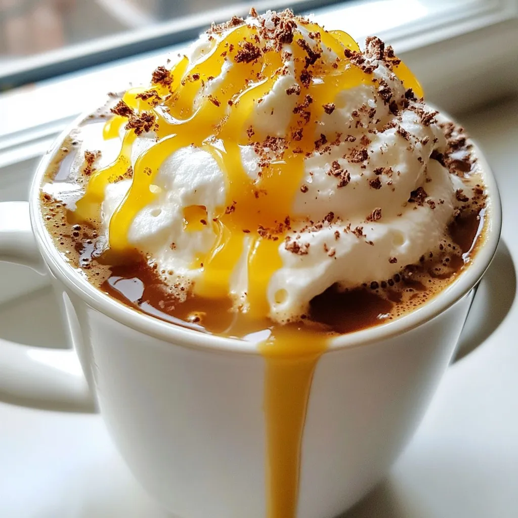 To make a hot salted caramel mocha, gather these ingredients: - 1 cup brewed espresso or strong coffee - 1 cup milk (dairy or non-dairy) - 2 tablespoons cocoa powder - 2 tablespoons caramel sauce (plus extra for drizzling) - ½ teaspoon sea salt - Whipped cream (optional for topping) - Chocolate shavings or cocoa powder (for garnish) You can swap some ingredients if needed: - Use instant coffee if you lack espresso. - Almond, soy, or oat milk work well instead of dairy milk. - Maple syrup can replace caramel sauce for a different flavor. - Use a sugar-free cocoa powder for a lower-calorie option. Choose high-quality ingredients for the best taste: - Freshly brewed coffee brings out rich flavors. - Use whole milk for creaminess; non-dairy options can be just as good. - Select pure cocoa powder for deep chocolate notes. - Opt for homemade caramel sauce if you can. It’s tastier and more fun! - Always use coarse sea salt, as it adds a lovely crunch and burst of flavor. These tips help you create a delightful drink that warms your soul. {{ingredient_image_1}} 1. Start by pouring 1 cup of milk into a small saucepan. 2. Add 2 tablespoons of cocoa powder to the milk. 3. Place the saucepan over medium heat. 4. Whisk the milk and cocoa mix continuously. 5. Keep whisking until the cocoa is fully dissolved and warm. 6. Now, add 2 tablespoons of caramel sauce to the warm mix. 7. Stir well until the caramel blends in. 8. Heat it for another minute, but don’t let it boil. 9. While that heats, brew 1 cup of espresso or strong coffee. 10. Pour the brewed coffee into a large mug. 11. Slowly pour the warm chocolate-caramel milk over the coffee. 12. Sprinkle ½ teaspoon of sea salt on top. 13. If you like, add whipped cream on top. 14. Drizzle extra caramel sauce over the cream. 15. Finish with a sprinkle of chocolate shavings or cocoa powder. I prefer using espresso for a rich flavor. Espresso gives a bold taste. Strong coffee is also a good choice. Just use double the coffee grounds. Brew it strong to balance the milk and cocoa. Both options work well, so choose what you like best. Whisking is key to a smooth drink. Use a whisk or frother to mix well. This helps dissolve the cocoa and caramel fully. Heat the mixture gently. High heat can scorch the milk. Keep an eye on it to avoid boiling. A steady, even heat will give the best results. To make the best hot salted caramel mocha, balance is key. Start with fresh espresso or strong coffee. Brew it right before you mix it with the milk. It helps keep the flavor strong. Use quality cocoa powder and caramel sauce for rich taste. Adjust the sea salt to fit your liking. A little salt brings out the sweet caramel flavor. One mistake is boiling the milk. Heat it gently to avoid a burnt taste. Another common error is adding too much cocoa. Stick to two tablespoons for a smooth mix. Make sure to whisk continuously when heating. This ensures even blending and no lumps. Lastly, don’t skip the sea salt. It’s essential for that salted caramel touch. Serve your hot salted caramel mocha in a large mug. Top it with whipped cream for extra creaminess. Drizzle more caramel sauce on top for a sweet finish. Add chocolate shavings or cocoa powder for a fancy look. Pair it with a chocolate croissant or a slice of cake for a delightful treat. Enjoy it with friends or on a cozy evening at home. Pro Tips Use Fresh Espresso: For the best flavor, use freshly brewed espresso or strong coffee. The quality of your coffee will significantly enhance the taste of your mocha. Adjust Sweetness: Feel free to adjust the amount of caramel sauce based on your preference. You can add more for a sweeter drink or reduce it for a less sugary version. Experiment with Milk: Try different types of milk, such as almond, oat, or soy, to find your favorite combination. Each will give a unique taste and texture to your mocha. Garnish Creatively: Get creative with your garnishes! Use crushed pretzels for a salty crunch or add a sprinkle of cinnamon for an extra layer of flavor. {{image_2}} You can easily make a dairy-free version. Use almond, oat, or coconut milk instead. These milks create a smooth and creamy texture. They work well with the cocoa and caramel. Follow the same steps in the recipe, just swap the milk. You will still enjoy the rich flavors and salted taste. If you want a lighter drink, there are good swaps. Use skim milk or a plant-based milk. You can also reduce the caramel sauce to one tablespoon. This change cuts down on sugar and calories. For a sweet taste without the calories, try a sugar substitute. These choices help keep the flavor strong while being more health-conscious. Add a fun twist by introducing seasonal flavors. For fall, add pumpkin spice to your mocha. Just mix in one teaspoon of pumpkin spice with the cocoa powder. This addition gives a warm, cozy flavor. You can also top it with whipped cream and a sprinkle of cinnamon. It’s a great way to enjoy the holidays in a cup! You can store leftovers in an airtight container. Place it in the fridge. The drink stays fresh for up to three days. If you have whipped cream on top, it is best to remove it before storing. To reheat, pour the drink into a small pot. Warm it over low heat. Stir gently to mix the flavors. Avoid boiling it, as that can change the taste. You can make this drink ahead of time. Prepare the cocoa and caramel milk mixture and store it in the fridge. Brew your coffee fresh when you are ready to enjoy. This way, you keep the flavors bright and rich. A Hot Salted Caramel Mocha is a warm drink that mixes coffee, cocoa, and caramel. It has rich flavors and a touch of sea salt. This drink is perfect for cold days. You can enjoy it as a treat or pick-me-up. The espresso adds a strong coffee taste. The milk makes it creamy and smooth. The caramel sauce gives it sweetness, while sea salt enhances the flavors. It's a delightful blend for any coffee lover. Yes, you can make some parts in advance. Brew your coffee or espresso ahead of time. You can also warm the milk and cocoa mix ahead. Just store both in the fridge. When you are ready to drink, heat them up again. Mix the coffee and milk together, and add salt. This way, you save time and enjoy your drink faster. You can find Hot Salted Caramel Mocha at many coffee shops. Major chains like Starbucks often have it on the menu. Some local cafes may also offer this drink. Check their seasonal specials, too. If you want to make it at home, follow the recipe. You can create your own version anytime! This blog post shared all you need for a Hot Salted Caramel Mocha. We discussed the ingredients, tips for perfect preparation, and flavor tricks. You learned about pleasing variations and how to store your drink. Avoid common mistakes to enjoy this treat fully. Remember, you can make this in advance and impress your friends. Enjoy your warm mocha, and get creative with flavors! Embrace the joy of coffee and make it your own.